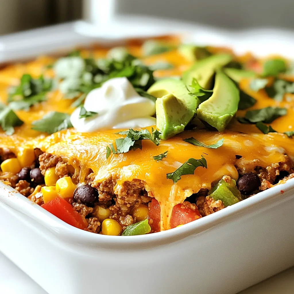 - 1 pound ground turkey or beef - 1 can (15 oz) black beans, drained and rinsed - 1 can (15 oz) corn, drained - 1 can (10 oz) diced tomatoes with green chilies - 1 packet taco seasoning The main ingredients are the base of your taco casserole. Ground turkey or beef gives it a hearty taste. Black beans and corn add texture and nutrition. Diced tomatoes with green chilies bring a nice kick. The taco seasoning ties all these flavors together. - 1 1/2 cups cooked rice (brown or white) - 1 1/2 cups shredded cheddar cheese - 1 cup salsa - 1 cup bell peppers, diced (red and green for color) - 1 cup onion, diced - Salt and pepper to taste Now let's add some extra goodness. Cooked rice makes it filling. Shredded cheddar cheese melts into a creamy layer. Salsa gives it that zesty punch. Bell peppers and onions add crunch and color. Don’t forget to season with salt and pepper. - Sour cream - Avocado slices - Fresh cilantro These toppings make your casserole shine. Sour cream adds a cool creaminess. Avocado slices bring a rich flavor. Fresh cilantro gives a fresh touch. Feel free to mix and match these toppings to suit your taste! {{ingredient_image_1}} First, heat a skillet over medium heat. Add one pound of ground turkey or beef. Cook it until it is no longer pink. This should take about 5 to 7 minutes. While cooking, season the meat with salt and pepper to taste. Once done, drain any excess fat. This step keeps the casserole from becoming greasy. Next, transfer the browned meat to the slow cooker. Now, add all the other ingredients. You will need: - 1 can (15 oz) black beans, drained and rinsed - 1 can (15 oz) corn, drained - 1 can (10 oz) diced tomatoes with green chilies - 1 packet taco seasoning - 1 1/2 cups cooked rice (brown or white) - 1 cup salsa - 1 cup bell peppers, diced (red and green for color) - 1 cup onion, diced Stir everything together well. This mixes all the flavors and makes each bite tasty. Cover the slow cooker and set it to cook. You have two options here. For a slow and steady cook, set it on low for 4 to 6 hours. If you are in a hurry, you can cook it on high for 2 to 3 hours. About 20 minutes before you serve, sprinkle 1 1/2 cups of shredded cheddar cheese on top. Cover it again until the cheese melts. When ready, give the casserole a gentle stir. It’s now ready to enjoy! Seasoning is key in any dish. For this taco casserole, use salt and pepper wisely. You want to bring out the flavors of your ingredients. Taco seasoning adds a hit of spice. I recommend trying a mix of spices if you want more depth. Fresh ingredients make a big difference. Use ripe tomatoes and crisp bell peppers. They add great taste and color. If you can, go for organic veggies. They often have better flavor. Garnishing elevates your dish. Top your casserole with a dollop of sour cream. Add sliced avocado for creaminess. Fresh cilantro gives it a nice pop of color. Pair the casserole with a simple salad. A crisp green salad adds freshness. You can also serve it with warm bread for a hearty meal. Prep your ingredients in advance. Chop the bell peppers and onions the night before. This saves time on busy days. You can also brown the meat ahead of time. Store it in the fridge until you’re ready to cook. If you have leftovers, freezing is a great option. Portion them into containers. This way, you can enjoy your casserole later. Just remember to label them with the date for easy tracking. Pro Tips Use Lean Meat: Opt for ground turkey or lean beef to keep the casserole healthy without sacrificing flavor. Customize Your Beans: Feel free to swap black beans for pinto or kidney beans depending on your taste preference. Layering Flavors: Add a pinch of smoked paprika or cumin for an extra depth of flavor that enhances the taco seasoning. Make-Ahead Option: Prepare the casserole the night before and refrigerate it, then simply set it in the slow cooker in the morning for an easy meal. {{image_2}} You can easily swap the meat in this dish. Using chicken instead of turkey or beef works great. Chicken brings a lighter taste. It also absorbs the taco flavors well. You can also choose different beans or grains. Instead of black beans, try pinto or kidney beans. You could use quinoa or farro instead of rice. These swaps add unique flavors and textures. To boost the flavor, add more spices or sauces. Try extra chili powder or cumin for heat. A splash of hot sauce can make it exciting. You can also mix in your favorite salsa for added zest. Incorporate more veggies for a colorful dish. Zucchini or spinach are excellent choices. They cook down nicely and add nutrients. Plus, they blend well with the other ingredients. For plant-based options, substitute meat with lentils or black beans. These add protein and fiber. They also soak up the delicious taco spices. If you want to go vegan, use dairy-free cheese. Brands like Daiya or Violife melt nicely. They provide that cheesy flavor without animal products. This way, everyone can enjoy the casserole! To store your taco casserole, use an air-tight container. This keeps the flavors fresh. Let the casserole cool before sealing it. It lasts up to four days in the fridge. When you're ready to eat, just take it out and reheat. If you want to freeze portions, divide the casserole into small containers. Label them with the date. It can stay frozen for up to three months. To thaw, move a portion to the fridge for several hours or overnight. For quick thawing, you can use the microwave. You can safely reheat in the microwave or the oven. For the microwave, heat in 30-second intervals, stirring in between. This ensures even heating. If you use the oven, preheat to 350°F. Place the casserole in a dish, cover it with foil, and heat for about 20 minutes. This way, it warms up nicely. Yes, you can! To make a vegetarian version, swap the ground turkey or beef for plant-based meat, such as lentils or crumbled tofu. Use black beans as your main protein. You can also add more vegetables like zucchini, mushrooms, or spinach. These will give texture and flavor. Make sure to choose a taco seasoning that is vegetarian-friendly. This way, you get all the taste without the meat. There are many ways to add spice! You can add extra chili powder or cayenne pepper for heat. If you like a smoky flavor, try adding smoked paprika. You can also mix in diced jalapeños or serrano peppers. If you prefer fresh herbs, cilantro or fresh lime juice can brighten the dish. Just be careful; add a little at a time. You can always taste and adjust as you go. This dish pairs well with many sides. A fresh salad with lettuce, tomatoes, and avocado is a great choice. You can also serve it with tortilla chips for crunch. A side of Mexican rice or guacamole complements the flavors nicely. If you like something warm, consider cornbread. These sides will make your meal even more enjoyable. This blog post covered everything you need for a tasty taco casserole. I shared key ingredients like ground turkey, black beans, and fresh veggies. You learned how to prepare the meat and mix flavors in a slow cooker. We discussed tips for the best taste and how to store leftovers properly. Enjoy experimenting with variations, like meat swaps or cooking methods. This dish is easy and fun to make. Now, gather your ingredients and create something delicious today.