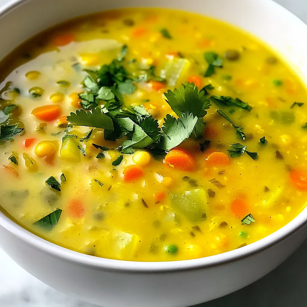 Here is a list of the ingredients you need to make Vegan Lemon Lentil Turmeric Soup: - 1 cup green or brown lentils, rinsed - 1 medium onion, diced - 2 cloves garlic, minced - 1 carrot, diced - 2 celery stalks, diced - 1 teaspoon turmeric powder - 1 teaspoon ground cumin - 6 cups vegetable broth - 1 lemon (zest and juice) - Salt and pepper to taste - 2 tablespoons olive oil - Fresh cilantro or parsley for garnish Each ingredient plays a key role in the taste and health of this soup. Lentils provide protein and fiber. They are also low in fat. Onions and garlic add flavor and help your immune system. Carrots and celery give a nice crunch and more nutrients. Turmeric and cumin bring warmth and depth to the flavor. Don't forget the lemon! It adds brightness and a fresh zing. Olive oil gives richness, while salt and pepper balance all the flavors. Finally, use fresh herbs like cilantro or parsley to top it off. They add color and a burst of freshness. With these ingredients ready, you can start making a soup that warms the soul and nourishes the body. Enjoy the process of cooking, and let the aromas fill your kitchen. {{ingredient_image_1}} - Heat 2 tablespoons of olive oil in a large pot. - Add 1 medium diced onion and 2 minced garlic cloves. - Sauté until the onion becomes translucent, about 5 minutes. This step builds the soup's foundation. The onion and garlic add rich flavors. The olive oil helps with cooking and adds healthy fats. - Stir in 1 diced carrot and 2 diced celery stalks. - Cook for an additional 4-5 minutes until slightly softened. - Sprinkle in 1 teaspoon of turmeric and 1 teaspoon of cumin. Mix everything well to coat the veggies with spices. This step adds color and warmth to the dish. Turmeric and cumin bring health benefits too. - Add 1 cup of rinsed lentils and 6 cups of vegetable broth to the pot. - Bring to a boil, then reduce the heat to simmer. Cover the pot and let it cook for about 25-30 minutes. This allows the lentils to absorb flavors and become tender. As the lentils cook, they will soften and thicken the soup. The broth helps create a warm and comforting dish. To make your soup creamy, use an immersion blender. Blend only half of the soup for a nice mix of smooth and chunky. This gives your soup a rich feel. If you don't have a blender, you can mash some lentils with a fork. For flavor, always taste as you go. Add salt and pepper slowly. A little at a time helps avoid over-seasoning. You can also squeeze in extra lemon juice for brightness. This adds a fresh lift. Cooking lentils well is key. Rinse them before cooking to remove dirt. Cook them in the broth, not water. This helps them soak up all the flavor. Check them after 25 minutes. They should be soft but not mushy. When it comes to veggies, chop them evenly. This helps them cook at the same time. Sauté them until they are just soft. This keeps their color bright and taste fresh. Enjoy the vibrant look of your soup as much as its taste! Pro Tips Soaking Lentils: Soaking your lentils for a few hours can reduce cooking time and enhance their digestibility. Adjusting Consistency: If you prefer a thinner soup, simply add more vegetable broth or water to reach your desired consistency. Flavor Boost: For an extra flavor boost, consider adding a bay leaf or a sprig of thyme while simmering the soup. Storage Tips: This soup stores well in the refrigerator for up to 5 days and can also be frozen for longer storage. Just reheat before serving! {{image_2}} You can switch up the lentils in this soup. Black beans or chickpeas work well. Quinoa or barley can also add a nice texture. For herbs, try using dill or basil instead of cilantro or parsley. Each herb brings its unique flavor. Want some heat? Add a pinch of cayenne or chili powder. This spice brings warmth without hiding the soup's zest. Pair this soup with crusty bread or a fresh salad. These sides complement the soup and add crunch. Enjoy your meal with a squeeze of extra lemon for brightness. To keep your Vegan Lemon Lentil Turmeric Soup fresh, store it in an airtight container. Make sure the soup cools down before sealing it. This helps stop bacterial growth. It lasts in the fridge for about 4 to 5 days. If you want to enjoy it later, freezing is a great option. To freeze leftovers, let the soup cool first. Then, pour it into freezer-safe bags or containers. Leave some space at the top for expansion. This keeps the soup from bursting. When you want to eat it, take it out of the freezer and place it in the fridge overnight to thaw. For reheating, warm it on the stove over low heat. Stir often to avoid sticking. You can also microwave it in a bowl. Just cover it to keep moisture in. Enjoy your soup with fresh flavor! Yes, you can use other lentils. Red lentils cook faster and become soft. Green or brown lentils hold their shape better. Each type adds a different texture to the soup. Experiment with your favorite lentils for varied flavor! Absolutely! This soup stores well in the fridge. It can last up to five days. Just let it cool before storing it in an airtight container. You can also freeze it for up to three months. Simply thaw and reheat when you're ready to enjoy! To spice it up, add some red pepper flakes. You can also add a chopped jalapeño for heat. For more flavor, try adding smoked paprika or a splash of hot sauce. Fresh herbs like thyme or basil can enhance the taste, too. Experiment to find your perfect blend! Yes, you can blend part of the soup for creaminess. Use an immersion blender or a regular blender. Blend until you reach your desired texture. This adds a rich and smooth feel to the soup without using dairy. This soup pairs well with crusty bread or a fresh salad. A side of quinoa or brown rice also complements it. You can even serve it with a dollop of vegan yogurt for added creaminess! Store leftovers in an airtight container. Keep it in the fridge for up to five days. For longer storage, freeze it in portions. This way, you can enjoy it later without waste. This blog post outlined a tasty lentil soup recipe, showing you the best ingredients and steps. You learned about cooking lentils, using spices, and storing leftovers. Remember to mix and match your flavors for variety. The soup is a warm hug in a bowl, perfect for any day. Enjoy your creation, and don’t hesitate to share your own twists! Each bowl is a chance to explore new tastes. Keep on cooking and have fun with it!