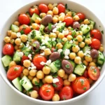 - 1 can (15 oz) chickpeas - 1 cup cherry tomatoes - 1 cucumber - 1/2 red onion - 1/2 cup Kalamata olives - 1/4 cup feta cheese For this Minute Mediterranean Chickpea Salad, the main ingredients are simple and fresh. Chickpeas serve as the base. They add protein and fiber, making the salad filling. I love using cherry tomatoes because they burst with flavor. The cucumber adds a nice crunch. Red onion provides a sharp bite, while Kalamata olives bring a salty touch. Feta cheese adds creaminess and tang. - Juice of 1 lemon - 3 tablespoons olive oil - 1 teaspoon dried oregano - Salt and pepper to taste The dressing is quick and easy. Fresh lemon juice gives a bright flavor. Olive oil adds richness, and oregano brings an earthy taste. Don’t forget to add salt and pepper to enhance the flavors. - Fresh parsley - Whole olives For a pop of color, I like to add fresh parsley. It also adds a fresh taste. Whole olives make a lovely garnish, too. They enhance the Mediterranean vibe of the dish. - Rinsing and draining chickpeas: Start by opening the can of chickpeas. Pour them into a colander and rinse under cold water. This step removes excess salt and makes the chickpeas taste fresh. Let them drain well before using. - Chopping vegetables: Next, grab your fresh veggies. Halve the cherry tomatoes and dice the cucumber. Finely chop the red onion. Each vegetable adds color and crunch to your salad. - Crumbling feta cheese: Take your block of feta cheese and crumble it into small pieces. This adds a creamy texture and salty flavor. Make sure you have about 1/4 cup ready for mixing. - Combining lemon juice, olive oil, and spices: In a small bowl, squeeze the juice of one lemon. Add three tablespoons of olive oil, one teaspoon of dried oregano, and a pinch of salt and pepper. - Whisking for even consistency: Use a whisk or fork to mix everything well. The dressing should blend into a smooth mixture. This will coat your salad and enhance the flavors. - Mixing the ingredients: In a large mixing bowl, combine the rinsed chickpeas, chopped cherry tomatoes, diced cucumber, red onion, sliced Kalamata olives, and crumbled feta cheese. - Tossing with dressing: Pour the dressing over the salad. Gently toss everything together. Make sure all ingredients get a nice coat of that zesty dressing. - Final addition of parsley: Chop two tablespoons of fresh parsley and sprinkle it over the salad. Give it one last gentle toss. This adds freshness and a pop of color. Now, let your salad sit for about five minutes. This allows the flavors to mix together well. Enjoy your fresh and easy Minute Mediterranean Chickpea Salad! Letting the salad sit for a few minutes helps the flavors mix. This gives the dressing time to soak into the chickpeas and veggies. If you want a brighter taste, add more lemon juice. This will boost the salad’s freshness and make it even more delicious. You can serve this salad in a large bowl. It looks great and is easy to share. If you want individual servings, try using small mason jars. They are fun and perfect for picnics. This salad pairs well with grilled meats or warm pita bread. The flavors complement each other nicely. Feel free to add more vegetables like bell peppers. They add color and crunch to your salad. You can also swap out the feta cheese for a dairy-free option if needed. This keeps the salad tasty and friendly for many diets. {{image_2}} You can turn this salad into a grain bowl by adding quinoa or bulgur. These grains give your meal more texture and make it filling. Cook the quinoa or bulgur according to the package instructions. Mix the cooked grains with the chickpeas and veggies. This choice adds a nice nutty taste and boosts the nutrition in your meal. For a protein boost, mix in grilled chicken or more chickpeas. Grilled chicken adds a savory flavor. If you want more plant-based options, use extra chickpeas. Both choices make the salad heartier. Just chop the chicken into bite-sized pieces and fold it into the mix. It is a simple way to make the dish more satisfying. You can easily make this salad vegan by omitting feta cheese or using a plant-based cheese. There are many dairy-free cheese options that taste great. Just find one that melts well or crumbles nicely. This keeps the salad creamy without using animal products. You can still enjoy all those fresh flavors while sticking to your vegan diet. To keep your Minute Mediterranean Chickpea Salad fresh, store it in an airtight container. This helps lock in flavors and keeps the salad crunchy. Placing it in the fridge is key. The cold slows down spoilage and keeps the veggies crisp. How long will the salad last? If stored properly, this salad lasts about 3 to 5 days in the fridge. Look for signs of spoilage. If the salad smells off or the veggies look slimy, it’s time to toss it. Always trust your senses when it comes to food safety. This salad is best served cold, so there’s no need to reheat it. If you want to refresh the flavors, add a touch more lemon juice and olive oil. This dish works well for meal prep. You can pack it for lunch, and it tastes even better the next day as the flavors meld. Yes, you can prep this salad ahead of time. To do this, chop your veggies and mix them with the chickpeas. Leave out the dressing until you are ready to serve. This keeps everything fresh. You can store the salad in the fridge for up to two days. Just remember to toss in the dressing before serving. This way, the flavors will shine through. If you don't have Kalamata olives, you can use other types. Green olives work well as a substitute. You could also try black olives for a milder taste. If you want a different flavor, capers can add a nice salty kick. Just pick what you like best! Yes, this recipe is gluten-free. All the ingredients listed are safe for those avoiding gluten. The chickpeas, veggies, and feta cheese have no flour or grains. This makes it a great option for everyone, including those with gluten sensitivity. Enjoy this fresh salad worry-free! This blog covered an easy and tasty salad recipe. You learned about essential ingredients, step-by-step prep, and flavor tips. Enjoy customizing the salad to fit your taste. Remember to store it properly for the best shelf life. This salad is not only healthy but fit for any meal. Try it out and see how you can make it your own. Your kitchen will thank you!