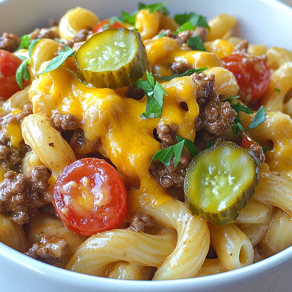 To make Loaded Cheeseburger Pasta, you need these key items: - 8 oz. macaroni or pasta of choice - 1 lb ground beef - 1 small onion, finely chopped - 2 cloves garlic, minced - 1 cup cherry tomatoes, halved - 1 cup cheddar cheese, shredded - 1 cup cream cheese, softened - 1/2 cup beef broth - 1 tbsp ketchup - 1 tbsp mustard - 1 tsp Worcestershire sauce - Salt and pepper to taste - 1/4 cup pickles, chopped (optional, for garnish) - Fresh parsley, chopped (optional, for garnish) You can swap some ingredients if needed. Here are a few ideas: - Use ground turkey or chicken for a leaner meat option. - Substitute cream cheese with Greek yogurt for a lighter sauce. - Try diced bell peppers instead of cherry tomatoes for extra crunch. - Whole wheat pasta works well if you prefer a healthier noodle choice. - Use a dairy-free cheese for a lactose-free version of the dish. Choosing fresh ingredients makes your dish taste better. Here are some tips: - Ground Beef: Look for beef with a bright red color. It should feel firm, not sticky. - Onions and Garlic: Pick firm onions with dry skins. Garlic should be plump and have no sprouts. - Cherry Tomatoes: Select tomatoes that are plump and shiny. They should feel heavy for their size. - Cheese: Choose cheese blocks and shred them yourself for better flavor. - Herbs: If using fresh parsley, make sure it is vibrant green and not wilted. These tips help you pick the best ingredients for your Loaded Cheeseburger Pasta. Happy cooking! {{ingredient_image_1}} First, grab a large pot and fill it with water. Add a good pinch of salt. Bring the water to a boil. Once it bubbles, toss in 8 ounces of macaroni or your favorite pasta. Cook it until it’s al dente, which means it should still have a little bite. This usually takes about 7-9 minutes, but check the package for exact times. After cooking, drain the pasta in a colander and set it aside. Next, take a large skillet and heat it over medium heat. Add 1 pound of ground beef to the skillet. Use a wooden spoon to break it up as it cooks. Cook for about 5-7 minutes until it turns brown. If there’s extra fat, drain it out. This step gives your dish great flavor and texture. With the beef browned, it’s time to make the sauce. Add 1 small, finely chopped onion and 2 minced cloves of garlic to the beef. Sauté these for about 3 minutes until the onion is soft and clear. Then, stir in 1 cup of halved cherry tomatoes. Let them cook for 2 minutes. After that, lower the heat and add 1/2 cup of beef broth, 1 tablespoon of ketchup, 1 tablespoon of mustard, and 1 teaspoon of Worcestershire sauce. Finally, mix in 1 cup of softened cream cheese. Stir until the cream cheese melts and the sauce is smooth and creamy. Now, it’s time to bring everything together. Add the cooked pasta to the skillet. Toss it well with the sauce so that every piece is coated. Gradually mix in 1 cup of shredded cheddar cheese until it melts into the dish. Taste your creation and add salt and pepper as needed. You can also add more ketchup or mustard if you want a tangier flavor. To serve, spoon the Loaded Cheeseburger Pasta into bowls or a big serving dish. For a fun touch, you can garnish it with chopped pickles and fresh parsley. When mixing in the cheese, stir gently but quickly. This helps it melt evenly. If you find the sauce too thick, add a splash of beef broth or pasta water to loosen it up. Enjoy your delicious meal! To get the best pasta, follow a few key steps. First, use a large pot with plenty of water. This keeps the pasta from sticking. Add a good amount of salt to the water, like one tablespoon per gallon. This adds flavor to the pasta as it cooks. Bring the water to a rolling boil before adding the pasta. Cook the pasta according to the package time, but check it a minute early for al dente. Drain it well and set it aside. You can boost the flavor of your Loaded Cheeseburger Pasta easily. Start with fresh ingredients. Fresh garlic and onions give a nice depth. Don't skip the Worcestershire sauce; it adds a savory kick. If you want a tangy touch, adjust your ketchup and mustard amounts. For a little heat, try adding a pinch of cayenne pepper or some chopped jalapeños. Fresh parsley not only adds color but also brightens the taste. Having the right tools makes cooking easier. Use a large pot for boiling pasta. A good skillet is essential for browning the beef. A wooden spoon works well for stirring, but a spatula can help when mixing in the cheese. If you have a colander, that’s great for draining pasta. Lastly, measuring cups and spoons help you keep track of ingredients, ensuring your dish comes out just right. Pro Tips Cook Pasta Al Dente: Ensure your pasta is cooked al dente for the perfect texture. It will continue to cook slightly when mixed with the sauce. Use Lean Ground Beef: Opt for lean ground beef to reduce excess grease in your dish, making it healthier and more flavorful. Customize Cheese Varieties: Feel free to mix different types of cheese like mozzarella or pepper jack for added flavor and creaminess. Add Spice: For a kick, consider adding a pinch of cayenne pepper or some diced jalapeños to the beef while cooking. {{image_2}} You can make Loaded Cheeseburger Pasta healthier with a few easy swaps. Try using lean ground beef. This cuts down on fat while keeping the flavor. You can also use whole grain pasta. Whole grain adds fiber, making the dish more filling and nutritious. If you want a meatless dish, there are great options. Plant-based meat works well in this recipe. It mimics ground beef and absorbs the same flavors. You can also use lentils for a hearty option. Just cook the lentils first, then follow the same steps used for the meat. Spice up your Loaded Cheeseburger Pasta with new flavors. Add a pinch of smoked paprika for a smoky kick. You can also mix in some Italian seasoning for a different taste. Try using different cheeses too. Pepper jack cheese adds a spicy twist, while mozzarella gives a creamy texture. Experimenting with toppings like jalapeños or crispy bacon can elevate your dish even more. To keep your Loaded Cheeseburger Pasta fresh, cool it first. Place it in an airtight container. Make sure to store it in the fridge. It will last for about three to four days. If you want to enjoy it later, avoid adding the garnishes until you serve. When you're ready to eat, reheat your pasta gently. You can use the microwave or a skillet. If using a microwave, heat in short bursts. Stir between each burst to help it heat evenly. If using a skillet, add a splash of beef broth to keep it creamy. Heat over low heat, stirring gently. If you want to freeze your Loaded Cheeseburger Pasta, it's best to do this before adding cheese. Prepare the pasta and sauce, then let it cool. Transfer it to a freezer-safe container. It can last up to three months in the freezer. When ready to eat, thaw in the fridge overnight. Then, reheat and add cheese before serving. You can prepare Loaded Cheeseburger Pasta ahead of time. First, cook the pasta and make the sauce as usual. Once cooked, let it cool. Then, store it in the fridge in an airtight container. You can keep it for up to three days. When ready to eat, just reheat it on the stove or in the microwave. Add a splash of beef broth to keep it creamy. Yes, you can use any pasta you like. Shells, rotini, or even gluten-free pasta work well. Just follow the cooking time on the package. The key is to ensure the pasta is cooked al dente. This gives it a nice bite and prevents sogginess when mixed with the sauce. You can serve Loaded Cheeseburger Pasta with a side salad or garlic bread. A fresh garden salad adds crunch and lightness. Garlic bread complements the creamy pasta. You could even serve it with some crispy potato chips for extra texture. To make Loaded Cheeseburger Pasta dairy-free, swap the cream cheese for a dairy-free cream cheese. Use a dairy-free cheese for the cheddar too. There are many great options available now. Be sure to check labels, as some brands may have hidden dairy. This way, you can still enjoy the creamy goodness without the dairy. In this post, we explored key ingredients, cooking steps, and tips for Loaded Cheeseburger Pasta. Choosing fresh ingredients along with smart substitutions can enhance this dish. I shared simple instructions to cook pasta and brown beef, plus ways to make the sauce creamy and cheesy. Consider variations and storage tips to keep meals fresh longer. With these insights, you can make this dish your own while ensuring everyone enjoys it. By trying out new flavors and methods, you can create a memorable meal that delights all eaters.