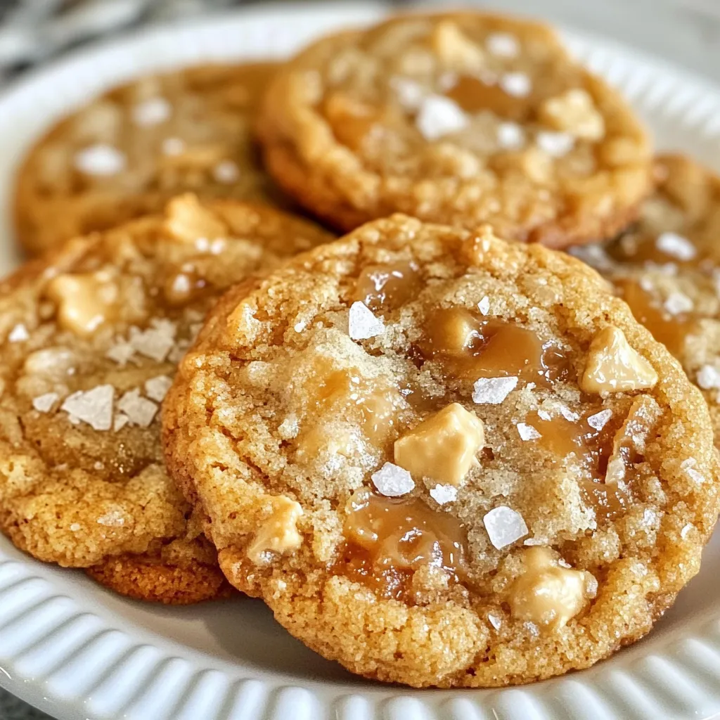 To make crispy salted caramel cookies, gather these ingredients: - 1 cup unsalted butter, softened - 1 cup brown sugar, packed - ½ cup granulated sugar - 2 large eggs - 1 teaspoon vanilla extract - 2 ½ cups all-purpose flour - 1 teaspoon baking soda - ½ teaspoon salt - 1 cup caramel chips - ½ cup sea salt flakes (for topping) You can swap some ingredients if needed: - Use coconut oil instead of unsalted butter for a vegan option. - Replace brown sugar with coconut sugar for a different flavor. - Substitute granulated sugar with honey or maple syrup for a natural sweetener. - Use egg replacers like flax eggs if you want to make it egg-free. - For gluten-free cookies, replace all-purpose flour with a gluten-free blend. Select the best ingredients for great flavor: - Choose high-quality unsalted butter for a rich taste. - Look for pure vanilla extract, not imitation, for better flavor. - Use fresh eggs for the best texture and taste. - Select caramel chips that melt well and have a rich caramel flavor. - Opt for coarse sea salt flakes; they add a nice crunch and balance the sweetness. {{ingredient_image_1}} Start by getting your kitchen ready. First, preheat your oven to 350°F (175°C). This makes sure your cookies bake evenly. Next, line two baking sheets with parchment paper. This helps your cookies not stick. You can also gather your ingredients so everything is easy to find. This includes butter, sugars, eggs, and caramel chips. Now, let's mix the dough. In a large bowl, cream together the softened butter, brown sugar, and granulated sugar. Do this for about 2-3 minutes until it is light and fluffy. Next, add the eggs one at a time. Mix well after each egg, then stir in the vanilla extract. In a separate bowl, whisk the flour, baking soda, and salt together. Gradually add this dry mix to the wet ingredients. Mix just until the dough comes together. Finally, gently fold in the caramel chips. Make sure they are evenly spread throughout the dough. It's time to bake! Using a cookie scoop or tablespoon, drop spoonfuls of dough onto the prepared baking sheets. Space them about 2 inches apart for even baking. Before you put them in the oven, sprinkle a pinch of sea salt flakes on the dough balls. Bake for 10-12 minutes, or until the edges are golden brown. The centers should still be soft. After baking, let the cookies cool on the sheets for 5 minutes. Then, transfer them to a wire rack to cool completely. Enjoy the aroma as they cool! To get the best texture for your crispy salted caramel cookies, follow these tips: - Use softened butter. This helps create a light and fluffy dough. - Cream the butter and sugars until they look pale. This takes about 2-3 minutes. - Don’t overmix the dough after adding flour. Mix just until combined to keep them soft. - Let the cookies cool slightly on the baking sheet. This helps them firm up without getting too hard. To keep your cookies fresh, follow these storage tips: - Place cooled cookies in an airtight container. This helps them stay soft and delicious. - Use parchment paper between layers of cookies. This prevents them from sticking together. - Store the container in a cool, dry place. Avoid heat and moisture to keep them fresh longer. These cookies taste great on their own, but here are some fun ideas: - Serve them warm with a scoop of vanilla ice cream. The warm cookie pairs well with cold ice cream. - Drizzle extra caramel on top for a sweet touch. This adds flavor and makes them look fancy. - Enjoy with a cup of coffee or milk. The flavors blend perfectly together, making a nice treat. Pro Tips Chill the Dough: For even thicker cookies, chill the dough for at least 30 minutes before baking. This helps prevent spreading and gives a chewier texture. Use High-Quality Caramel Chips: Opt for premium caramel chips for richer flavor. They melt beautifully and ensure that every bite is deliciously sweet. Check for Doneness: Keep a close eye on the cookies while baking. Remove them when the edges are golden brown, and the center still looks slightly underbaked for the best texture. Storage Tips: Store cookies in an airtight container at room temperature for up to a week, or freeze them for longer freshness. Just let them cool completely before sealing. {{image_2}} You can make these cookies even more fun by adding different mix-ins. Try adding nuts, like chopped pecans or walnuts, for a nice crunch. You can also use chocolate chips for a sweet twist. If you love fruit, consider adding dried cranberries or cherries. These additions add flavor and texture, making each bite exciting. To make these cookies gluten-free, just swap the all-purpose flour for a gluten-free blend. Look for blends that contain xanthan gum, as it helps with texture. You can also use almond flour or coconut flour, but adjust the amount. Each flour type has different properties, so you may need to experiment to find the right texture. For a unique taste, try using flavored caramels. Sea salt caramel adds a nice touch. You can also find caramel with hints of vanilla or chocolate. These flavors can change the whole cookie experience. Just make sure the caramel you choose melts well. This way, you keep that gooey, delicious inside. To keep your crispy salted caramel cookies fresh, store them in an airtight container. This will prevent them from getting stale. Place a piece of parchment paper between layers of cookies. This helps avoid sticking. Try to eat them within a week for the best taste. You can freeze these cookies for future enjoyment. Allow them to cool completely before freezing. Place them in a freezer-safe bag or container. Make sure to remove as much air as possible. Cookies can last up to three months in the freezer. When you want one, just thaw it at room temperature. The best containers for cookie storage are glass or plastic with tight seals. Glass jars look great on your counter too! If you choose plastic, make sure it is BPA-free. These containers keep your cookies fresh and tasty. Yes, you can use salted butter. However, it may change the cookie's taste. The sea salt flakes might make the cookies too salty. If you choose salted butter, skip the added salt in the recipe. This way, you keep the balance of flavors right. These cookies stay fresh for about a week. Store them in an airtight container. They can also keep longer in the fridge, up to two weeks. For extra freshness, layer the cookies with parchment paper. This prevents them from sticking together. Some great brands for caramel chips include Guittard and Nestle. Both brands offer quality and taste. You can also look for local brands at specialty stores. If you prefer a unique flavor, try dark chocolate caramel chips. They add a nice twist to your cookies. This blog post covered the key ingredients, easy steps, and helpful tips for making crispy salted caramel cookies. Quality ingredients are vital for flavor. I shared tricks for storing cookies to keep them fresh. You can also customize the recipe with different mix-ins and storage options. Remember, baking can be fun and creative. Enjoy your cookie journey and feel free to experiment with flavors!