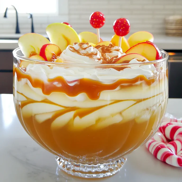 - 4 cups apple cider - 2 cups sparkling water - 1 cup caramel sauce (plus extra for drizzling) - 1 cup fresh apple slices (mix of sweet and tart) - 1/2 teaspoon ground cinnamon - 1/4 teaspoon nutmeg - Whipped cream for garnish - Candy apple pops or additional apple slices for decoration The main ingredients in this punch make it special. Apple cider gives a rich flavor, while sparkling water adds a fizzy touch. The caramel sauce brings sweetness and creaminess. You can use a mix of sweet and tart apple slices to give a burst of freshness. The spices, ground cinnamon and nutmeg, add warmth and depth. Optional ingredients can take your punch to the next level. Whipped cream adds a smooth texture. Candy apple pops or more apple slices make for fun and pretty decorations. These extras turn your punch into a show-stopper at any fall gathering. You can mix and match to suit your taste! First, grab a large punch bowl. Pour in 4 cups of apple cider and 2 cups of sparkling water. Use a spoon to stir gently. You want to mix it well without losing the fizz. This step gives your punch a refreshing base. Next, add 1 cup of caramel sauce to the bowl. Stir it in until it blends nicely. The caramel adds a sweet touch. Now, sprinkle in 1/2 teaspoon of ground cinnamon and 1/4 teaspoon of nutmeg. Gently stir again to mix in the spices. This makes your punch taste warm and cozy. Now it’s time for the fun part! Carefully add 1 cup of fresh apple slices. Let them float on top of the punch. For a special touch, drizzle some extra caramel sauce over the punch just before serving. If you like, you can also top each glass with whipped cream. For decoration, add candy apple pops or extra apple slices. This makes the punch look festive and fun! To serve Caramel Apple Party Punch in individual glasses, pour the punch carefully. You want to keep the fizz from the sparkling water. Fill each glass about three-quarters full. This leaves room for toppings. For visual appeal, use fun garnishes. Whipped cream on top looks great. Drizzle extra caramel sauce over the cream. You can also add candy apple pops or fresh apple slices. These add color and texture to each glass. You can adjust the sweetness and spice levels to fit your taste. If you like it sweeter, add more caramel sauce. For less sweetness, use less caramel. You can also skip the whipped cream. Using different types of apples can change the flavor. Sweet apples like Fuji or Honeycrisp work well. For a tart punch, use Granny Smith apples. A mix of both gives a nice balance. Making the punch ahead of time is easy. You can mix the apple cider and sparkling water a few hours before your party. Add the spices and apple slices just before serving. This keeps everything fresh and fizzy. For storing leftovers, keep the punch in an airtight container. It stays fresh in the fridge for up to two days. The apples may get soft, but the flavor stays good. You can use leftover punch for fun cocktails or freeze it into ice cubes. {{image_2}} You can easily make a fun, boozy punch. Adding spirits gives it a kick. I recommend using apple vodka or spiced rum. Both pair well with the apple flavors. Add about one cup of your chosen alcohol. Mix it in after the caramel sauce for the best taste. For a family-friendly option, skip the alcohol. You can use extra sparkling water or ginger ale for a bubbly effect. Try adding a splash of cranberry juice for a tart twist. This gives the punch a lovely color and flavor. Everyone can enjoy this version. You can adapt this punch for any holiday. For Halloween, add some orange juice for a spooky glow. In winter, try using cinnamon sticks or cloves for a warm touch. You can also swap in seasonal fruits like pears or cranberries. These changes keep the punch fresh and exciting year-round. To store any unused punch, pour it into a clean container. I recommend using a glass pitcher or a tightly sealed plastic bottle. Both options keep the punch fresh. Avoid metal containers, as they can alter the taste. You can keep the punch in the fridge for up to three days. After that, it may lose flavor and fizz. Check for signs of spoilage, like a sour smell or strange color. If you see any changes, it is best to toss it. You can use leftover punch in many fun ways. Try making popsicles by pouring it into molds and freezing. You can also freeze it in ice cube trays for a tasty addition to future drinks. This way, you waste nothing and enjoy the flavor in new ways! Yes, you can make Caramel Apple Party Punch ahead. To keep it fresh, mix the apple cider and sparkling water first. Do not add the caramel sauce or fresh apple slices until right before serving. This way, the punch stays fizzy and the apples do not brown. Store the mixed punch in the fridge for up to 24 hours. Just stir in the caramel and apples before you serve. Absolutely! If you do not have apple cider, you can use apple juice or a mix of apple juice and water. For caramel sauce, try using butterscotch sauce or homemade caramel if you prefer. Both options will still give you the sweet flavor you want in the punch. To reduce sweetness, you can add more sparkling water. This will balance the flavor without losing the punch's fun fizz. You could also use unsweetened apple cider or mix in some lemon juice. The lemon juice adds a nice tartness that balances the sweet caramel. Adjust the spices as needed to keep the flavor bright! In this blog post, we explored how to make a delicious Caramel Apple Party Punch. We covered key ingredients, step-by-step mixing, and tips for serving. You can customize the sweetness and spice to your liking. Don’t forget the optional garnishes for a great look. Enjoy experimenting with variations for different events. Whether you serve it at a party or family gathering, this punch will be a hit. Try it out, and enjoy the taste of fall in every sip.
