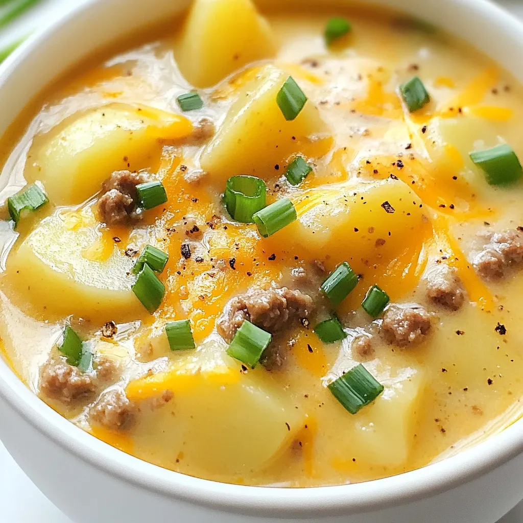 To make cheesy beef potato soup, you need: - 1 lb ground beef - 1 medium onion, diced - 2 cloves garlic, minced - 4 medium potatoes, peeled and cubed - 4 cups beef broth - 1 cup shredded cheddar cheese - 1 cup heavy cream - 1 teaspoon paprika - 1 teaspoon dried thyme - Salt and pepper to taste - 2 tablespoons olive oil These ingredients create a rich and hearty soup. The ground beef adds protein. Potatoes give it body. Cheese and cream make it creamy and comforting. For extra flavor and a pop of color, consider these garnishes: - Chopped green onions - Fresh parsley These additions brighten the soup. They also add a fresh taste that balances the richness. If you lack any main ingredients, here are some swaps: - Use turkey instead of ground beef for a lighter choice. - Swap heavy cream with half-and-half or milk for a lower-fat option. - If you don’t have paprika, use chili powder for a kick. These substitutions will still yield a tasty soup. Experiment with what you have on hand. {{ingredient_image_1}} First, gather all your ingredients. You will need: - 1 lb ground beef - 1 medium onion, diced - 2 cloves garlic, minced - 4 medium potatoes, peeled and cubed - 4 cups beef broth - 1 cup shredded cheddar cheese - 1 cup heavy cream - 1 teaspoon paprika - 1 teaspoon dried thyme - Salt and pepper to taste - 2 tablespoons olive oil - Optional: Chopped green onions or parsley for garnish Next, prepare your workspace. Ensure you have a large pot ready to go. This pot will hold all the tasty goodness. Heat the olive oil in your pot over medium heat. Add the diced onion and minced garlic. Sauté them until they turn translucent, about 3-4 minutes. This step adds nice flavor to the base. Now, add the ground beef to the pot. Cook it until browned, breaking it apart with a spatula. This should take around 5-7 minutes. If there’s any excess fat, drain it off. Once the beef is browned, stir in the cubed potatoes along with the beef broth, paprika, and thyme. Raise the heat until it boils. When it boils, lower the heat and let it simmer. Cook for about 15-20 minutes or until the potatoes feel tender when poked with a fork. After the potatoes are tender, it’s time to add the creamy elements. Stir in the heavy cream and shredded cheddar cheese. Keep stirring until the cheese melts and the soup looks creamy. Taste your soup and add salt and pepper as needed. If it seems too thick, add a bit more beef broth or water until you reach your desired consistency. Serve your soup hot. If you like, garnish it with chopped green onions or parsley for a fresh touch. Enjoy your comforting bowl of cheesy beef potato soup! To cook ground beef well, start with a hot pan. I use a large pot and heat olive oil over medium heat. Add diced onion and minced garlic first. Sauté until soft, about 3-4 minutes. This adds great flavor. Then, add the ground beef. Break it apart with a spatula as it cooks. This helps it brown evenly. Cook until no pink is left, about 5-7 minutes. If there’s excess fat, drain it before adding potatoes and broth. To make your soup creamy, use heavy cream and cheese. Once your potatoes are tender, stir in the heavy cream slowly. Then, add shredded cheddar cheese. Mix well until the cheese melts. If it’s too thick, add extra beef broth or water. This helps you get the right texture. You want it smooth and rich, not too runny. Store any leftover soup in an airtight container. It lasts in the fridge for about 3-4 days. To reheat, pour it into a pot over medium heat. Stir often until hot. If it thickens too much, add a splash of broth. You can also microwave it in a bowl. Cover it loosely and heat in short bursts. This way, it warms evenly without splattering. Pro Tips Use Fresh Ingredients: Fresh potatoes and herbs will enhance the flavor of your soup, making it more delicious. Mix Cheeses: For a more complex flavor, consider mixing different types of cheese, such as gouda or mozzarella, with cheddar. Adjust Thickness: If your soup turns out too thick, gradually add more beef broth or water until you reach your desired consistency. Garnish for Presentation: Adding chopped green onions or parsley not only enhances the look of your soup but also adds a fresh flavor. {{image_2}} To make a vegetarian version, leave out the beef. Use vegetable broth instead of beef broth. Add more veggies like carrots and celery for extra flavor. You can also add beans for protein. Use the same cheese and cream for that rich taste. This soup will still be creamy and satisfying. If you love heat, add some spice! Mix in diced jalapeños or red pepper flakes when cooking the beef. You can also use pepper jack cheese instead of cheddar. This adds a nice kick to the soup. Adjust the spice to your taste, and enjoy the fiery flavor. For a dairy-free version, swap heavy cream with coconut milk or a nut milk. Use a dairy-free cheese that melts well. Make sure to check the labels for hidden dairy. This version will still be creamy and delicious, just without dairy. Enjoy a warm bowl that fits your diet! To make your meal even better, I suggest serving warm breadsticks or a fresh green salad. A simple garden salad with crisp lettuce and juicy tomatoes pairs well. You could also try roasted vegetables for a healthy side. These options complement the creamy soup and add freshness. Bread is a great companion for cheesy beef potato soup. I love using crusty sourdough or fluffy dinner rolls. You can dip the bread into the soup for extra flavor. If you want something more fun, try garlic bread. The garlic and cheese mix perfectly with the soup. Toppings can transform your soup into something special. Chopped green onions add a nice crunch and fresh taste. You could also sprinkle crispy bacon bits for a savory touch. For a spicy kick, add jalapeños or hot sauce. Lastly, a dollop of sour cream can make it extra creamy! You can use whole milk or half-and-half. These options will make the soup lighter. If you want a thicker texture, add some cream cheese. Blend it in until smooth. Coconut milk is another choice for a dairy-free version. It adds a nice flavor too. You can keep the soup in the fridge for about three days. Make sure to store it in an airtight container. Before serving, reheat it gently on the stove. Stir well to mix the flavors back together. If it looks too thick, add some broth or water. Yes, you can freeze Cheesy Beef Potato Soup! Let it cool completely first. Then, pour it into a freezer-safe container. It will last for up to three months in the freezer. When ready to eat, thaw it overnight in the fridge. Reheat it on the stove and enjoy! This blog post covered all you need to make Cheesy Beef Potato Soup. We looked at key ingredients, cooking steps, and tips for great results. You can also try tasty variations and serve it with sides to enhance flavor. With easy substitutions, anyone can enjoy this dish. Remember, cooking should be fun and satisfying. I hope you feel inspired to try making this soup your own!