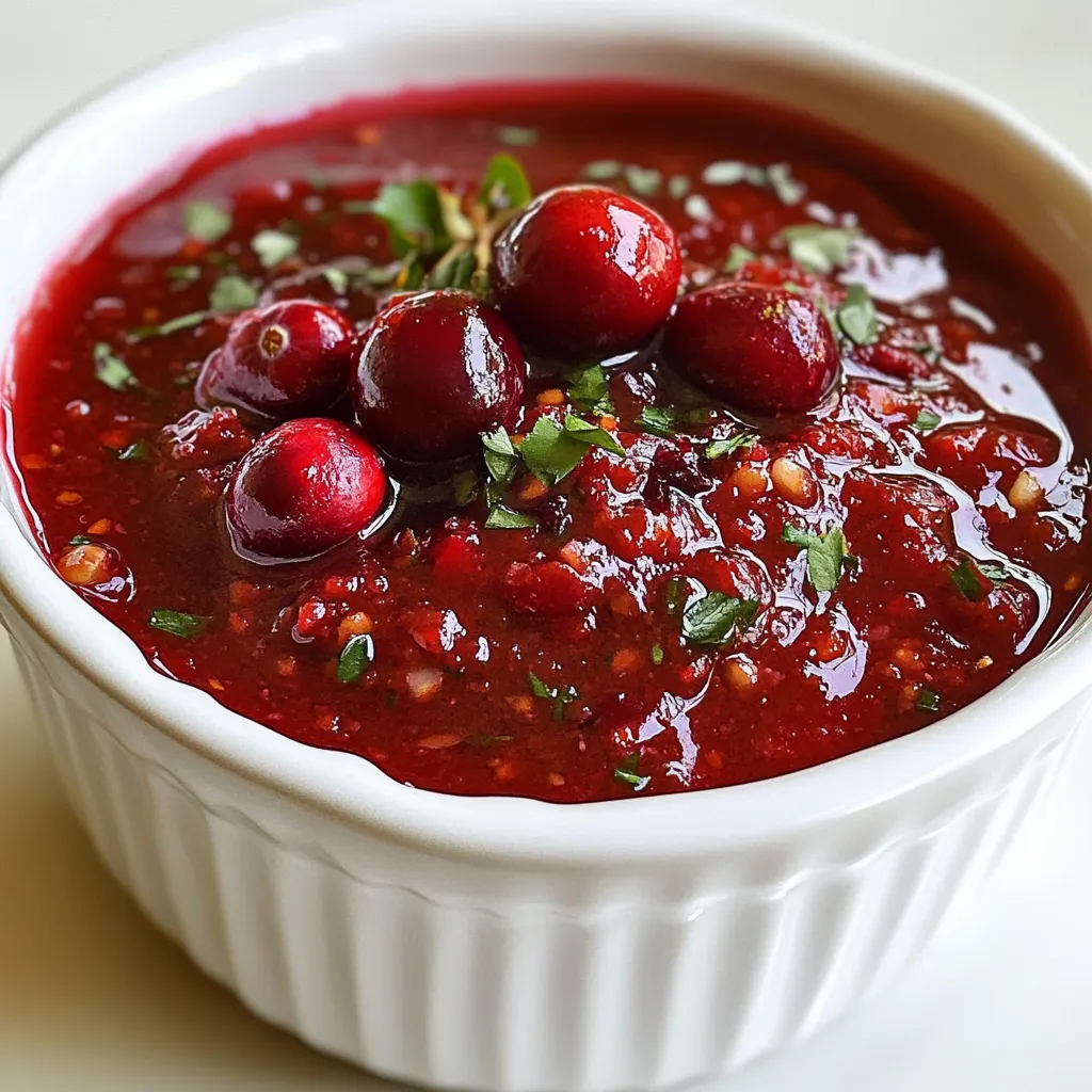- 1 cup fresh or frozen cranberries - 1/4 cup sugar (or honey) - 1/2 cup water I use cranberries as the base for this sauce. They add a tart flavor that pairs well with the sweet element. You can choose fresh or frozen cranberries. Both work just fine. The sugar or honey helps to balance the tartness. Water is vital for cooking the cranberries and creating a nice sauce. - 1 small red chili, finely chopped - 1 tablespoon soy sauce - 1 tablespoon apple cider vinegar I love adding a small red chili to give the sauce some heat. You can adjust the amount based on your taste. Soy sauce adds a savory note, while apple cider vinegar gives a tangy kick. These flavors blend well with the cranberries and elevate the sauce. - 1/2 teaspoon ginger, grated - 1 clove garlic, minced - Salt to taste Ginger adds warmth and brightness to the sauce. I always use fresh ginger for the best flavor. Minced garlic gives depth and enhances the overall taste. Finally, a pinch of salt will bring out all the flavors. Adjust it to your liking for a perfect finish. {{ingredient_image_1}} To start, grab a medium saucepan. Combine 1 cup of cranberries, 1/4 cup of sugar, and 1/2 cup of water. Place it over medium heat. Stir occasionally. This will help the sugar dissolve. Keep an eye on it. After 5 to 7 minutes, you will hear the cranberries pop. This means they are softening and ready for the next step. Now, it's time to add some exciting flavors. Stir in 1 small chopped red chili. You can adjust the amount to fit your taste. Next, add 1 tablespoon of soy sauce and 1 tablespoon of apple cider vinegar. Also, include 1/2 teaspoon of grated ginger and 1 minced garlic clove. Cook this mixture for an extra 5 to 10 minutes. This will help the sauce thicken and the flavors blend nicely. Once the sauce has thickened, remove it from heat. Let it cool slightly. Now, use an immersion blender or a standard blender to puree the sauce. You can make it smooth or leave it a bit chunky, depending on what you like. Taste the sauce and adjust the seasoning. Add salt to taste, and adjust sweetness or spiciness if needed. Let the sauce cool to room temperature before serving. Enjoy your cranberry chili dipping sauce! To make this sauce just right, you can adjust its sweetness. If you like it sweeter, add a bit more sugar or honey. Start small, then taste as you go. You can also change the spiciness. Use more or less chili based on your heat level. Remember, fresh chili can be stronger than dried ones. You can choose how smooth or chunky you want the sauce. If you prefer a smooth sauce, use an immersion blender or a standard blender. For a chunkier texture, blend less. If you use an immersion blender, keep it near the bottom of the pot. This helps blend well without splattering. For a stylish presentation, serve the sauce in a nice bowl. Add a few whole cranberries on top for color. You can also sprinkle some chopped chili for a pop of red. This sauce pairs well with many appetizers. Try it with spring rolls, chicken nuggets, or a veggie platter. It adds a tasty kick to any snack! Pro Tips Adjusting Spice Level: If you prefer a milder sauce, reduce the amount of chili or remove the seeds before chopping. For extra heat, add a pinch of red pepper flakes when cooking. Sweetness Balance: Taste the sauce before serving and adjust the sweetness with more sugar or honey if necessary. Remember, the sweetness should balance the heat from the chili. Serving Suggestions: This sauce pairs wonderfully with a variety of appetizers. Try it with grilled chicken, shrimp, or as a vibrant dip for cheese platters. Storage Tips: Store any leftover sauce in an airtight container in the refrigerator for up to a week. It can also be frozen for longer storage; just thaw before use! {{image_2}} You can change the flavor of your sauce easily. Add spices like cinnamon or allspice. These spices give warmth to the sauce. You can also add citrus zest. Zest from oranges or lemons adds a fresh twist. If you want to use less sugar, try alternatives. Maple syrup or agave works well. Both give a nice sweetness without white sugar. For a vegan option, use soy sauce instead of regular sauce. It keeps the flavor while fitting your diet. Don’t stop at cranberries! You can explore with other fruits. Try raspberries or blueberries for a berry twist. These fruits add their unique tastes and colors. You can also mix in seasonal fruits. Peaches or pears can create a fun, fruity sauce. To keep your cranberry chili dipping sauce fresh, store it in the fridge. Use an airtight container to prevent any odors from other foods. Glass jars or plastic containers with tight seals work best. This way, you can enjoy the rich flavors for days. If you want to keep the sauce longer, you can freeze it. Pour the sauce into a freezer-safe container. Leave some space at the top, as liquids expand when frozen. It stays good for about three months. When you’re ready to use it, thaw it in the fridge overnight. To reheat, warm it gently on the stove or in the microwave, stirring often. The cranberry chili dipping sauce is best enjoyed fresh but can last in the fridge for up to one week. Keep an eye out for any changes. If you see mold, strange smells, or off flavors, it’s time to toss it. Enjoy your sauce to its fullest! Yes, you can make this sauce ahead of time. I recommend cooking it up to three days before you need it. Just store it in an airtight container in the fridge. Let it cool completely before putting it away. This way, the flavors will blend nicely. When you are ready to serve, just give it a stir, and it's good to go! This sauce works great with many dishes. Try it with spring rolls, chicken nuggets, or veggie platters. It also goes well with cheese boards. The sweet and spicy flavor adds a fun twist to your appetizers. You can even use it as a sandwich spread. Get creative and enjoy! Yes, you can easily adjust this recipe. For a gluten-free option, use tamari instead of soy sauce. If you want a vegan version, just use maple syrup instead of honey. You can also change the heat level by adding more or less chili. This sauce is flexible and can fit many diets. This blog post showed you how to make a delicious cranberry chili dipping sauce. We covered the key ingredients, step-by-step instructions, and helpful tips. You learned about flavor enhancers, aromatic additions, and ways to customize your sauce. Remember, you can swap ingredients based on your taste. The sauce keeps well in the fridge or freezer, and you can serve it with different appetizers. Enjoy your sweet and spicy dipping sauce, and impress your guests with this easy recipe!