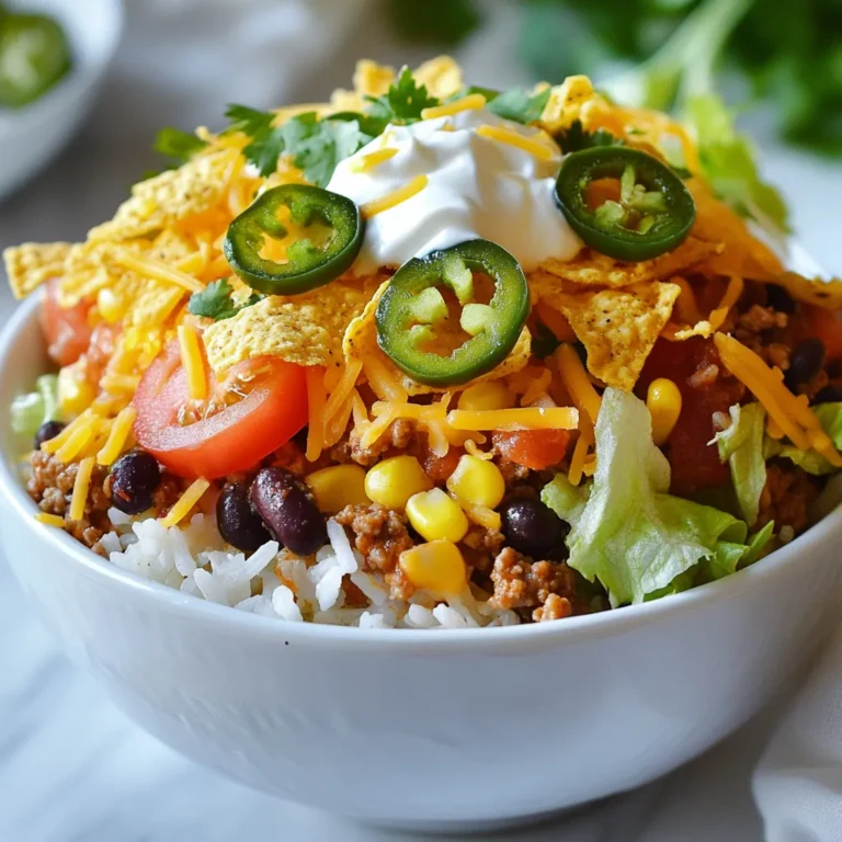 - 1 cup cooked white rice - 1 pound ground beef (or turkey) - 1 packet taco seasoning - 1 can (15 oz) black beans, drained and rinsed - 1 cup corn (frozen or canned) - 1 cup diced tomatoes (fresh or canned) - 1 cup shredded cheddar cheese - 1 cup lettuce, shredded - 1/2 cup sour cream - 1 cup Doritos (crushed, any flavor you prefer) - 1 jalapeño, sliced (optional) - Fresh cilantro for garnish - Large skillet - Mixing bowl - Serving bowls - Different cheese varieties - Additional toppings like avocado or salsa You need a few simple ingredients to make this dish. The base is cooked white rice. I often use leftover rice to save time. Ground beef or turkey provides a hearty protein. For flavor, taco seasoning is key. Black beans, corn, and diced tomatoes add freshness and texture. Shredded cheddar cheese gives a creamy touch. Let’s not forget the crunch! Crushed Doritos on top add a fun twist. Feel free to swap the cheese or add toppings like avocado for extra flair. You can even spice it up with jalapeños if you like heat. You need some basic tools. A large skillet is perfect for cooking the meat. Use a mixing bowl to combine the rice and veggies. Finally, have some serving bowls ready for the beautiful layers. Gather these items, and you are ready to create your flavor-packed delight! {{ingredient_image_1}} First, heat your large skillet over medium heat. Add the ground beef or turkey. Cook the meat until it turns brown. This step gives great flavor. Once browned, check for fat. If there’s excess fat, drain it. This keeps the dish lighter. Next, add the taco seasoning. Pour in 2/3 cup of water. Stir everything well. Let it simmer for about 5 minutes. This makes a thick and tasty mix. In a big mixing bowl, combine the cooked white rice, black beans, corn, and diced tomatoes. Make sure to drain and rinse the black beans first. Stir all the ingredients together until they mix well. This creates a colorful base for your bowl. The rice adds softness, while beans and corn give it a nice texture. Start with the rice mixture. Layer it on the bottom of your serving bowls. This is your base. Next, add the seasoned meat on top of the rice. Make it even to cover all the rice. Now sprinkle a good amount of shredded cheddar cheese over the meat. It melts beautifully! Then, add your shredded lettuce. Top it off with dollops of sour cream and jalapeño slices if you like heat. Finally, grab a handful of crushed Doritos. Sprinkle them on top for a crunchy finish. Garnish with fresh cilantro for a pop of color. Enjoy your colorful and fun Doritos Taco Rice Bowl! To get the best flavor from your meat, start with a good taco seasoning. You can use a store-bought packet or make your own blend. If you like it spicy, add more chili powder or cayenne. Taste the meat while it cooks. If it needs more salt or spice, add little by little. This way, you can control the flavor intensity. A splash of lime juice can brighten the taste too. You can easily turn this bowl into a vegetarian feast. Instead of meat, try using tofu or tempeh. Both options soak up flavors well. For tofu, press it to remove excess water, then cube and sauté it with seasoning. Tempeh can be crumbled and cooked in the same way as ground meat. You can also add more beans or lentils for protein. Storing leftovers is simple. Place any extra rice bowl in an airtight container. This keeps the flavors fresh. You can keep it in the fridge for up to three days. When you are ready to eat, reheat it in the microwave. Add a splash of water to keep it moist. If you want to store it longer, you can freeze it. Just remember to separate the toppings, like Doritos and lettuce, and add them fresh after reheating. Pro Tips Use Leftover Rice: For a quicker meal, use leftover rice from a previous dinner; it will save you time and add flavor. Customize Your Protein: Feel free to substitute ground beef with ground turkey, chicken, or even a plant-based option for a healthier twist. Layering is Key: Layer your ingredients carefully to maintain the texture of each component, especially the Doritos for that perfect crunch. Spice It Up: If you like heat, consider adding crushed red pepper flakes or more jalapeños to the meat mixture for an extra kick. {{image_2}} Want to kick up the heat? You can easily add sliced jalapeños. They bring a fresh, spicy crunch. If you like it even hotter, try adding hot sauce. A drizzle of your favorite brand can boost flavor and spice. Consider using a spicy taco seasoning. This choice can change the whole dish. You can mix in chili powder or cayenne pepper for extra warmth. For a more taco-like taste, consider adding toppings. Guacamole is a creamy addition full of flavor. You can also sprinkle black olives on top for a briny touch. Fresh salsa adds a bright kick. You might try diced avocado or even pickled onions. Each option will build layers of flavor and texture. Feel free to get creative with your mix-ins! Need gluten-free options? Use gluten-free taco seasoning and check your Doritos. Many brands offer gluten-free chips. For a vegan version, swap the ground beef for lentils or plant-based meat. Use dairy-free cheese and sour cream for a creamy finish. By making these changes, you’ll enjoy a tasty meal that fits your diet. Each variation opens new doors to flavor that everyone can enjoy! The Doritos Taco Rice Bowl lasts for about three to four days in the fridge. Just make sure to store it in an airtight container. This keeps the flavors fresh and tasty. I find it's best to let it cool before sealing it up. To store the dish for a longer shelf life, freeze it in an airtight container. You can keep it frozen for up to three months. When you're ready to eat, it's smart to divide it into smaller portions. This way, you can defrost just what you need. For reheating, the best way is to use the microwave. Place a portion in a bowl and cover it with a damp paper towel. Heat it in short bursts, stirring in between. This helps keep the rice from drying out. If you prefer the oven, cover the bowl with foil and heat at 350°F until warm. Enjoy your tasty bowl, just like fresh! Yes, you can make this recipe ahead. Cook the meat and prepare the rice mixture. Store them in separate containers in the fridge. You can keep them for up to three days. When ready to serve, just heat the meat and rice. Then layer them in bowls and add the toppings. This saves time during busy days. If you want a different option, try ground turkey or chicken. They are lower in fat but still tasty. For a vegetarian choice, use black beans or lentils. Crumbled tofu is another great option. These swaps keep the dish flavorful and satisfying for all diets. To heat things up, add more jalapeños. You can also mix in hot sauce or red pepper flakes. Use spicy taco seasoning for an extra kick. If you like it really hot, add diced green chiles to the rice mixture. These small changes make a big difference in flavor! This article covered how to create a tasty Doritos Taco Rice Bowl. You learned about the key ingredients, tools you'll need, and step-by-step cooking instructions. We also looked at custom options, storage tips, and different variations. Remember, cooking should be fun! Feel free to mix and match ingredients to fit your taste. Enjoy making this simple dish that your friends and family will love. Happy cooking!