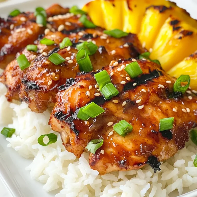 To make Hawaiian Huli Huli Chicken, you need these main ingredients: - 4 chicken thighs, skin-on and bone-in - 1/4 cup soy sauce - 1/4 cup brown sugar - 1/4 cup pineapple juice - 2 tablespoons ketchup - 2 tablespoons apple cider vinegar - 1 tablespoon fresh ginger, grated - 2 cloves garlic, minced - 1 teaspoon sesame oil - 1 teaspoon ground black pepper - 1/4 teaspoon red pepper flakes (optional, for spice) These ingredients come together to create a sweet and savory flavor that you will love. The chicken thighs are juicy and tender, making them perfect for grilling. You can add these garnishes for extra flavor and color: - Sliced green onions - Sesame seeds These garnishes not only look nice but also add a fresh crunch. They brighten the dish and enhance the overall flavor. The marinade is key to Huli Huli Chicken's taste. It has a mix of salty, sweet, and tangy notes. The soy sauce brings umami, while the brown sugar adds sweetness. Pineapple juice gives it a tropical twist, and apple cider vinegar balances everything. Fresh ginger and garlic add depth, and sesame oil gives a rich finish. If you like spice, red pepper flakes can add a kick. This marinade helps the chicken absorb all the flavors and become deliciously tender. {{ingredient_image_1}} To make the marinade, grab a large mixing bowl. You need to mix several tasty ingredients. Combine 1/4 cup soy sauce, 1/4 cup brown sugar, and 1/4 cup pineapple juice. Add 2 tablespoons of ketchup and 2 tablespoons of apple cider vinegar. Then, grate 1 tablespoon of fresh ginger and mince 2 cloves of garlic. Toss in 1 teaspoon of sesame oil, 1 teaspoon of ground black pepper, and 1/4 teaspoon of red pepper flakes if you want some spice. Whisk everything together well. This mix will give your chicken a sweet and tangy flavor. Now, it's time for the chicken. Use 4 skin-on and bone-in chicken thighs. Place the chicken in the bowl with the marinade, making sure each piece is coated. You can also use a resealable plastic bag for easy mixing. Cover the bowl or seal the bag and place it in the fridge. Let it marinate for at least 2 hours, but try to do it overnight. This step adds incredible flavor to the chicken. Preheat your grill to medium-high heat. After marinating, take the chicken out of the fridge. Let any extra marinade drip off, but keep it for later. Place the chicken on the grill skin-side down. Grill it for about 7-8 minutes until the skin is crispy and golden. Then, flip the chicken over and brush it with the reserved marinade. Grill for another 7-8 minutes or until the chicken reaches 165°F (75°C) inside. Once cooked, remove it from the grill and let it rest for 5 minutes. This helps keep it juicy. Slice the chicken and serve it with sliced green onions and sesame seeds on top for a beautiful finish. To get that perfect grill on your chicken, start with a clean grill. A hot grill helps sear the chicken skin, giving it that crispiness. Place the chicken skin-side down first. This step locks in the moisture and flavor. Cook it for about 7-8 minutes before flipping. Use a meat thermometer to check if it's done. The chicken should reach 165°F (75°C). Marination is key for flavor. I suggest marinating your chicken for at least two hours. For the best taste, marinate it overnight. The longer it sits in the marinade, the more the flavors soak in. This step makes the chicken juicy and full of flavor. When serving Huli Huli chicken, think tropical! Place it on a bed of fluffy jasmine rice. Add some grilled pineapple slices for a sweet touch. Drizzle any warmed marinade over the chicken for extra flavor. Finish with sliced green onions and sesame seeds for a nice look. This presentation makes your meal feel festive and fun! Pro Tips Marinate Longer for Flavor: For the best flavor, allow the chicken to marinate overnight. This will enhance the taste and tenderness of the meat. Use a Meat Thermometer: To ensure the chicken is perfectly cooked, use a meat thermometer to check that the internal temperature reaches 165°F (75°C). Grill with Care: Avoid flipping the chicken too often. Let it cook undisturbed to achieve a crispy, golden skin. Rest Before Slicing: Allow the grilled chicken to rest for at least 5 minutes before slicing. This helps the juices redistribute, keeping the meat moist. {{image_2}} You can switch chicken thighs for chicken breasts. Breasts cook faster and stay juicy. If you want a meat-free meal, try tofu. Press and cube the tofu. Marinate it just like the chicken. Grilling gives it a nice smoky flavor. Feel free to mix up the marinade. Use teriyaki sauce instead of soy sauce for a sweeter taste. Add a splash of lime juice for a zesty kick. You can even try a spicy chili sauce for heat. Experiment with your favorite flavors to create your own twist. Pair Huli Huli Chicken with sides for a complete meal. Serve it over jasmine rice to soak up the juices. Grilled pineapple slices add a fresh, sweet touch. For sauces, try a sweet chili sauce or a tangy mango salsa. They enhance the dish and add extra flavor. Store leftover Huli Huli chicken in an airtight container. Ensure the chicken cools to room temperature before sealing. This helps keep it fresh. You can keep it in the fridge for up to 3 days. If you have extra marinade, store it in a separate jar. To reheat, use the oven or grill for best results. Preheat your oven to 350°F (175°C). Place chicken on a baking tray and cover with foil. Heat for about 15-20 minutes. If using a grill, warm it on low heat for a few minutes. This keeps the chicken moist. You can freeze Huli Huli chicken for future meals. Wrap each piece in plastic wrap, then place in a freezer bag. Remove as much air as possible. It can stay frozen for up to 3 months. When ready to eat, thaw in the fridge overnight before reheating. Huli Huli Chicken comes from Hawaii. It started as a street food. Locals grilled chicken over open flames. They used a sweet soy sauce and pineapple marinade. The name "Huli Huli" means "turn turn" in Hawaiian. This refers to flipping the chicken while cooking. It became popular at luaus and festive gatherings. Today, you can find it at many Hawaiian events and restaurants. Yes, you can make Huli Huli Chicken in the oven. Preheat your oven to 375°F (190°C). Prepare the chicken as you would for grilling. Place it on a baking sheet lined with foil. Bake for about 30-35 minutes. Make sure the chicken reaches an internal temperature of 165°F (75°C). For a crispy skin, broil for the last few minutes. Watch it closely to avoid burning. Huli Huli Chicken pairs well with many sides. Here are a few popular options: - Fluffy jasmine rice - Grilled pineapple slices - Fresh garden salad - Macaroni salad - Coconut rice - Roasted vegetables - Coleslaw These sides enhance the meal and add refreshing flavors. Enjoy mixing and matching to find your favorite combination! Huli Huli Chicken is a tasty dish with simple steps. We covered its key ingredients, how to marinate and grill, plus tips for great flavor. You learned about variations, storage methods, and common questions. Now, you can enjoy this dish at any time, easily. Whether you stick to the classic recipe or try something new, your meals will bring joy. Happy cooking!