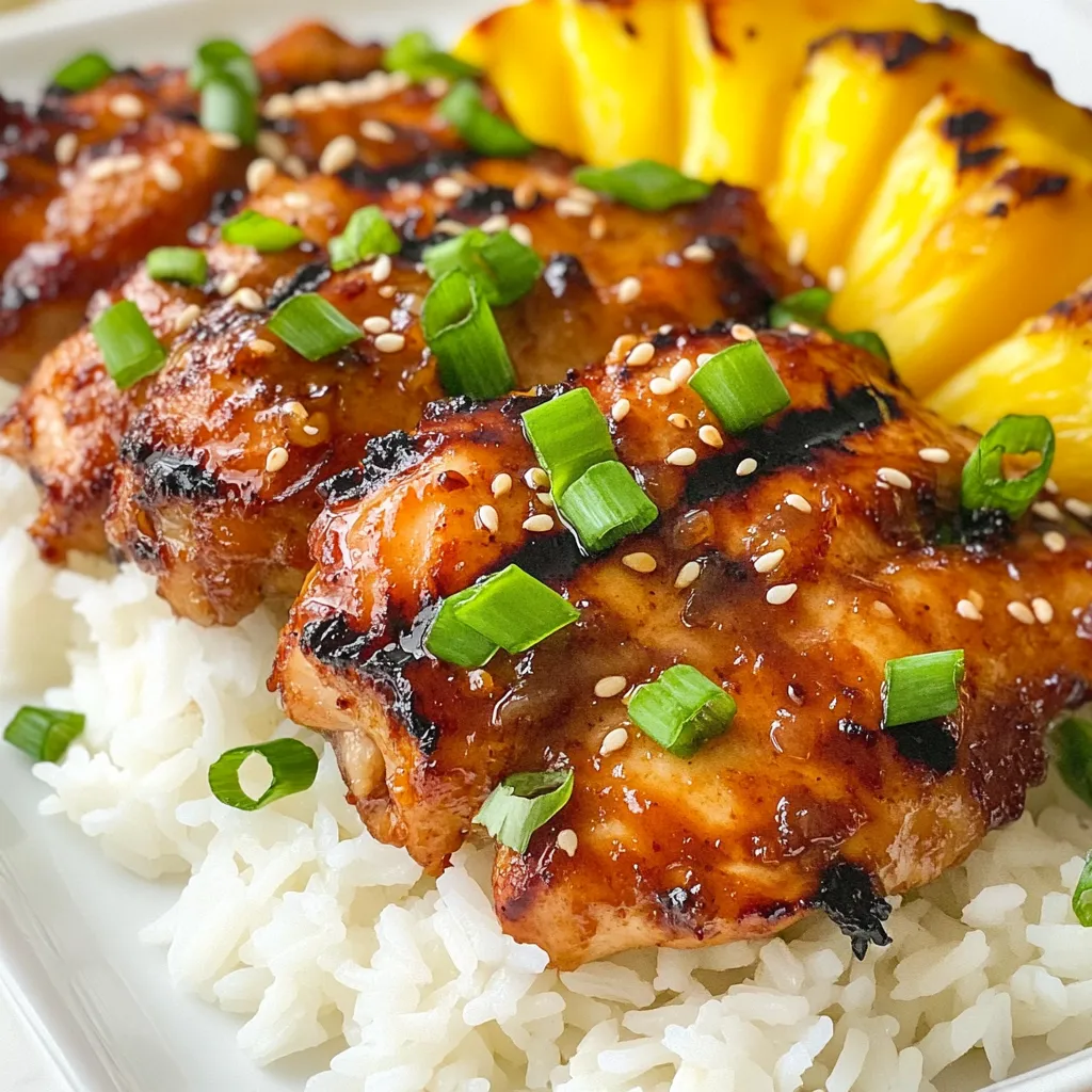 To make Hawaiian Huli Huli Chicken, you need these main ingredients: - 4 chicken thighs, skin-on and bone-in - 1/4 cup soy sauce - 1/4 cup brown sugar - 1/4 cup pineapple juice - 2 tablespoons ketchup - 2 tablespoons apple cider vinegar - 1 tablespoon fresh ginger, grated - 2 cloves garlic, minced - 1 teaspoon sesame oil - 1 teaspoon ground black pepper - 1/4 teaspoon red pepper flakes (optional, for spice) These ingredients come together to create a sweet and savory flavor that you will love. The chicken thighs are juicy and tender, making them perfect for grilling. You can add these garnishes for extra flavor and color: - Sliced green onions - Sesame seeds These garnishes not only look nice but also add a fresh crunch. They brighten the dish and enhance the overall flavor. The marinade is key to Huli Huli Chicken's taste. It has a mix of salty, sweet, and tangy notes. The soy sauce brings umami, while the brown sugar adds sweetness. Pineapple juice gives it a tropical twist, and apple cider vinegar balances everything. Fresh ginger and garlic add depth, and sesame oil gives a rich finish. If you like spice, red pepper flakes can add a kick. This marinade helps the chicken absorb all the flavors and become deliciously tender. {{ingredient_image_1}} To make the marinade, grab a large mixing bowl. You need to mix several tasty ingredients. Combine 1/4 cup soy sauce, 1/4 cup brown sugar, and 1/4 cup pineapple juice. Add 2 tablespoons of ketchup and 2 tablespoons of apple cider vinegar. Then, grate 1 tablespoon of fresh ginger and mince 2 cloves of garlic. Toss in 1 teaspoon of sesame oil, 1 teaspoon of ground black pepper, and 1/4 teaspoon of red pepper flakes if you want some spice. Whisk everything together well. This mix will give your chicken a sweet and tangy flavor. Now, it's time for the chicken. Use 4 skin-on and bone-in chicken thighs. Place the chicken in the bowl with the marinade, making sure each piece is coated. You can also use a resealable plastic bag for easy mixing. Cover the bowl or seal the bag and place it in the fridge. Let it marinate for at least 2 hours, but try to do it overnight. This step adds incredible flavor to the chicken. Preheat your grill to medium-high heat. After marinating, take the chicken out of the fridge. Let any extra marinade drip off, but keep it for later. Place the chicken on the grill skin-side down. Grill it for about 7-8 minutes until the skin is crispy and golden. Then, flip the chicken over and brush it with the reserved marinade. Grill for another 7-8 minutes or until the chicken reaches 165°F (75°C) inside. Once cooked, remove it from the grill and let it rest for 5 minutes. This helps keep it juicy. Slice the chicken and serve it with sliced green onions and sesame seeds on top for a beautiful finish. To get that perfect grill on your chicken, start with a clean grill. A hot grill helps sear the chicken skin, giving it that crispiness. Place the chicken skin-side down first. This step locks in the moisture and flavor. Cook it for about 7-8 minutes before flipping. Use a meat thermometer to check if it's done. The chicken should reach 165°F (75°C). Marination is key for flavor. I suggest marinating your chicken for at least two hours. For the best taste, marinate it overnight. The longer it sits in the marinade, the more the flavors soak in. This step makes the chicken juicy and full of flavor. When serving Huli Huli chicken, think tropical! Place it on a bed of fluffy jasmine rice. Add some grilled pineapple slices for a sweet touch. Drizzle any warmed marinade over the chicken for extra flavor. Finish with sliced green onions and sesame seeds for a nice look. This presentation makes your meal feel festive and fun! Pro Tips Marinate Longer for Flavor: For the best flavor, allow the chicken to marinate overnight. This will enhance the taste and tenderness of the meat. Use a Meat Thermometer: To ensure the chicken is perfectly cooked, use a meat thermometer to check that the internal temperature reaches 165°F (75°C). Grill with Care: Avoid flipping the chicken too often. Let it cook undisturbed to achieve a crispy, golden skin. Rest Before Slicing: Allow the grilled chicken to rest for at least 5 minutes before slicing. This helps the juices redistribute, keeping the meat moist. {{image_2}} You can switch chicken thighs for chicken breasts. Breasts cook faster and stay juicy. If you want a meat-free meal, try tofu. Press and cube the tofu. Marinate it just like the chicken. Grilling gives it a nice smoky flavor. Feel free to mix up the marinade. Use teriyaki sauce instead of soy sauce for a sweeter taste. Add a splash of lime juice for a zesty kick. You can even try a spicy chili sauce for heat. Experiment with your favorite flavors to create your own twist. Pair Huli Huli Chicken with sides for a complete meal. Serve it over jasmine rice to soak up the juices. Grilled pineapple slices add a fresh, sweet touch. For sauces, try a sweet chili sauce or a tangy mango salsa. They enhance the dish and add extra flavor. Store leftover Huli Huli chicken in an airtight container. Ensure the chicken cools to room temperature before sealing. This helps keep it fresh. You can keep it in the fridge for up to 3 days. If you have extra marinade, store it in a separate jar. To reheat, use the oven or grill for best results. Preheat your oven to 350°F (175°C). Place chicken on a baking tray and cover with foil. Heat for about 15-20 minutes. If using a grill, warm it on low heat for a few minutes. This keeps the chicken moist. You can freeze Huli Huli chicken for future meals. Wrap each piece in plastic wrap, then place in a freezer bag. Remove as much air as possible. It can stay frozen for up to 3 months. When ready to eat, thaw in the fridge overnight before reheating. Huli Huli Chicken comes from Hawaii. It started as a street food. Locals grilled chicken over open flames. They used a sweet soy sauce and pineapple marinade. The name "Huli Huli" means "turn turn" in Hawaiian. This refers to flipping the chicken while cooking. It became popular at luaus and festive gatherings. Today, you can find it at many Hawaiian events and restaurants. Yes, you can make Huli Huli Chicken in the oven. Preheat your oven to 375°F (190°C). Prepare the chicken as you would for grilling. Place it on a baking sheet lined with foil. Bake for about 30-35 minutes. Make sure the chicken reaches an internal temperature of 165°F (75°C). For a crispy skin, broil for the last few minutes. Watch it closely to avoid burning. Huli Huli Chicken pairs well with many sides. Here are a few popular options: - Fluffy jasmine rice - Grilled pineapple slices - Fresh garden salad - Macaroni salad - Coconut rice - Roasted vegetables - Coleslaw These sides enhance the meal and add refreshing flavors. Enjoy mixing and matching to find your favorite combination! Huli Huli Chicken is a tasty dish with simple steps. We covered its key ingredients, how to marinate and grill, plus tips for great flavor. You learned about variations, storage methods, and common questions. Now, you can enjoy this dish at any time, easily. Whether you stick to the classic recipe or try something new, your meals will bring joy. Happy cooking!