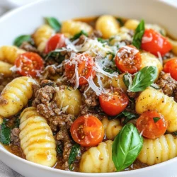 - 1 pound ground beef - 1 package (16 oz) gnocchi - 1 cup heavy cream - 1 cup beef broth - 1 medium onion, chopped - 2 cloves garlic, minced - 1 cup spinach (fresh or frozen) - 1 cup cherry tomatoes, halved - 1 teaspoon Italian seasoning - Salt and pepper to taste - Grated Parmesan cheese - Fresh basil When I think about creamy ground beef gnocchi, I think of comfort. Each bite feels like a warm hug. The main ingredients form a solid base. The ground beef gives a hearty flavor. Gnocchi adds a soft and chewy texture. Heavy cream and beef broth create a rich sauce. Next, we have the vegetables and seasonings. Onion and garlic add layers of flavor. Spinach gives a pop of color and nutrition. Cherry tomatoes bring sweetness and brightness. Italian seasoning, salt, and pepper tie everything together. Finally, the toppings and garnishes elevate the dish. Grated Parmesan cheese adds a salty finish. Fresh basil gives a burst of freshness. You can easily make this dish come alive with these simple yet effective ingredients. {{ingredient_image_1}} To cook gnocchi, start by boiling a large pot of salted water. Once it bubbles, add the gnocchi. Cook according to the package. You know they are done when they float. Let them rise for 1-2 more minutes. Drain them well and set aside. Heat olive oil in a large skillet over medium heat. Add the chopped onion and sauté for 3-4 minutes. You want them soft and a bit clear. Then, stir in the minced garlic. Cook for an extra minute until it smells great. Next, increase the heat to medium-high. Add the ground beef to the skillet. Cook it for about 5-7 minutes. Use a spoon to break it apart while cooking. When it turns brown, season with salt, pepper, and Italian seasoning. This adds flavor. Now, reduce the heat back to medium. Pour in the beef broth and heavy cream. Stir it well to mix. Let it simmer for about 5 minutes. The sauce should thicken a bit. If you want it thicker, let it simmer longer. Add the spinach and halved cherry tomatoes next. Stir them into the sauce. Cook for about 3-4 minutes until the spinach wilts. The tomatoes should soften but not break down completely. This keeps a nice texture. Finally, gently fold the cooked gnocchi into the creamy beef sauce. Make sure all the gnocchi are coated well. You can simmer for another 2 minutes on low heat. This helps the flavors blend nicely. To save time, gather all your ingredients first. Chop the onion and garlic while the water boils for the gnocchi. This way, everything is ready when you need it. Cook the gnocchi in a large pot of salted water. Follow the package instructions for perfect texture. When they float, they are done. Drain them and set them aside quickly. If you want a creamier sauce, add more heavy cream. You can also reduce the beef broth to thicken the sauce. For a lighter consistency, use less cream and more broth. Stir well as the sauce cooks. This helps the flavors blend nicely. To enhance flavor, try adding fresh herbs like thyme or parsley. A pinch of red pepper flakes adds heat. You can also try a splash of Worcestershire sauce for depth. Experiment with flavors to find what you love most. Each tweak can change the dish in a fun way. Pro Tips Cooking Gnocchi Perfectly: Ensure that the water is at a rolling boil and well-salted before adding the gnocchi. This will enhance the flavor and help them cook evenly. Enhancing the Sauce: For a deeper flavor, consider adding a splash of red wine to the sauce after browning the meat. Let it simmer until the alcohol cooks off, then proceed with the broth and cream. Using Fresh Herbs: Fresh basil can elevate the dish. Add it just before serving to maintain its bright flavor and vibrant color. Storing Leftovers: Store any leftovers in an airtight container in the fridge for up to 3 days. Reheat gently on the stove, adding a splash of beef broth to loosen the sauce. {{image_2}} You can switch ground beef for other proteins. Try ground turkey for a lighter dish. Ground chicken works well too. For plant-based options, use lentils or chickpeas. Crumbled tofu also adds great texture. Each choice brings its own flavor and health benefits. While the creamy sauce is rich, you can explore other sauces. A tomato-based sauce gives a fresh twist. You can also try a pesto sauce for a herby flavor. For a spicy kick, mix in some salsa. Each sauce option changes the taste and feel of the dish. Adding vegetables boosts both taste and nutrition. You can mix in bell peppers for crunch. Mushrooms add a nice earthiness. Zucchini works well for a softer texture. Broccoli or kale can enhance the meal with green goodness. Feel free to experiment with your favorites! To keep your creamy ground beef gnocchi fresh, store it in an airtight container. Place it in the fridge within two hours of cooking. It can last for up to three days. Make sure the dish cools down before sealing it. This helps prevent condensation, which can make the gnocchi soggy. For best taste, enjoy it within the first day or two. If you want to freeze creamy ground beef gnocchi, start by letting it cool completely. Transfer the dish to a freezer-safe container. You can also portion it into smaller bags for easy meals later. Make sure to label them with the date. It will keep well for up to three months. When you're ready to enjoy it, just thaw it in the fridge overnight. Reheating creamy ground beef gnocchi should be done carefully. To keep it creamy, use a skillet over low heat. Add a splash of beef broth or cream while stirring. This keeps the sauce from getting too thick. You can also microwave it, but use a low setting and stir every minute. This method helps it heat evenly without burning. Cooking gnocchi takes about 3 to 5 minutes. Once you place them in boiling water, they will rise to the top. When they do, cook them for 1 to 2 more minutes. This ensures they are tender but not mushy. Yes, you can use frozen gnocchi. There is no need to thaw them. Just add them directly to boiling water and cook according to package directions. This makes it easy when you need a quick meal! Absolutely! Creamy ground beef gnocchi is great for meal prep. You can store leftovers in the fridge for up to four days. Just reheat in the microwave or on the stove when you are ready to eat. You can serve this dish with a simple side salad or garlic bread. A green salad adds a fresh touch. Garlic bread is perfect for soaking up the creamy sauce. Both options balance the meal well. Yes, you can! To make it dairy-free, use coconut cream instead of heavy cream. For cheese, look for a dairy-free Parmesan. These swaps keep the dish creamy and flavorful without dairy. This post covered a creamy ground beef gnocchi recipe, focusing on ingredients, cooking steps, and tips. You learned about key elements like ground beef, gnocchi, and fresh veggies. The steps showed how to cook and combine everything into a tasty dish. Remember, you can play with proteins and sauces for variety. You can also store or freeze leftovers easily. This dish brings comfort to your plate and can delight any crowd. Enjoy making it and share your success!