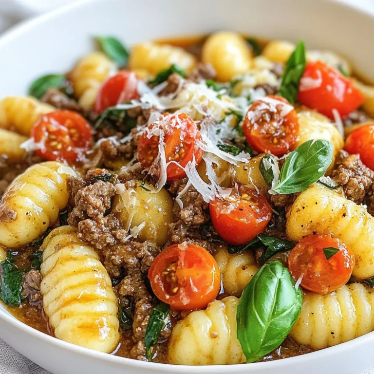 - 1 pound ground beef - 1 package (16 oz) gnocchi - 1 cup heavy cream - 1 cup beef broth - 1 medium onion, chopped - 2 cloves garlic, minced - 1 cup spinach (fresh or frozen) - 1 cup cherry tomatoes, halved - 1 teaspoon Italian seasoning - Salt and pepper to taste - Grated Parmesan cheese - Fresh basil When I think about creamy ground beef gnocchi, I think of comfort. Each bite feels like a warm hug. The main ingredients form a solid base. The ground beef gives a hearty flavor. Gnocchi adds a soft and chewy texture. Heavy cream and beef broth create a rich sauce. Next, we have the vegetables and seasonings. Onion and garlic add layers of flavor. Spinach gives a pop of color and nutrition. Cherry tomatoes bring sweetness and brightness. Italian seasoning, salt, and pepper tie everything together. Finally, the toppings and garnishes elevate the dish. Grated Parmesan cheese adds a salty finish. Fresh basil gives a burst of freshness. You can easily make this dish come alive with these simple yet effective ingredients. {{ingredient_image_1}} To cook gnocchi, start by boiling a large pot of salted water. Once it bubbles, add the gnocchi. Cook according to the package. You know they are done when they float. Let them rise for 1-2 more minutes. Drain them well and set aside. Heat olive oil in a large skillet over medium heat. Add the chopped onion and sauté for 3-4 minutes. You want them soft and a bit clear. Then, stir in the minced garlic. Cook for an extra minute until it smells great. Next, increase the heat to medium-high. Add the ground beef to the skillet. Cook it for about 5-7 minutes. Use a spoon to break it apart while cooking. When it turns brown, season with salt, pepper, and Italian seasoning. This adds flavor. Now, reduce the heat back to medium. Pour in the beef broth and heavy cream. Stir it well to mix. Let it simmer for about 5 minutes. The sauce should thicken a bit. If you want it thicker, let it simmer longer. Add the spinach and halved cherry tomatoes next. Stir them into the sauce. Cook for about 3-4 minutes until the spinach wilts. The tomatoes should soften but not break down completely. This keeps a nice texture. Finally, gently fold the cooked gnocchi into the creamy beef sauce. Make sure all the gnocchi are coated well. You can simmer for another 2 minutes on low heat. This helps the flavors blend nicely. To save time, gather all your ingredients first. Chop the onion and garlic while the water boils for the gnocchi. This way, everything is ready when you need it. Cook the gnocchi in a large pot of salted water. Follow the package instructions for perfect texture. When they float, they are done. Drain them and set them aside quickly. If you want a creamier sauce, add more heavy cream. You can also reduce the beef broth to thicken the sauce. For a lighter consistency, use less cream and more broth. Stir well as the sauce cooks. This helps the flavors blend nicely. To enhance flavor, try adding fresh herbs like thyme or parsley. A pinch of red pepper flakes adds heat. You can also try a splash of Worcestershire sauce for depth. Experiment with flavors to find what you love most. Each tweak can change the dish in a fun way. Pro Tips Cooking Gnocchi Perfectly: Ensure that the water is at a rolling boil and well-salted before adding the gnocchi. This will enhance the flavor and help them cook evenly. Enhancing the Sauce: For a deeper flavor, consider adding a splash of red wine to the sauce after browning the meat. Let it simmer until the alcohol cooks off, then proceed with the broth and cream. Using Fresh Herbs: Fresh basil can elevate the dish. Add it just before serving to maintain its bright flavor and vibrant color. Storing Leftovers: Store any leftovers in an airtight container in the fridge for up to 3 days. Reheat gently on the stove, adding a splash of beef broth to loosen the sauce. {{image_2}} You can switch ground beef for other proteins. Try ground turkey for a lighter dish. Ground chicken works well too. For plant-based options, use lentils or chickpeas. Crumbled tofu also adds great texture. Each choice brings its own flavor and health benefits. While the creamy sauce is rich, you can explore other sauces. A tomato-based sauce gives a fresh twist. You can also try a pesto sauce for a herby flavor. For a spicy kick, mix in some salsa. Each sauce option changes the taste and feel of the dish. Adding vegetables boosts both taste and nutrition. You can mix in bell peppers for crunch. Mushrooms add a nice earthiness. Zucchini works well for a softer texture. Broccoli or kale can enhance the meal with green goodness. Feel free to experiment with your favorites! To keep your creamy ground beef gnocchi fresh, store it in an airtight container. Place it in the fridge within two hours of cooking. It can last for up to three days. Make sure the dish cools down before sealing it. This helps prevent condensation, which can make the gnocchi soggy. For best taste, enjoy it within the first day or two. If you want to freeze creamy ground beef gnocchi, start by letting it cool completely. Transfer the dish to a freezer-safe container. You can also portion it into smaller bags for easy meals later. Make sure to label them with the date. It will keep well for up to three months. When you're ready to enjoy it, just thaw it in the fridge overnight. Reheating creamy ground beef gnocchi should be done carefully. To keep it creamy, use a skillet over low heat. Add a splash of beef broth or cream while stirring. This keeps the sauce from getting too thick. You can also microwave it, but use a low setting and stir every minute. This method helps it heat evenly without burning. Cooking gnocchi takes about 3 to 5 minutes. Once you place them in boiling water, they will rise to the top. When they do, cook them for 1 to 2 more minutes. This ensures they are tender but not mushy. Yes, you can use frozen gnocchi. There is no need to thaw them. Just add them directly to boiling water and cook according to package directions. This makes it easy when you need a quick meal! Absolutely! Creamy ground beef gnocchi is great for meal prep. You can store leftovers in the fridge for up to four days. Just reheat in the microwave or on the stove when you are ready to eat. You can serve this dish with a simple side salad or garlic bread. A green salad adds a fresh touch. Garlic bread is perfect for soaking up the creamy sauce. Both options balance the meal well. Yes, you can! To make it dairy-free, use coconut cream instead of heavy cream. For cheese, look for a dairy-free Parmesan. These swaps keep the dish creamy and flavorful without dairy. This post covered a creamy ground beef gnocchi recipe, focusing on ingredients, cooking steps, and tips. You learned about key elements like ground beef, gnocchi, and fresh veggies. The steps showed how to cook and combine everything into a tasty dish. Remember, you can play with proteins and sauces for variety. You can also store or freeze leftovers easily. This dish brings comfort to your plate and can delight any crowd. Enjoy making it and share your success!