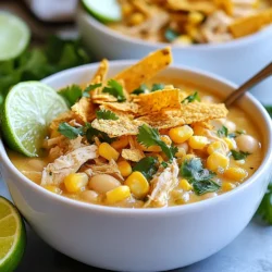 To make this tasty chili, gather the following key ingredients: - 2 cups shredded cooked chicken - 1 can (15 oz) white beans, drained and rinsed - 1 can (15 oz) corn kernels, drained - 1 small red onion, diced - 2 cloves garlic, minced - 4 cups chicken broth - 1 cup heavy cream - 1 teaspoon ground cumin - 1 teaspoon chili powder - ½ teaspoon smoked paprika - 1 teaspoon salt - ½ teaspoon black pepper - 1 cup cojita cheese, crumbled - 2 tablespoons fresh cilantro, chopped - 1 lime, juiced - Tortilla strips for garnish These ingredients create a rich and creamy base. The shredded chicken adds protein. White beans and corn give texture and flavor. The spices bring warmth and depth. You can add a few optional items to enhance your chili: - Fresh jalapeños for heat - Avocado for creaminess - Extra lime for brightness - Sour cream for tanginess These options let you customize the dish. You can adjust heat and creaminess to your taste. This chili is not just delicious; it's also healthy. Here’s a quick look at its key nutrients: - High in protein from chicken and beans - Good source of fiber from beans and corn - Contains healthy fats from heavy cream and cheese Each serving is filling and nutritious. This makes it a great choice for a family meal. {{ingredient_image_1}} Start by gathering all your ingredients. You need: - 2 cups shredded cooked chicken - 1 can (15 oz) white beans, drained and rinsed - 1 can (15 oz) corn kernels, drained - 1 small red onion, diced - 2 cloves garlic, minced - 4 cups chicken broth - 1 cup heavy cream - 1 teaspoon ground cumin - 1 teaspoon chili powder - ½ teaspoon smoked paprika - 1 teaspoon salt - ½ teaspoon black pepper - 1 cup cojita cheese, crumbled - 2 tablespoons fresh cilantro, chopped - 1 lime, juiced - Tortilla strips for garnish Now, heat a tablespoon of olive oil in a large pot over medium heat. Add the diced red onion. Sauté it for 3-4 minutes until it becomes soft and translucent. Then, add the minced garlic and cook for another minute. This step builds a strong flavor base. Next, stir in the shredded chicken, corn, white beans, chicken broth, cumin, chili powder, smoked paprika, salt, and black pepper. Bring the pot to a boil, which helps combine all the flavors. Once boiling, reduce the heat to low. Let it simmer for about 15 minutes. This allows all the flavors to meld together. After 15 minutes, add the heavy cream and lime juice. Stir well and let it simmer again for another 5 minutes. This will make your chili creamy and rich. Serve the chili hot in deep bowls. Top each bowl with crumbled cojita cheese, chopped cilantro, and crispy tortilla strips. For a pop of color, add extra lime wedges on the side. This dish not only tastes great but looks amazing too! When making Mexican street corn white chicken chili, avoid these common mistakes: - Overcooking the Chicken: Use shredded cooked chicken. Do not cook it again in the pot. - Skipping the Spices: The spices add great flavor. Don’t skip cumin and chili powder. - Too Much Cream: Heavy cream adds richness, but too much can make it heavy. Stick to one cup. - Not Simmering Long Enough: Let it simmer for at least 15 minutes. This helps flavors blend well. Here are my expert tips to ensure your chili shines: - Use Fresh Ingredients: Fresh garlic and onion boost flavor. Try not to use dried versions. - Adjust Spice Levels: Feel free to add more chili powder if you like heat. Taste as you go. - Top with Fresh Herbs: Fresh cilantro and lime juice brighten the dish. Add them just before serving. - Choose Quality Chicken Broth: A good broth makes a big difference. Look for low-sodium options for better control. To take your chili to the next level, consider these enhancements: - Add Lime Zest: A bit of lime zest brightens the flavor. Add it with the lime juice. - Try Different Cheeses: While cojita cheese is great, try crumbled feta or queso fresco for a twist. - Incorporate Vegetables: Add bell peppers or zucchini for more texture and nutrients. Sauté them with the onion. - Finish with Hot Sauce: A dash of your favorite hot sauce can add a kick at the end. Pro Tips Use Rotisserie Chicken: For quicker prep, consider using store-bought rotisserie chicken. It adds flavor and saves time on cooking. Adjust Spice Levels: If you prefer a spicier chili, add diced jalapeños or extra chili powder to taste. Customize Your Toppings: Feel free to get creative with toppings! Avocado, sour cream, or hot sauce can enhance the flavor. Make It Ahead: This chili can be made ahead of time and tastes even better the next day as the flavors develop. {{image_2}} You can easily make this chili vegetarian. Replace the shredded chicken with 2 cups of cooked quinoa or brown rice. Use vegetable broth instead of chicken broth. This keeps the dish hearty and filling. Add more veggies like bell peppers or zucchini for extra flavor. You can also add more white beans to enhance protein. For heat lovers, add fresh jalapeños. Dice 1-2 jalapeños and add them when sautéing the onions. This gives the chili a nice kick. You can also use pickled jalapeños for a tangy twist. Adjust the amount based on your spice level. This variation keeps the dish exciting and full of flavor. Want to make your chili even heartier? Consider adding 1 cup of diced potatoes or sweet corn. You can also mix in some chopped spinach or kale for added nutrition. If you enjoy extra creaminess, try stirring in more heavy cream or a dollop of sour cream before serving. These additions make your chili rich and satisfying. First, let your chili cool down. This helps keep it fresh. Transfer the chili to an airtight container. You can use glass or plastic, whichever you prefer. Store it in the fridge for up to four days. If you want to keep it longer, consider freezing it. When you are ready to enjoy your chili again, take it out of the fridge. Pour the chili into a pot over medium heat. Stir it often to help heat it evenly. You can also use a microwave if you want it fast. Just put it in a microwave-safe bowl and heat it for 1-2 minutes. Stir it halfway through. Freezing is a great way to save your chili. Use a freezer-safe container or a heavy-duty freezer bag. Leave some space at the top for the chili to expand. Label the container with the date. You can freeze it for up to three months. Thaw it in the fridge overnight when you're ready to eat. Then, reheat as mentioned above. Mexican street corn, or elote, is a popular snack. It features grilled corn on the cob. The corn is smothered in creamy sauce, often made with mayonnaise, lime juice, and chili powder. Then, it gets topped with cheese, usually cotija. This dish brings bold flavors and a crunchy texture. It’s often sold by street vendors in Mexico, making it a beloved treat. Yes, you can use fresh or frozen corn! Fresh corn gives a crisp bite. You can cut it off the cob after grilling or boiling. Frozen corn offers convenience and is just as tasty. If using frozen corn, just thaw it before adding it to the pot. Both options work well in this chili recipe. To make this chili dairy-free, swap out the heavy cream. Use coconut milk or almond milk instead. Both options add creaminess without dairy. For cheese, try a dairy-free cheese option or skip it altogether. You can still enjoy great flavor without dairy in this delicious chili. Mexican Street Corn White Chicken Chili is a fun and tasty dish. We covered the key ingredients, cooking steps, and tips for best results. You learned how to modify the recipe, whether you prefer vegetarian options or a spicy kick. Storing and reheating the chili is easy too. Try making this dish at home. Enjoy the rich flavors and warmth it brings. Happy cooking!