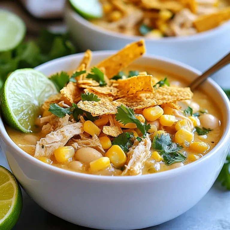 To make this tasty chili, gather the following key ingredients: - 2 cups shredded cooked chicken - 1 can (15 oz) white beans, drained and rinsed - 1 can (15 oz) corn kernels, drained - 1 small red onion, diced - 2 cloves garlic, minced - 4 cups chicken broth - 1 cup heavy cream - 1 teaspoon ground cumin - 1 teaspoon chili powder - ½ teaspoon smoked paprika - 1 teaspoon salt - ½ teaspoon black pepper - 1 cup cojita cheese, crumbled - 2 tablespoons fresh cilantro, chopped - 1 lime, juiced - Tortilla strips for garnish These ingredients create a rich and creamy base. The shredded chicken adds protein. White beans and corn give texture and flavor. The spices bring warmth and depth. You can add a few optional items to enhance your chili: - Fresh jalapeños for heat - Avocado for creaminess - Extra lime for brightness - Sour cream for tanginess These options let you customize the dish. You can adjust heat and creaminess to your taste. This chili is not just delicious; it's also healthy. Here’s a quick look at its key nutrients: - High in protein from chicken and beans - Good source of fiber from beans and corn - Contains healthy fats from heavy cream and cheese Each serving is filling and nutritious. This makes it a great choice for a family meal. {{ingredient_image_1}} Start by gathering all your ingredients. You need: - 2 cups shredded cooked chicken - 1 can (15 oz) white beans, drained and rinsed - 1 can (15 oz) corn kernels, drained - 1 small red onion, diced - 2 cloves garlic, minced - 4 cups chicken broth - 1 cup heavy cream - 1 teaspoon ground cumin - 1 teaspoon chili powder - ½ teaspoon smoked paprika - 1 teaspoon salt - ½ teaspoon black pepper - 1 cup cojita cheese, crumbled - 2 tablespoons fresh cilantro, chopped - 1 lime, juiced - Tortilla strips for garnish Now, heat a tablespoon of olive oil in a large pot over medium heat. Add the diced red onion. Sauté it for 3-4 minutes until it becomes soft and translucent. Then, add the minced garlic and cook for another minute. This step builds a strong flavor base. Next, stir in the shredded chicken, corn, white beans, chicken broth, cumin, chili powder, smoked paprika, salt, and black pepper. Bring the pot to a boil, which helps combine all the flavors. Once boiling, reduce the heat to low. Let it simmer for about 15 minutes. This allows all the flavors to meld together. After 15 minutes, add the heavy cream and lime juice. Stir well and let it simmer again for another 5 minutes. This will make your chili creamy and rich. Serve the chili hot in deep bowls. Top each bowl with crumbled cojita cheese, chopped cilantro, and crispy tortilla strips. For a pop of color, add extra lime wedges on the side. This dish not only tastes great but looks amazing too! When making Mexican street corn white chicken chili, avoid these common mistakes: - Overcooking the Chicken: Use shredded cooked chicken. Do not cook it again in the pot. - Skipping the Spices: The spices add great flavor. Don’t skip cumin and chili powder. - Too Much Cream: Heavy cream adds richness, but too much can make it heavy. Stick to one cup. - Not Simmering Long Enough: Let it simmer for at least 15 minutes. This helps flavors blend well. Here are my expert tips to ensure your chili shines: - Use Fresh Ingredients: Fresh garlic and onion boost flavor. Try not to use dried versions. - Adjust Spice Levels: Feel free to add more chili powder if you like heat. Taste as you go. - Top with Fresh Herbs: Fresh cilantro and lime juice brighten the dish. Add them just before serving. - Choose Quality Chicken Broth: A good broth makes a big difference. Look for low-sodium options for better control. To take your chili to the next level, consider these enhancements: - Add Lime Zest: A bit of lime zest brightens the flavor. Add it with the lime juice. - Try Different Cheeses: While cojita cheese is great, try crumbled feta or queso fresco for a twist. - Incorporate Vegetables: Add bell peppers or zucchini for more texture and nutrients. Sauté them with the onion. - Finish with Hot Sauce: A dash of your favorite hot sauce can add a kick at the end. Pro Tips Use Rotisserie Chicken: For quicker prep, consider using store-bought rotisserie chicken. It adds flavor and saves time on cooking. Adjust Spice Levels: If you prefer a spicier chili, add diced jalapeños or extra chili powder to taste. Customize Your Toppings: Feel free to get creative with toppings! Avocado, sour cream, or hot sauce can enhance the flavor. Make It Ahead: This chili can be made ahead of time and tastes even better the next day as the flavors develop. {{image_2}} You can easily make this chili vegetarian. Replace the shredded chicken with 2 cups of cooked quinoa or brown rice. Use vegetable broth instead of chicken broth. This keeps the dish hearty and filling. Add more veggies like bell peppers or zucchini for extra flavor. You can also add more white beans to enhance protein. For heat lovers, add fresh jalapeños. Dice 1-2 jalapeños and add them when sautéing the onions. This gives the chili a nice kick. You can also use pickled jalapeños for a tangy twist. Adjust the amount based on your spice level. This variation keeps the dish exciting and full of flavor. Want to make your chili even heartier? Consider adding 1 cup of diced potatoes or sweet corn. You can also mix in some chopped spinach or kale for added nutrition. If you enjoy extra creaminess, try stirring in more heavy cream or a dollop of sour cream before serving. These additions make your chili rich and satisfying. First, let your chili cool down. This helps keep it fresh. Transfer the chili to an airtight container. You can use glass or plastic, whichever you prefer. Store it in the fridge for up to four days. If you want to keep it longer, consider freezing it. When you are ready to enjoy your chili again, take it out of the fridge. Pour the chili into a pot over medium heat. Stir it often to help heat it evenly. You can also use a microwave if you want it fast. Just put it in a microwave-safe bowl and heat it for 1-2 minutes. Stir it halfway through. Freezing is a great way to save your chili. Use a freezer-safe container or a heavy-duty freezer bag. Leave some space at the top for the chili to expand. Label the container with the date. You can freeze it for up to three months. Thaw it in the fridge overnight when you're ready to eat. Then, reheat as mentioned above. Mexican street corn, or elote, is a popular snack. It features grilled corn on the cob. The corn is smothered in creamy sauce, often made with mayonnaise, lime juice, and chili powder. Then, it gets topped with cheese, usually cotija. This dish brings bold flavors and a crunchy texture. It’s often sold by street vendors in Mexico, making it a beloved treat. Yes, you can use fresh or frozen corn! Fresh corn gives a crisp bite. You can cut it off the cob after grilling or boiling. Frozen corn offers convenience and is just as tasty. If using frozen corn, just thaw it before adding it to the pot. Both options work well in this chili recipe. To make this chili dairy-free, swap out the heavy cream. Use coconut milk or almond milk instead. Both options add creaminess without dairy. For cheese, try a dairy-free cheese option or skip it altogether. You can still enjoy great flavor without dairy in this delicious chili. Mexican Street Corn White Chicken Chili is a fun and tasty dish. We covered the key ingredients, cooking steps, and tips for best results. You learned how to modify the recipe, whether you prefer vegetarian options or a spicy kick. Storing and reheating the chili is easy too. Try making this dish at home. Enjoy the rich flavors and warmth it brings. Happy cooking!