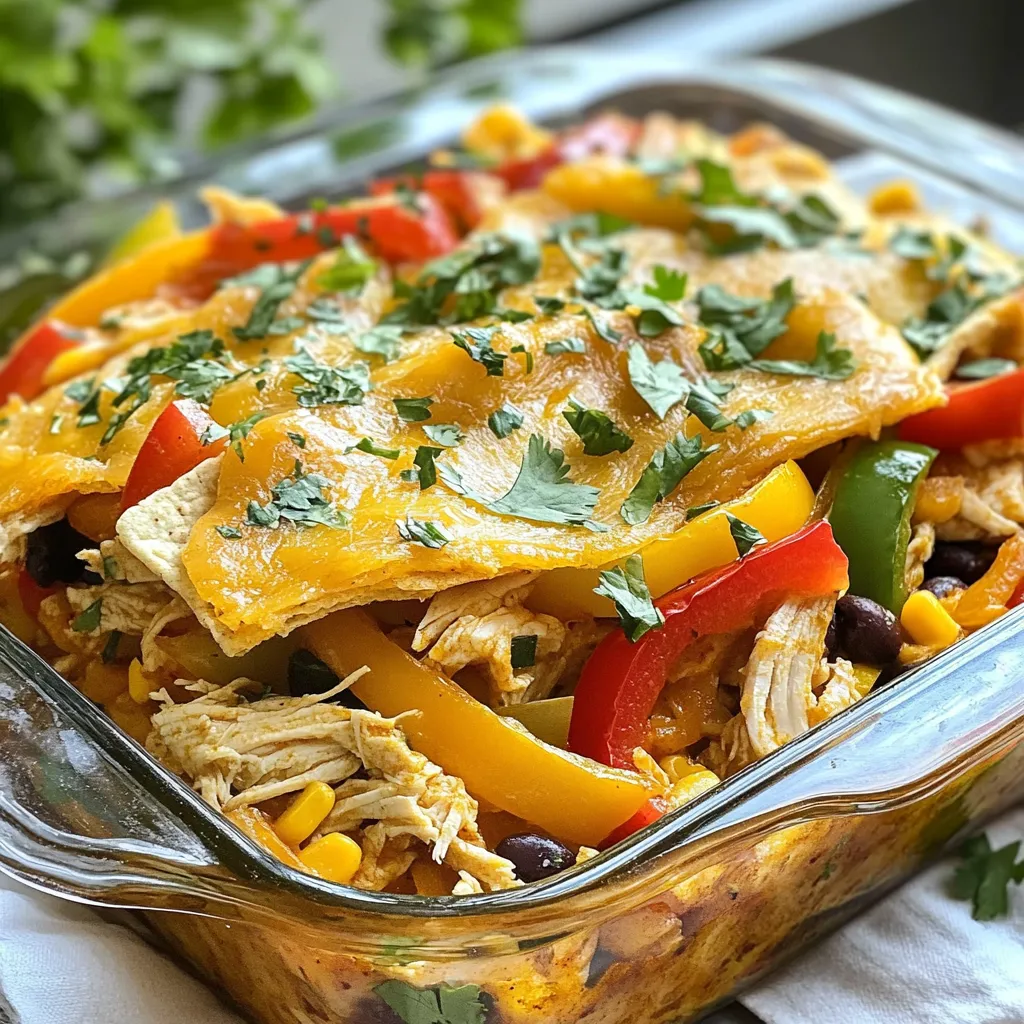 Gathering the right ingredients makes this Chicken Fajita Casserole shine. Here’s what you need: - 2 cups cooked chicken, shredded - 1 red bell pepper, sliced - 1 green bell pepper, sliced - 1 large onion, sliced - 1 can (15 oz) black beans, drained and rinsed - 1 cup corn kernels (fresh, frozen, or canned) - 1 teaspoon chili powder - 1 teaspoon cumin - 1 teaspoon paprika - 1/2 teaspoon garlic powder - 1/2 teaspoon onion powder - 1/4 teaspoon black pepper - 1 cup salsa (mild or hot, to preference) - 2 cups shredded cheese (cheddar or Mexican blend) - 6 small tortillas, cut into wedges - Fresh cilantro for garnish (optional) Each ingredient brings its own flavor. The cooked chicken gives a hearty base. Bell peppers add crunch and sweetness. The black beans bring protein and texture. Corn adds a touch of sweetness, and the spices give it that fajita kick. Salsa ties everything together with its tangy goodness, while cheese adds creaminess. Tortilla wedges create layers and soak up all the tasty juices. Don't forget the cilantro for a fresh finish! {{ingredient_image_1}} Start by preheating your oven to 375°F (190°C). This step is key. A hot oven helps the casserole cook evenly. In a large bowl, mix the following: - 2 cups cooked chicken, shredded - 1 sliced red bell pepper - 1 sliced green bell pepper - 1 sliced large onion - 1 can (15 oz) black beans, drained and rinsed - 1 cup corn kernels - 1 teaspoon chili powder - 1 teaspoon cumin - 1 teaspoon paprika - 1/2 teaspoon garlic powder - 1/2 teaspoon onion powder - 1/4 teaspoon black pepper Stir until everything is well combined. The spices will add great flavor. Grab a 9x13-inch baking dish. Spread half of the tortilla wedges on the bottom. This gives a tasty base. Then add half of the chicken and vegetable mix over the tortillas. Pour half of the salsa on top, then sprinkle a third of the cheese. Repeat this layering: the rest of the tortilla wedges, chicken mixture, salsa, and top with the remaining cheese. Cover the baking dish with aluminum foil. Bake it in the preheated oven for 25 minutes. After 25 minutes, take off the foil and bake for another 15 minutes. Watch for the cheese to bubble and turn golden. This step makes the dish extra appealing. Let the casserole cool slightly before serving. You can garnish it with fresh cilantro if you like. This adds a fresh touch. Serve it with a side salad or some guacamole for a complete meal. Enjoy the blend of flavors! Shredding chicken can be easy if you have the right tools. Use two forks. Place the chicken on a cutting board. Hold one fork in each hand. Pull the chicken apart with the forks. This method gives you nice, even pieces. You can also use your hands if the chicken is cool enough. For best results, shred the chicken while it is warm. This makes it easier to handle. You can personalize your seasoning to match your taste. If you like spice, add more chili powder or fresh jalapeños. If you prefer a milder flavor, use less spice. You can experiment with herbs like oregano or thyme. A squeeze of lime juice can add a fresh twist. Taste as you go to find what you love best. Cheese can change the taste and texture of your casserole. Cheddar brings a sharp flavor, while a Mexican blend adds a creamy touch. Try pepper jack for a spicy kick. If you want a lighter option, use reduced-fat cheese. Each choice will give your dish a different vibe. Don’t shy away from mixing cheeses for depth in flavor. Layering is key to a great casserole. Start with tortilla wedges at the bottom. This creates a strong base. Spread half of the chicken mix on top. Follow with salsa and cheese. Repeat these layers carefully. Make sure to cover everything well. This helps all the flavors blend while baking. Aim for three layers for a hearty dish. Pro Tips Use Leftover Chicken: This casserole is a perfect way to use up leftover rotisserie chicken or any cooked chicken you have on hand. Customize Your Vegetables: Feel free to swap or add any vegetables you like, such as zucchini or mushrooms, to make it even more colorful and nutritious. Spice It Up: Adjust the level of heat by choosing a spicier salsa or adding fresh jalapeños for an extra kick. Make Ahead: Prepare the casserole in advance and store it in the refrigerator. Just bake it when you're ready to serve! {{image_2}} You can easily make a vegetarian version of the chicken fajita casserole. Start by swapping the chicken for 2 cups of cooked quinoa or lentils. These options add protein and texture. Use the same mix of veggies, like bell peppers and onions. You can also add extra beans and corn for more flavor. This dish stays just as tasty without meat. If you love heat, make a spicy version! Use hot salsa instead of mild. Add a diced jalapeño or two for a kick. You can also sprinkle in some cayenne pepper or crushed red pepper flakes. These changes will make each bite exciting and full of flavor. Feel free to swap ingredients to fit your taste. Instead of black beans, try pinto beans or kidney beans. If you don't like corn, you can skip it or add diced zucchini. Use your favorite cheese, like pepper jack for a creamy heat. Adjust the spices too; add more chili powder or cumin if you enjoy bolder flavors. The beauty of this dish is its flexibility! To store your Chicken Fajita Casserole, let it cool first. Transfer it to an airtight container. This helps keep it fresh. You can also cover the baking dish with plastic wrap or foil. Stored this way, it stays good for about 3 to 4 days in the fridge. If you want to save it for later, freezing is a great option. Cut the casserole into portions. Wrap each piece tightly with plastic wrap, then foil. This prevents freezer burn. You can freeze it for up to 3 months. When you're ready to eat, just thaw it in the fridge overnight. To reheat, preheat your oven to 350°F (175°C). Place the casserole in an oven-safe dish. Cover it with foil to keep it moist. Heat for about 20-25 minutes, or until it's hot all the way through. You can also microwave it in short bursts, stirring in between. Enjoy it warm for a tasty meal! Yes, you can use rotisserie chicken. It saves time and adds great flavor. Just shred the chicken and mix it into your casserole. This option makes meal prep super easy. If you want to skip tortillas, you can use rice or even zucchini slices. Both options work well. They give a different texture but still taste great. The casserole can last about 3 to 4 days in the fridge. Make sure to store it in an airtight container. This helps keep it fresh and tasty for your next meal. Yes, you can make this dish ahead of time. Prepare everything, then cover and store it in the fridge. Bake it just before serving. This makes it a perfect meal for busy nights. You can serve this casserole with a simple salad or some tortilla chips. A dollop of sour cream or guacamole adds extra flavor, too. Enjoy your meal with fresh toppings for the best experience. This blog post covered how to make a Chicken Fajita Casserole. We explored the ingredients, step-by-step instructions, and many helpful tips. You learned about variations and how to store leftovers. This dish is easy to make and fun to eat. Feel free to get creative with the recipe and make it your own. Enjoy each bite and share it with family and friends. Use these tips to impress everyone with your cooking skills!