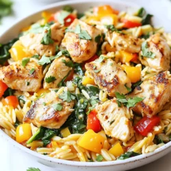- 2 boneless, skinless chicken breasts, cut into bite-sized pieces - 1 cup orzo pasta - 1 bell pepper (red or green), diced - 1 small onion, finely chopped - 2 cloves garlic, minced - 1 cup fresh spinach, chopped The chicken is the main protein in this dish. I use boneless, skinless chicken breasts for a tender bite. Cut them into small pieces for even cooking. The orzo pasta adds a fun twist. It cooks quickly and absorbs flavors well. I love to add a diced bell pepper and onion for sweetness and crunch. The garlic brings a rich aroma and taste to the mix. Fresh spinach adds color and nutrients, wilting perfectly into the warm meal. - 2 cups low-sodium chicken broth - 1 teaspoon smoked paprika - ½ teaspoon cumin - Salt and pepper to taste - 2 tablespoons olive oil For seasoning, I use smoked paprika and cumin to create warmth. These spices give depth without overpowering the dish. Low-sodium chicken broth helps to keep the meal flavorful but not too salty. It also keeps the orzo tender. I always add a pinch of salt and pepper to enhance all the flavors. Olive oil is my choice for sautéing. It adds richness and helps cook the veggies and chicken evenly. - 1 cup Monterey Jack cheese, shredded - Fresh cilantro or parsley for garnish I sprinkle Monterey Jack cheese on top before serving. It melts beautifully and adds creaminess. Fresh herbs, like cilantro or parsley, give a nice pop of color and flavor. They also brighten the dish and make it look more inviting. These garnishing elements turn a simple meal into something special. {{ingredient_image_1}} - Sautéing Onions and Peppers Heat 2 tablespoons of olive oil in a large skillet over medium heat. Add 1 small, finely chopped onion and 1 diced bell pepper to the pan. Cook them for about 3-4 minutes until they turn soft and translucent. - Adding Garlic Next, add 2 minced cloves of garlic to the skillet. Sauté for another minute until the garlic smells fragrant. This step builds a strong flavor base for the dish. - Seasoning Techniques Take 2 boneless, skinless chicken breasts and cut them into bite-sized pieces. Season the chicken with 1 teaspoon smoked paprika, ½ teaspoon cumin, salt, and pepper. This will add depth to the chicken’s flavor. - Browning Process Raise the heat to medium-high and add the seasoned chicken to the skillet. Cook for about 5-6 minutes until the chicken browns on all sides. This step locks in moisture and flavor. - Adding Broth and Orzo Pour in 2 cups of low-sodium chicken broth and bring it to a simmer. Once simmering, stir in 1 cup of orzo pasta. This pasta will absorb the broth, adding flavor and texture. - Simmering Techniques Reduce the heat to medium-low and cover the skillet. Cook for about 10-12 minutes. Stir occasionally to prevent the orzo from sticking to the bottom. Check if the orzo is tender and has absorbed most of the liquid. - Incorporating Spinach Once the orzo is cooked, fold in 1 cup of chopped fresh spinach. Let it wilt in the warm skillet, adding color and nutrients to your dish. - Melting the Cheese Top the dish with 1 cup of shredded Monterey Jack cheese. Cover the skillet for about a minute until the cheese melts and becomes bubbly. This gives a rich, creamy finish to the meal. Avoiding Overcooked Orzo To keep your orzo from overcooking, stir it often. After you add the orzo to the broth, set a timer for 10 minutes. Check it every few minutes. You want it tender but not mushy. Ensuring Evenly Cooked Chicken Cut the chicken into small, bite-sized pieces. This helps it cook evenly. When you add it to the skillet, make sure it gets nice and brown on all sides. This will lock in the flavor and keep it juicy. Additional Seasonings to Consider You can add more flavor with herbs like thyme or basil. A squeeze of lemon can brighten the dish. If you like spice, try adding a pinch of red pepper flakes. These little changes can make a big difference. Storing Leftover Broth If you have leftover broth, store it in a jar. Keep it in the fridge for up to a week. You can use it for soups or sauces later. Just make sure to label the jar with the date. Stylish Garnishing Ideas Garnish your dish with fresh cilantro or parsley. This adds color and a fresh taste. You can also sprinkle some extra cheese on top for a nice touch. Serving Suggestions Serve the skillet in the pan for a family-style meal. Pair it with a simple salad or bread. This makes the meal feel special and inviting. Pro Tips Cook Chicken Thoroughly: Ensure that the chicken is fully cooked by checking that it reaches an internal temperature of 165°F (75°C) for food safety. Stir Occasionally: Stirring the orzo occasionally while it cooks helps prevent it from sticking to the bottom of the skillet and ensures even cooking. Customize Your Veggies: Feel free to add other vegetables such as zucchini, mushrooms, or cherry tomatoes for added flavor and nutrition. Let It Rest: Allow the skillet to sit for a few minutes after cooking to enhance the flavors and make serving easier. {{image_2}} You can swap chicken for other proteins. Try turkey, shrimp, or tofu. Each choice gives a new taste. Chicken cooks fast, but shrimp takes less time. Tofu needs longer to soak in flavors. Adjust your cooking times as needed. Feel free to change the veggies in this dish. Instead of bell peppers, use zucchini, carrots, or broccoli. You can even add mushrooms for a meatier bite. Mix and match based on what you have at home. For a gluten-free version, choose gluten-free orzo. Many brands offer tasty alternatives. Just make sure to check the package for cooking times. You can also use rice or quinoa for a great base. To make this dish vegan, skip the chicken and cheese. Replace chicken with chickpeas or lentils. Use nutritional yeast for a cheesy flavor without dairy. Substitute vegetable broth for chicken broth to keep it plant-based. Want some heat? Add red pepper flakes or diced jalapeños. You can also use a spicy cheese blend. This twist brings a kick to every bite. Adjust the amount to suit your spice level. If you love cheese, mix it up! Try cheddar, feta, or pepper jack. Each cheese adds a unique taste. Just remember, melting points may vary, so keep an eye on the skillet. - How Long to Keep Leftovers You can keep leftover Monterey Chicken Orzo Skillet in the fridge for up to three days. Store it in a cool place to keep it fresh. - Storage Containers to Use Use airtight containers to store your leftovers. Glass containers are great because they won’t stain or hold odors. If you use plastic, ensure it is BPA-free. - Best Practices for Freezing For freezing, let the dish cool first. Then, portion it into airtight freezer bags. Make sure to squeeze out excess air to prevent freezer burn. - Thawing and Reheating Instructions To thaw, place the frozen bag in the fridge overnight. You can also use the microwave to thaw it quickly. - Best Methods for Reheating The best way to reheat Monterey Chicken Orzo Skillet is on the stove. Use low heat and stir often. You can also use a microwave, but cover it to keep moisture in. - Ensuring Quality When Reheated Add a splash of chicken broth or water while reheating. This helps keep the dish moist and tasty. Stir well to combine all flavors again. It takes just 30 minutes to cook this dish. Here's the breakdown: - Prep Time: 10 minutes - Cook Time: 20 minutes This quick time makes it perfect for busy weeknights. You can enjoy a tasty meal without spending hours in the kitchen. Yes, you can prepare the Monterey Chicken Orzo Skillet ahead of time. Here are some tips: - Prep Ahead: Cut the chicken and veggies the night before. Store them in the fridge. - Cook and Store: You can cook the dish and store it in an airtight container. It stays fresh for up to 3 days. - Reheat: When ready to eat, just reheat in a pan over medium heat. Add a splash of broth if it looks dry. This dish pairs well with several side options: - Green Salad: A simple green salad adds freshness. - Garlic Bread: Crunchy garlic bread makes a great match. - Steamed Veggies: Steamed broccoli or green beans add color and nutrition. These sides enhance the meal and make it even more satisfying. Enjoy your cooking! This blog post covered the key parts of making a Monterey Chicken Orzo Skillet. We explored the main ingredients like chicken, orzo, and fresh veggies. You learned how to season and cook everything perfectly. I shared tips for avoiding overcooked orzo and keeping chicken juicy. Plus, you discovered fun ways to customize the dish. Feel free to get creative with flavors or modify for your diet. Remember, cooking is about enjoying the process. Happy cooking!
