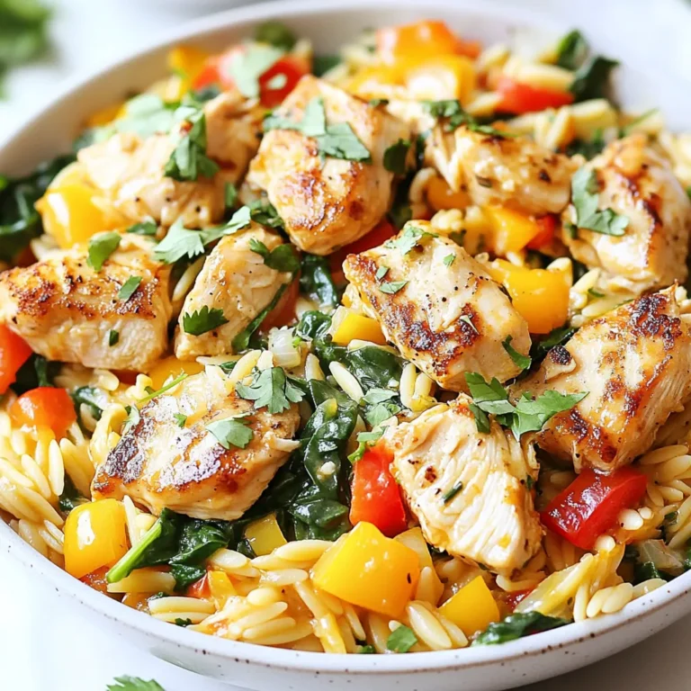- 2 boneless, skinless chicken breasts, cut into bite-sized pieces - 1 cup orzo pasta - 1 bell pepper (red or green), diced - 1 small onion, finely chopped - 2 cloves garlic, minced - 1 cup fresh spinach, chopped The chicken is the main protein in this dish. I use boneless, skinless chicken breasts for a tender bite. Cut them into small pieces for even cooking. The orzo pasta adds a fun twist. It cooks quickly and absorbs flavors well. I love to add a diced bell pepper and onion for sweetness and crunch. The garlic brings a rich aroma and taste to the mix. Fresh spinach adds color and nutrients, wilting perfectly into the warm meal. - 2 cups low-sodium chicken broth - 1 teaspoon smoked paprika - ½ teaspoon cumin - Salt and pepper to taste - 2 tablespoons olive oil For seasoning, I use smoked paprika and cumin to create warmth. These spices give depth without overpowering the dish. Low-sodium chicken broth helps to keep the meal flavorful but not too salty. It also keeps the orzo tender. I always add a pinch of salt and pepper to enhance all the flavors. Olive oil is my choice for sautéing. It adds richness and helps cook the veggies and chicken evenly. - 1 cup Monterey Jack cheese, shredded - Fresh cilantro or parsley for garnish I sprinkle Monterey Jack cheese on top before serving. It melts beautifully and adds creaminess. Fresh herbs, like cilantro or parsley, give a nice pop of color and flavor. They also brighten the dish and make it look more inviting. These garnishing elements turn a simple meal into something special. {{ingredient_image_1}} - Sautéing Onions and Peppers Heat 2 tablespoons of olive oil in a large skillet over medium heat. Add 1 small, finely chopped onion and 1 diced bell pepper to the pan. Cook them for about 3-4 minutes until they turn soft and translucent. - Adding Garlic Next, add 2 minced cloves of garlic to the skillet. Sauté for another minute until the garlic smells fragrant. This step builds a strong flavor base for the dish. - Seasoning Techniques Take 2 boneless, skinless chicken breasts and cut them into bite-sized pieces. Season the chicken with 1 teaspoon smoked paprika, ½ teaspoon cumin, salt, and pepper. This will add depth to the chicken’s flavor. - Browning Process Raise the heat to medium-high and add the seasoned chicken to the skillet. Cook for about 5-6 minutes until the chicken browns on all sides. This step locks in moisture and flavor. - Adding Broth and Orzo Pour in 2 cups of low-sodium chicken broth and bring it to a simmer. Once simmering, stir in 1 cup of orzo pasta. This pasta will absorb the broth, adding flavor and texture. - Simmering Techniques Reduce the heat to medium-low and cover the skillet. Cook for about 10-12 minutes. Stir occasionally to prevent the orzo from sticking to the bottom. Check if the orzo is tender and has absorbed most of the liquid. - Incorporating Spinach Once the orzo is cooked, fold in 1 cup of chopped fresh spinach. Let it wilt in the warm skillet, adding color and nutrients to your dish. - Melting the Cheese Top the dish with 1 cup of shredded Monterey Jack cheese. Cover the skillet for about a minute until the cheese melts and becomes bubbly. This gives a rich, creamy finish to the meal. Avoiding Overcooked Orzo To keep your orzo from overcooking, stir it often. After you add the orzo to the broth, set a timer for 10 minutes. Check it every few minutes. You want it tender but not mushy. Ensuring Evenly Cooked Chicken Cut the chicken into small, bite-sized pieces. This helps it cook evenly. When you add it to the skillet, make sure it gets nice and brown on all sides. This will lock in the flavor and keep it juicy. Additional Seasonings to Consider You can add more flavor with herbs like thyme or basil. A squeeze of lemon can brighten the dish. If you like spice, try adding a pinch of red pepper flakes. These little changes can make a big difference. Storing Leftover Broth If you have leftover broth, store it in a jar. Keep it in the fridge for up to a week. You can use it for soups or sauces later. Just make sure to label the jar with the date. Stylish Garnishing Ideas Garnish your dish with fresh cilantro or parsley. This adds color and a fresh taste. You can also sprinkle some extra cheese on top for a nice touch. Serving Suggestions Serve the skillet in the pan for a family-style meal. Pair it with a simple salad or bread. This makes the meal feel special and inviting. Pro Tips Cook Chicken Thoroughly: Ensure that the chicken is fully cooked by checking that it reaches an internal temperature of 165°F (75°C) for food safety. Stir Occasionally: Stirring the orzo occasionally while it cooks helps prevent it from sticking to the bottom of the skillet and ensures even cooking. Customize Your Veggies: Feel free to add other vegetables such as zucchini, mushrooms, or cherry tomatoes for added flavor and nutrition. Let It Rest: Allow the skillet to sit for a few minutes after cooking to enhance the flavors and make serving easier. {{image_2}} You can swap chicken for other proteins. Try turkey, shrimp, or tofu. Each choice gives a new taste. Chicken cooks fast, but shrimp takes less time. Tofu needs longer to soak in flavors. Adjust your cooking times as needed. Feel free to change the veggies in this dish. Instead of bell peppers, use zucchini, carrots, or broccoli. You can even add mushrooms for a meatier bite. Mix and match based on what you have at home. For a gluten-free version, choose gluten-free orzo. Many brands offer tasty alternatives. Just make sure to check the package for cooking times. You can also use rice or quinoa for a great base. To make this dish vegan, skip the chicken and cheese. Replace chicken with chickpeas or lentils. Use nutritional yeast for a cheesy flavor without dairy. Substitute vegetable broth for chicken broth to keep it plant-based. Want some heat? Add red pepper flakes or diced jalapeños. You can also use a spicy cheese blend. This twist brings a kick to every bite. Adjust the amount to suit your spice level. If you love cheese, mix it up! Try cheddar, feta, or pepper jack. Each cheese adds a unique taste. Just remember, melting points may vary, so keep an eye on the skillet. - How Long to Keep Leftovers You can keep leftover Monterey Chicken Orzo Skillet in the fridge for up to three days. Store it in a cool place to keep it fresh. - Storage Containers to Use Use airtight containers to store your leftovers. Glass containers are great because they won’t stain or hold odors. If you use plastic, ensure it is BPA-free. - Best Practices for Freezing For freezing, let the dish cool first. Then, portion it into airtight freezer bags. Make sure to squeeze out excess air to prevent freezer burn. - Thawing and Reheating Instructions To thaw, place the frozen bag in the fridge overnight. You can also use the microwave to thaw it quickly. - Best Methods for Reheating The best way to reheat Monterey Chicken Orzo Skillet is on the stove. Use low heat and stir often. You can also use a microwave, but cover it to keep moisture in. - Ensuring Quality When Reheated Add a splash of chicken broth or water while reheating. This helps keep the dish moist and tasty. Stir well to combine all flavors again. It takes just 30 minutes to cook this dish. Here's the breakdown: - Prep Time: 10 minutes - Cook Time: 20 minutes This quick time makes it perfect for busy weeknights. You can enjoy a tasty meal without spending hours in the kitchen. Yes, you can prepare the Monterey Chicken Orzo Skillet ahead of time. Here are some tips: - Prep Ahead: Cut the chicken and veggies the night before. Store them in the fridge. - Cook and Store: You can cook the dish and store it in an airtight container. It stays fresh for up to 3 days. - Reheat: When ready to eat, just reheat in a pan over medium heat. Add a splash of broth if it looks dry. This dish pairs well with several side options: - Green Salad: A simple green salad adds freshness. - Garlic Bread: Crunchy garlic bread makes a great match. - Steamed Veggies: Steamed broccoli or green beans add color and nutrition. These sides enhance the meal and make it even more satisfying. Enjoy your cooking! This blog post covered the key parts of making a Monterey Chicken Orzo Skillet. We explored the main ingredients like chicken, orzo, and fresh veggies. You learned how to season and cook everything perfectly. I shared tips for avoiding overcooked orzo and keeping chicken juicy. Plus, you discovered fun ways to customize the dish. Feel free to get creative with flavors or modify for your diet. Remember, cooking is about enjoying the process. Happy cooking!