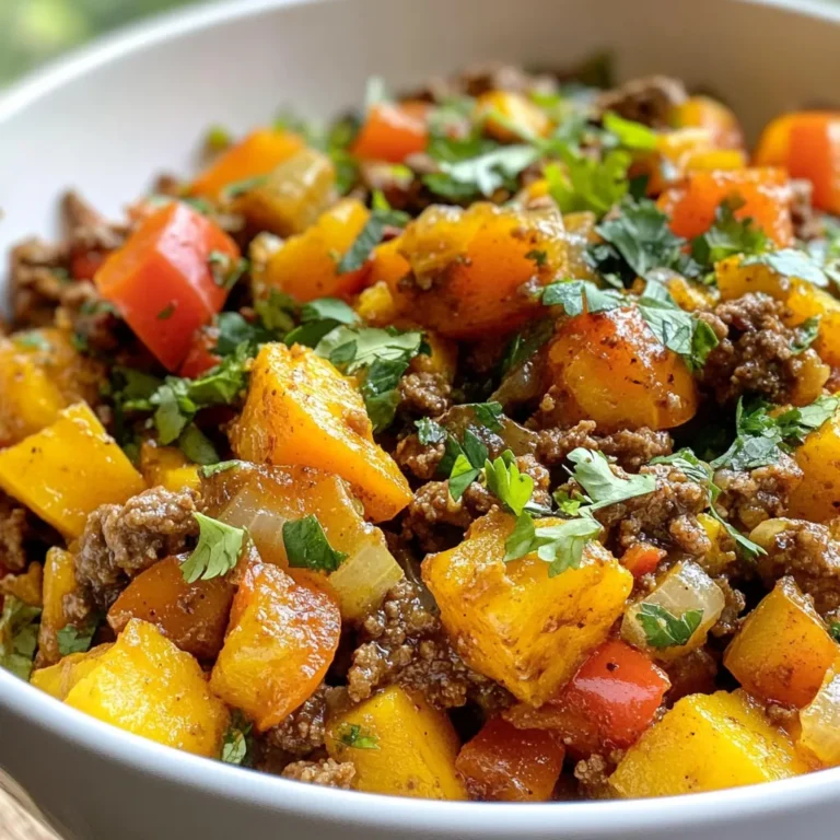 For this dish, you need: - 1 lb ground beef (80% lean) - 2 medium sweet potatoes, peeled and diced - 1 bell pepper (red or yellow), chopped - 1 small onion, diced - 2 cloves garlic, minced This blend of beef and veggies gives you a nice mix of flavors. The sweet potatoes add a natural sweetness that works well with the beef. To bring out the flavors, gather these spices: - 1 teaspoon smoked paprika - 1 teaspoon cumin - 1/2 teaspoon chili powder - Salt and pepper to taste These spices give depth to the dish. The smoked paprika adds warmth, while cumin brings an earthy tone. For a fresh touch, consider: - Fresh cilantro for garnish (optional) Cilantro adds a bright flavor and a pop of color. You can skip it if you prefer. {{ingredient_image_1}} Start by grabbing a large skillet. Heat 2 tablespoons of olive oil over medium heat. The oil will help cook the veggies and beef nicely. Next, add the diced onion and chopped bell pepper to the skillet. Sauté these for about 3-4 minutes. You want them to soften a bit but not brown. Then, stir in 2 cloves of minced garlic. Cook for another minute until it smells great. This will give your dish a nice flavor base. Now, push the veggies to one side of the skillet. Add 1 pound of ground beef to the empty side. Use a spatula to break the beef apart as it cooks. Keep cooking until it turns brown, about 5-6 minutes. If there's extra grease, drain it. Season the beef with smoked paprika, cumin, chili powder, salt, and pepper. Mix everything well to ensure the flavors blend. Finally, add 2 medium sweet potatoes that you peeled and diced. Stir everything together in the skillet. Cover it with a lid, and lower the heat. Let it cook for about 10-12 minutes. This will steam the sweet potatoes and make them tender. Stir occasionally to cook evenly. Once they are soft, give it a final stir and check for seasoning. Then, remove it from the heat. If you like, add fresh cilantro on top before serving. Enjoy your meal hot from the skillet! Cook the sweet potatoes until they are soft. This usually takes 10 to 12 minutes on low heat. Stir occasionally to help them cook evenly. If you want a quicker option, you can microwave the diced sweet potatoes for about 5 minutes before adding them to the skillet. This will cut down your cooking time significantly. Add depth to your dish with extra spices. Try adding a pinch of cayenne for heat, or a splash of soy sauce for umami. Fresh herbs, like parsley or basil, can also brighten the flavors. If you want a smoky taste, consider adding a bit more smoked paprika. Always taste as you go to find the right balance for your palate. Use a large skillet for even cooking. A non-stick skillet makes it easy to stir and prevents sticking. Make sure you have a good spatula for breaking up the beef. A sharp knife will help when chopping vegetables. Lastly, a lid is essential for steaming the sweet potatoes. This will keep them tender and delicious. Pro Tips Tip Title: Use Fresh Ingredients: Fresh vegetables and herbs can significantly enhance the flavor of your dish. Always opt for fresh over frozen when possible. Tip Title: Adjust Spices to Taste: Everyone’s palate is different! Start with smaller amounts of spices and adjust to your liking as you cook. Tip Title: Sauté for Flavor: Sautéing garlic and onions before adding the meat adds depth to the flavor of the dish. Don’t rush this step! Tip Title: Perfect Sweet Potato Texture: To ensure your sweet potatoes cook evenly, try cutting them into uniform pieces. This helps them cook through at the same rate. {{image_2}} You can change the protein in this dish easily. Try using ground turkey for a leaner option. Ground chicken works well, too. If you want a meat-free meal, use lentils or black beans. Both add great texture and protein. Tofu is another good choice. Just make sure to press it first to remove extra water. This way, it will soak up all the flavors. You can mix in other veggies for more flavor and color. Zucchini adds a nice crunch. Broccoli florets can give a healthy boost. Carrots are sweet and colorful. You can even use frozen mixed veggies if you're in a hurry. Just toss them in with the sweet potatoes. They will cook down nicely and add variety. Changing the spices can give this dish a whole new vibe. For a southwest flair, try taco seasoning instead of the spices listed. Italian seasoning can provide a fresh taste, especially with tomatoes. Curry powder can lend an exotic twist. Feel free to experiment with your favorite spice blends to make it unique. Just remember to taste as you go to balance the flavors. You can keep your Ground Beef Sweet Potato Skillet in the fridge. Store it in an airtight container. It will stay fresh for up to three days. Make sure the dish cools down before you seal it. This way, it won’t get soggy. To freeze this meal, let it cool completely first. Then, place it in a freezer-safe container. It will last for about three months in the freezer. For best results, label the container with the date. When you're ready to eat, move it to the fridge to thaw overnight. Reheat the skillet on the stove over medium heat. Add a splash of water or broth to keep it moist. Stir occasionally until it heats through. You can also use the microwave. Just cover the bowl and heat in short bursts, stirring in between. This keeps the flavors bright and the sweet potatoes tender. To make a healthier version, you can swap the ground beef for lean turkey or chicken. Use sweet potatoes, as they are full of vitamins. You can also add more veggies like spinach or zucchini for extra fiber. Using less oil will cut down on fat. Finally, try using less salt and more herbs to keep the flavor strong. Yes, you can make this dish ahead of time. Prepare it and let it cool down. Then, store it in the fridge for up to three days. When ready to eat, just reheat it in a skillet or microwave. This makes it great for meal prep or busy nights. You can serve this dish with a side salad for freshness. A dollop of sour cream or Greek yogurt adds creaminess. For a crunchy twist, serve with tortilla chips. You can also pair it with avocado slices for a healthy fat boost. Enjoy it however you like! In this post, we explored a tasty Ground Beef Sweet Potato Skillet. We covered the key ingredients like beef, veggies, spices, and garnishes. Next, we walked through each step, from prepping the skillet to perfecting the dish. I shared tips on cooking times and flavor boosts. You can also try variations with different proteins and vegetables. Finally, I provided storage tips to keep your meal fresh. Enjoy making this dish, and feel free to experiment with your own twists!