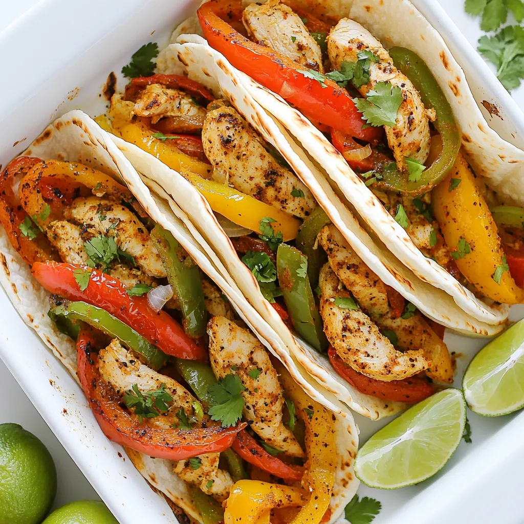 To make Minute Sheet Pan Chicken Fajitas, gather these key items: - 1 lb boneless, skinless chicken breasts, thinly sliced - 1 red bell pepper, sliced - 1 green bell pepper, sliced - 1 yellow onion, sliced - 3 tablespoons olive oil - 2 tablespoons fajita seasoning - 1 lime, juiced - Salt and pepper to taste - Flour or corn tortillas, for serving These simple ingredients come together to create a tasty meal that is quick and easy. You can enhance your fajitas with these tasty toppings: - Sour cream - Avocado - Fresh cilantro, chopped These extras add flavor and texture. They also let you customize each bite. Besides the fajita seasoning, you might want to consider these: - Cumin - Paprika - Garlic powder - Onion powder These spices boost the overall flavor. Adjust the amounts to fit your taste. {{ingredient_image_1}} Start by gathering your ingredients. You need: - 1 lb boneless, skinless chicken breasts, thinly sliced - 1 red bell pepper, sliced - 1 green bell pepper, sliced - 1 yellow onion, sliced - 3 tablespoons olive oil - 2 tablespoons fajita seasoning - 1 lime, juiced - Salt and pepper to taste - Fresh cilantro, chopped - Flour or corn tortillas for serving - Sour cream and avocado for optional toppings Next, preheat your oven to 425°F (220°C). This step is key to getting your fajitas crispy and delicious. In a large bowl, combine the chicken and sliced veggies. Drizzle the olive oil over the mix. Now, sprinkle in the fajita seasoning, lime juice, salt, and pepper. Toss everything together well. You want every piece of chicken and veggie coated for the best flavor. Spread the chicken and veggie mix evenly on a large sheet pan. Make sure not to crowd the pan. This allows the mix to roast instead of steam. Bake in the preheated oven for about 20 minutes. Stir halfway through this time. This helps everything cook evenly. The chicken should be cooked through, and the veggies should be tender and slightly charred. After 20 minutes, take the pan out of the oven. Let it rest for a couple of minutes. This helps the juices settle in the chicken. To serve, warm your tortillas. Place the chicken and veggies in the middle of each tortilla. Garnish with fresh cilantro. If you like, add sour cream and avocado on top. This dish is colorful, tasty, and sure to please. Enjoy your quick and easy sheet pan chicken fajitas! To cook chicken well, slice it thinly. Thin slices cook faster and stay juicy. Use a meat thermometer to check the temperature. Aim for 165°F (74°C). This keeps your chicken safe to eat. Remember to toss the chicken halfway through cooking. This helps it cook evenly. For great fajitas, use colorful veggies. Red and green bell peppers add crunch and taste. Yellow onion adds sweetness. You can also try zucchini or mushrooms. Feel free to mix in corn for extra texture. Always cut your veggies into similar sizes for even cooking. Marinades add depth to your chicken. A simple mix of lime juice and olive oil works well. You can also add garlic for more flavor. Let the chicken marinate for 15-30 minutes. This time allows the flavors to soak in. If you’re short on time, you can skip this step, but marinating helps a lot! Pro Tips Marinate for Extra Flavor: For even more flavorful chicken, consider marinating the sliced chicken in the fajita seasoning and lime juice for at least 30 minutes before cooking. This allows the flavors to penetrate the meat. Use Fresh Ingredients: Using fresh, high-quality vegetables will enhance the overall taste and texture of your fajitas. Look for vibrant bell peppers and firm onions. Customize Your Seasoning: Feel free to adjust the amount of fajita seasoning to suit your taste. If you like it spicier, add some cayenne pepper or a chopped jalapeño to the mix. Serve with a Variety of Toppings: Offering a range of toppings such as salsa, cheese, or pickled onions can elevate your fajitas and allow everyone to customize their meal. {{image_2}} You can easily make this dish meat-free. Just swap the chicken for your favorite veggies. Use sliced mushrooms, zucchini, or eggplant. They add great flavors. Don't forget to keep the bell peppers and onions. Toss them all with olive oil and fajita seasoning. Bake as usual, and enjoy a colorful veggie feast. For a kick, add jalapeños to your fajitas. Slice fresh jalapeños and mix them in with the chicken and veggies. Adjust the amount based on your spice level. You can also use pickled jalapeños for a tangy twist. These spicy fajitas will wake up your taste buds. Mixing proteins can bring new flavors. Try using shrimp, steak, or even tofu. Just be sure to adjust the cooking time. Shrimp cooks fast, while steak needs a bit longer. The blend adds variety and makes every bite exciting. You can create a fajita feast that pleases everyone. After enjoying your Minute Sheet Pan Chicken Fajitas, store any leftovers right away. Place them in an airtight container. This keeps the chicken and veggies fresh. You can store them in the fridge for up to three days. Make sure to let the food cool before sealing it. When you are ready to eat the leftovers, reheat them with care. The best way is to use the oven. Preheat the oven to 350°F (175°C). Spread the fajitas on a baking sheet. Heat for about 10 to 15 minutes. This warms them evenly without drying them out. You can also use the microwave. Place the fajitas in a microwave-safe dish. Cover it with a damp paper towel. Heat in 30-second intervals, stirring in between. If you want to save fajitas for later, freezing is a great option. First, cool the leftovers completely. Then, place them in a freezer-safe container or bag. Make sure to remove as much air as possible. Label the bag with the date. You can freeze them for up to three months. When you want to enjoy them again, thaw in the fridge overnight. Reheat as mentioned above for the best taste. Yes, you can use frozen chicken. However, I suggest thawing it first. Frozen chicken may not cook evenly. Thaw it in the fridge overnight or use the microwave. Once thawed, slice it thinly. This helps the chicken cook fast and stay juicy. I recommend using 8-inch tortillas. They fit perfectly with the chicken and veggies. If you want smaller bites, go for 6-inch tortillas. Flour or corn works great. Choose what you like best. Either way, they will hold all the yummy flavors. To make this dish gluten-free, use corn tortillas. They are a great substitute for flour tortillas. Always check labels on fajita seasoning. Some may contain gluten. You can also make your own seasoning with spices like cumin, paprika, and garlic powder. This way, you control the ingredients. You learned about fajitas from ingredients to storage. We covered how to prep, cook, and serve them. I shared tips for the best chicken and veggies. You also saw fun variations like vegetarian and spicy options. Finally, I explained how to store and reheat leftovers. Try these ideas next time you cook. Fajitas are worth the effort for their flavor. Enjoy making them your own!