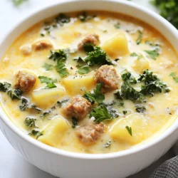 - 1 lb Italian sausage, casings removed - 1 medium onion, diced - 3 cloves garlic, minced - 4 cups kale, chopped - 4 medium potatoes, diced - 6 cups chicken broth - 1 cup heavy cream - 1 teaspoon red pepper flakes (adjust to taste) - Salt and pepper to taste - 2 tablespoons olive oil - Fresh parsley, chopped (for garnish) When you make Zuppa Toscana, use these fresh ingredients. The Italian sausage gives the soup its rich flavor. I like to use a good quality sausage for the best taste. Next, diced onion and minced garlic add depth and aroma. You’ll want some kale for a pop of green. The kale wilts perfectly into the broth. Diced potatoes add heartiness and texture. I prefer using Yukon Gold potatoes for their creaminess. Chicken broth is key for a savory base. Heavy cream gives the soup a nice, creamy finish. You can adjust the amount of red pepper flakes for your spice level. Finally, season with salt and pepper to taste. Don’t forget fresh parsley for a lovely garnish. This mix of ingredients makes Zuppa Toscana a warm and hearty meal. {{ingredient_image_1}} Start your Zuppa Toscana by heating 2 tablespoons of olive oil in a large pot over medium heat. Once the oil is hot, add 1 medium diced onion. Sauté it until it turns soft and clear, about 3 to 4 minutes. Next, add 3 minced garlic cloves to the pot. Stir it all together for a minute. Now, it is time to add the 1 pound of Italian sausage. Cook the sausage until it is well-browned. Break it up into small pieces as it cooks to ensure even flavor. Once the sausage is browned, toss in 4 diced medium potatoes and 6 cups of chicken broth. Stir the mixture well and bring it to a boil. After it boils, lower the heat and let it simmer. Cook until the potatoes are soft, which takes about 15 to 20 minutes. This step fills your kitchen with a warm, hearty aroma. Now, it’s time to make your soup shine! Add 4 cups of chopped kale and 1 teaspoon of red pepper flakes. Stir the mix and let it cook for 5 more minutes. This will wilt the kale and add a nice kick. Finally, pour in 1 cup of heavy cream. Stir everything together and let it heat for another 5 minutes. Don’t forget to taste and add salt and pepper as needed. Serve your Zuppa Toscana hot, garnished with fresh chopped parsley for a pop of color. Enjoy the delicious warmth of this Italian comfort soup! Choosing the right Italian sausage is key. I prefer using spicy sausage for a kick. Sweet sausage works if you want milder soup. Mix both for a balanced taste. The flavor of the sausage shapes the whole dish. Adjusting spice levels with red pepper flakes is easy. Start with one teaspoon, then taste. Add more if you like heat. Remember, you can always add more spice, but you can't take it out. Ensuring the right texture for potatoes and kale is crucial. Cut potatoes into small pieces so they cook evenly. Aim for fork-tender potatoes, not mushy. For the kale, add it near the end. This keeps it bright and vibrant. Tips for reheating for best results include using the stovetop. Heat slowly to prevent burning. Add a splash of cream or broth if it thickens too much. This keeps the soup creamy and smooth. Pro Tips Use Fresh Ingredients: Fresh kale and high-quality Italian sausage will elevate the flavor of your Zuppa Toscana significantly. Adjust the Spice: Feel free to modify the amount of red pepper flakes according to your heat preference for a customized kick. Thicken the Soup: For a thicker consistency, mash some of the potatoes against the side of the pot before adding the cream. Garnish with Care: A sprinkle of fresh parsley not only adds color but also enhances the freshness of the dish. {{image_2}} You can change up the greens in Zuppa Toscana. Instead of kale, try spinach or Swiss chard. These greens add their own unique taste. You can also mix in some broccoli or green beans for extra crunch. For sausage, use turkey or chicken sausage if you want a lighter dish. You can even try spicy sausage for a kick. If you want a meatless option, use mushrooms for a hearty texture. To make Zuppa Toscana gluten-free, choose a gluten-free broth. Most broths are naturally gluten-free, but always check the label. You can also use gluten-free pasta instead of potatoes for a twist. For a dairy-free version, swap heavy cream with coconut cream or cashew cream. Both options offer a creamy base without dairy. If you want a vegan variant, skip the sausage and cream. Use vegetable broth and add more veggies for flavor. Try lentils or beans for protein. To keep your Zuppa Toscana fresh, store it in a sealed container. Let it cool down first. Place it in the fridge for up to three days. If you want to keep it longer, freeze it. Pour the soup into freezer-safe bags or containers. Lay the bags flat for easy stacking. Zuppa Toscana can last up to three months in the freezer. Just remember to label your containers with the date. When you're ready to enjoy leftovers, you can reheat it on the stovetop or in the microwave. For the stovetop, pour the soup into a pot. Heat it over medium heat, stirring often. This keeps the soup from sticking and helps it heat evenly. It should take about 10 minutes to warm through. If you prefer the microwave, use a microwave-safe bowl. Cover it with a microwave-safe lid or wrap. Heat it in intervals of one minute, stirring in between. This helps it warm evenly. Make sure it's hot all the way through before eating. Aim for a temperature of at least 165°F to ensure food safety. Enjoy your comforting soup again! Zuppa Toscana is a hearty Italian soup. It comes from the Tuscany region. This dish combines Italian sausage, potatoes, kale, and cream. The mix of flavors warms you up on cold days. It has a rich taste, thanks to the sausage and cream. You can find this soup in many Italian restaurants. To lower calories in Zuppa Toscana, consider these tips: - Use ground turkey instead of Italian sausage. - Replace heavy cream with a lighter option, like half-and-half or almond milk. - Add more vegetables, such as carrots or zucchini, to boost fiber. - Reduce the amount of olive oil when sautéing. - Use low-sodium chicken broth to cut down on salt. These changes keep the flavor while making it lighter. Yes, you can meal prep Zuppa Toscana with ease. Here are some tips: - Cook the soup and let it cool completely. - Store it in airtight containers in the fridge for up to three days. - For longer storage, freeze the soup for up to three months. - When ready to eat, reheat on the stovetop or microwave. - If freezing, leave out the cream until you heat it up. This keeps the texture nice. Meal prepping makes this comforting soup easy to enjoy anytime. Zuppa Toscana is a hearty and flavorful soup that combines simple ingredients like Italian sausage, kale, and potatoes. You learned how to prepare the base, cook the soup, and add finishing touches to make it rich and satisfying. I also shared tips for flavor, texture, and storage. Remember, you can customize this dish to fit your taste or dietary needs. Whether you enjoy a traditional version or a twist, Zuppa Toscana is easy to love and share. Enjoy making it your own!