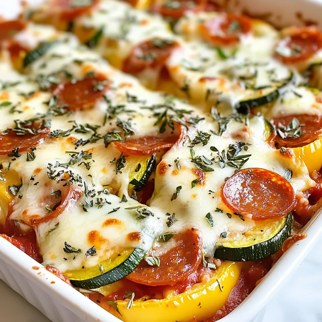 - 4 medium zucchini, sliced - 1 cup marinara sauce - 1 cup mozzarella cheese, shredded - 1/2 cup pepperoni slices (or veggie pepperoni for a vegetarian option) - 1/2 cup bell peppers, diced (red and green) - 1/4 cup onion, finely chopped - 2 cloves garlic, minced - 1 teaspoon dried oregano - 1 teaspoon dried basil - Salt and pepper to taste - 1/2 cup Parmesan cheese, grated - Olive oil for greasing the baking dish - Fresh basil or parsley - 9x13 inch baking dish - Skillet - Aluminum foil - Knife and cutting board To make Zucchini Pizza Casserole, you need fresh ingredients. Choose medium zucchinis that feel firm to the touch. Slice them thin for easy cooking and layering. Marinara sauce adds rich flavor. I love using a good quality brand. Shredded mozzarella gives that gooey cheese pull we all love. For protein, I often use pepperoni. You can go for veggie pepperoni if you want a meat-free option. Bell peppers add color and crunch. A mix of red and green looks great. Onions and garlic bring an aromatic base. I chop onions finely so they blend well. Fresh herbs like oregano and basil boost the flavor. Don't forget salt and pepper for seasoning! Parmesan cheese on top gives a nice, crispy finish. Lastly, olive oil helps prevent sticking. Having these ingredients ready makes the cooking process smooth and fun! {{ingredient_image_1}} - Preheat oven to 350°F (175°C). - Grease the baking dish with olive oil. First, I set the oven to 350°F. This heat will cook the casserole just right. I then take some olive oil and grease a 9x13-inch baking dish. This step helps the casserole not to stick. - Sauté garlic and onion in a skillet until fragrant. - Add sliced zucchini and season with herbs. Next, I heat some olive oil in a skillet. I add minced garlic and chopped onion. I sauté them until they smell great, about 3-4 minutes. After that, I mix in the sliced zucchini. I season this with salt, pepper, oregano, and basil. I let them cook for about 5 minutes until they soften. - Spread marinara sauce, zucchini mixture, cheese, and pepperoni in layers. - Finish with Parmesan cheese on top. In the greased dish, I spread half of the marinara sauce first. Then, I layer half of the sautéed zucchini mixture on top. I sprinkle half of the mozzarella cheese over the zucchini. Next, I add half of the pepperoni slices and diced bell peppers. I repeat this layering with the rest of the marinara, zucchini, cheese, and pepperoni. Finally, I top it all off with a generous sprinkle of grated Parmesan cheese. - Cover with aluminum foil and bake for 25 minutes. - Remove foil and bake for an additional 15 minutes. I cover the dish with aluminum foil and place it in the oven. I bake it for 25 minutes. After that, I remove the foil and bake for another 15 minutes. This step makes the cheese bubbly and golden brown. To get the best taste from your Zucchini Pizza Casserole, you need to sauté your zucchini right. Start with medium heat. Use a little olive oil in your skillet. Cook the zucchini for just five minutes. This will help keep it from getting too soft. If you cook it too long, it can make your casserole watery. For seasoning, I love using dried oregano and dried basil. These herbs give great flavor without much effort. You can also add garlic powder or crushed red pepper for a bit of kick. Always taste as you go. This is key to making your casserole delicious. When you serve your Zucchini Pizza Casserole, think about sides that add freshness. A simple side salad with greens and a light dressing works well. You can also serve some garlic bread to soak up the sauce. For a nice touch, garnish each slice with fresh basil or parsley. This adds color and a burst of flavor. You can also sprinkle a little extra cheese on top right before serving for a melty finish. Getting kids to eat their veggies can be tough, but this casserole makes it easy. You can tweak the flavors by using less seasoning. Some kids prefer a milder taste, so adjust to what they like. Consider swapping out the pepperoni for diced chicken or turkey. You can also add their favorite toppings, like mushrooms or olives. Letting kids help with toppings can make them excited to eat their creation! Pro Tips Use Fresh Zucchini: Fresh zucchini has a firmer texture and better flavor. Look for ones that are firm and free of blemishes. Layering Is Key: Ensure even cooking by layering ingredients properly. Start with sauce, then zucchini, cheese, and toppings to create a balanced flavor throughout. Let It Rest: Allow the casserole to cool for a few minutes after baking to help it set. This makes slicing easier and prevents it from falling apart. Customize Your Toppings: Feel free to add other veggies or proteins based on your preference, such as mushrooms, olives, or cooked sausage for added flavor. {{image_2}} You can easily make this dish vegetarian. Swap the pepperoni for veggie pepperoni or omit it entirely. You can add extra veggies for flavor. Try mushrooms, spinach, or zucchini. They all work well. Bell peppers add nice sweetness, while onions give depth. To cut carbs, use fewer zucchinis. Instead, add more cheese for richness. You can replace marinara with a low-carb sauce. Look for options with less sugar. This keeps the flavors strong without the extra carbs. You will still enjoy a tasty meal. To make this dish gluten-free, check your marinara sauce. Ensure it does not have gluten. Most sauces are safe, but it's best to check. You can use gluten-free bread crumbs on top for crunch. This adds texture without any gluten. To store your Zucchini Pizza Casserole, let it cool first. Once cool, cover it tightly with plastic wrap or transfer it to an airtight container. This helps keep it fresh and prevents odors from mixing in the fridge. Make sure to eat it within three to four days for the best taste. If you want to freeze the casserole, slice it into portions. Wrap each piece in plastic wrap, then place them in a freezer-safe bag or container. Label the bag with the date. This way, you’ll know when you made it. To reheat, thaw it overnight in the fridge. Then, bake it at 350°F (175°C) until hot, about 20-25 minutes. In the fridge, the Zucchini Pizza Casserole lasts about three to four days. If you freeze it, it can last up to three months. Just remember, the sooner you eat it, the better it will taste! Yes, you can swap in many veggies. Try adding mushrooms for a meaty texture. Spinach or kale can add nutrients and flavor. You can even use cauliflower rice for a low-carb option. Just chop them small so they cook evenly. Mix and match based on your taste. Look for the cheese to be bubbling and golden. The edges should be slightly crispy. You can also check if the zucchini is tender by poking it with a fork. If it goes in easily, your casserole is ready. Yes, you can make this dish in advance. Just prepare it up to the baking step. Cover it and store it in the fridge. When you're ready, bake it straight from the fridge. You may need to add a few extra minutes to the cooking time. This way, you save time on busy days! Zucchini Pizza Casserole combines fresh veggies, cheese, and bold flavors for a great meal. You learned the needed ingredients, cooking steps, and tips for success. Whether you want a vegetarian twist or a low-carb option, there are many ways to make it your own. This dish is tasty and easy to prepare, making it perfect for families and hungry eaters. Enjoy your baking journey and delight in serving this delicious casserole. It’s sure to be a hit at your table!