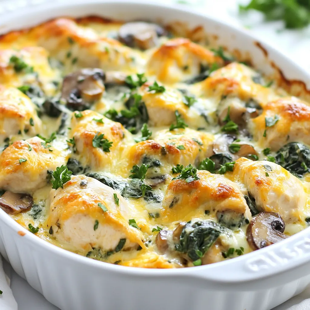 - 2 large chicken breasts, cubed - 2 cups fresh spinach, roughly chopped - 1 cup mushrooms, sliced (cremini or button) - 1 cup cream cheese, softened - 1/2 cup shredded mozzarella cheese - 1/2 teaspoon garlic powder - 1/2 teaspoon onion powder - 1/4 teaspoon black pepper - 1/4 teaspoon red pepper flakes (optional, for heat) - 2 tablespoons olive oil - Salt to taste Using fresh ingredients makes a big difference. Fresh spinach has a bright taste. It also adds nutrients. Fresh mushrooms give a nice texture. They soak up flavors well. The chicken should be fresh for the best taste. Fresh ingredients enhance the dish’s overall appeal. They can also make it healthier. This dish is simple, but fresh ingredients bring it to life. Chicken is a great source of protein. It helps build muscles and keeps you full. Spinach is rich in vitamins A and C. It also has iron, which is good for your blood. Mushrooms add fiber and are low in calories. Cream cheese adds creaminess but keep an eye on portions. Mozzarella cheese gives calcium, which is good for bones. The spices add flavor without extra calories. Overall, this dish is tasty and healthy. {{ingredient_image_1}} Start by cubing the chicken breasts into bite-sized pieces. This helps it cook evenly. Next, chop the fresh spinach roughly. You want it to mix well but keep some texture. Slice the mushrooms thinly. Cremini or button mushrooms both work great. Gather all your ingredients. It makes cooking easier. Heat two tablespoons of olive oil in a large skillet over medium heat. Add the cubed chicken to the hot oil. Season it with salt, garlic powder, onion powder, and black pepper. Cook the chicken for 6 to 8 minutes. It should not be pink inside. Then, add the sliced mushrooms to the skillet. Cook for another 4 to 5 minutes. The mushrooms should become tender and release their juices. Once the chicken and mushrooms are ready, stir in the chopped spinach. Cook until the spinach wilts, which takes about 2 minutes. Take the skillet off the heat. In a separate bowl, mix the softened cream cheese and shredded mozzarella cheese together. Make sure they are well combined. Gently fold the cheese mixture into the skillet with the chicken, mushrooms, and spinach. Ensure everything gets coated nicely. Transfer the mixed ingredients into a baking dish. Spread it out evenly. If you like, sprinkle extra mozzarella cheese on top for a cheesy finish. Preheat your oven to 375°F (190°C). Bake the dish for 20 to 25 minutes. It should become bubbly and lightly golden on top. Once done, remove it from the oven and let it cool for a few minutes before serving. Enjoy your low carb chicken spinach mushroom bake! To get that rich, creamy texture, use softened cream cheese. It blends better with the other ingredients. Mix it well with shredded mozzarella before adding it to the skillet. This helps avoid clumps and ensures every bite is smooth. If you want even more creaminess, try adding a splash of heavy cream. This little tip makes a big difference! Seasoning makes or breaks this dish. Start with the recommended amounts, but feel free to adjust. If you like it spicy, add more red pepper flakes. If you prefer it milder, skip them altogether. Taste as you go. This way, you can find the flavor that you love the most. Don’t forget to add salt slowly; you can always add more later. Cooking chicken just right is key. Cut the chicken into even cubes for even cooking. Cook it until no longer pink, but don’t overcook it. This keeps the chicken juicy and tender. The mushrooms will add moisture too. Let the chicken rest for a few minutes after baking. This helps keep it juicy when you serve it. Pro Tips Use Fresh Ingredients: Fresh spinach and mushrooms enhance the flavor and texture of the dish. Opt for organic produce if available for the best taste. Customize the Heat: Adjust the amount of red pepper flakes according to your spice preference. For a milder version, omit the flakes or reduce the amount. Cheese Variations: Experiment with different types of cheese like cream cheese or Gruyere for unique flavor profiles. Just ensure they melt well! Let it Rest: Allow the dish to cool for a few minutes after baking. This helps the flavors meld and makes it easier to serve. {{image_2}} If you want a lighter option, use Greek yogurt instead of cream cheese. It still gives creaminess but adds protein. You can also try cottage cheese for a different taste. For a dairy-free choice, nut-based cream cheese works well. These swaps keep the dish rich and tasty. Feel free to add more veggies to boost nutrition. Zucchini, bell peppers, or broccoli are great choices. You can mix them in while cooking the chicken. Not only will they add color, but they also enhance the dish’s flavor. Just ensure they are cut small to cook evenly. Switching cheeses can change the flavor profile. Try sharp cheddar for a bold taste. Feta cheese adds a tangy kick, while gouda gives a smoky note. You can also mix different cheeses for added depth. Just remember to adjust the amount based on your cheese choice. To store your low carb chicken spinach mushroom bake, let it cool first. Then, place it in an airtight container. You can keep it in the fridge for up to three days. When you store it this way, the flavors stay fresh, and it’s easy to enjoy later. When you are ready to eat the leftovers, reheat in the oven for the best taste. Preheat the oven to 350°F (175°C). Place the dish in the oven for about 15-20 minutes. You can also microwave it for 2-3 minutes. Just make sure it is hot all the way through before you eat. If you want to freeze the dish, it works well! Let it cool completely first. Then, wrap it tightly in plastic wrap and foil. You can freeze it for up to three months. When you want to eat it, thaw in the fridge overnight before reheating. This way, you maintain the taste and texture. Yes, you can prepare this dish in advance. Cook the chicken and veggies, then mix with cheese. Place it in a baking dish and cover it. Store it in the fridge for up to two days. When ready, just bake it. This saves time during busy days. Absolutely! This chicken spinach mushroom bake works well for meal prep. You can divide it into portions. Store them in airtight containers. It keeps well in the fridge for up to four days. Reheat for a quick and tasty meal during the week. This dish pairs nicely with simple sides. Consider serving it with: - Cauliflower rice - Zucchini noodles - A fresh green salad These sides add lightness and balance the richness of the bake. To make it dairy-free, swap cream cheese and mozzarella with dairy-free alternatives. Look for brands that offer cashew or almond-based cream cheese. Nutritional yeast can add a cheesy flavor. Always check labels for hidden dairy ingredients. Yes, you can switch the chicken for other meats. Turkey works well for a lean option. Lean pork or beef can also be used. Just ensure the meat is cooked through. Adjust cooking times as needed for different meats. This blog post covered all the details for making a tasty dish. We explored fresh ingredients, important cooking steps, and helpful tips for the best results. I shared how to store leftovers and answered common questions, like making it dairy-free and using different meats. With these insights, you can enjoy a delicious meal tailored to your taste. Remember, cooking is fun! Try new flavors and have a great time in the kitchen.
