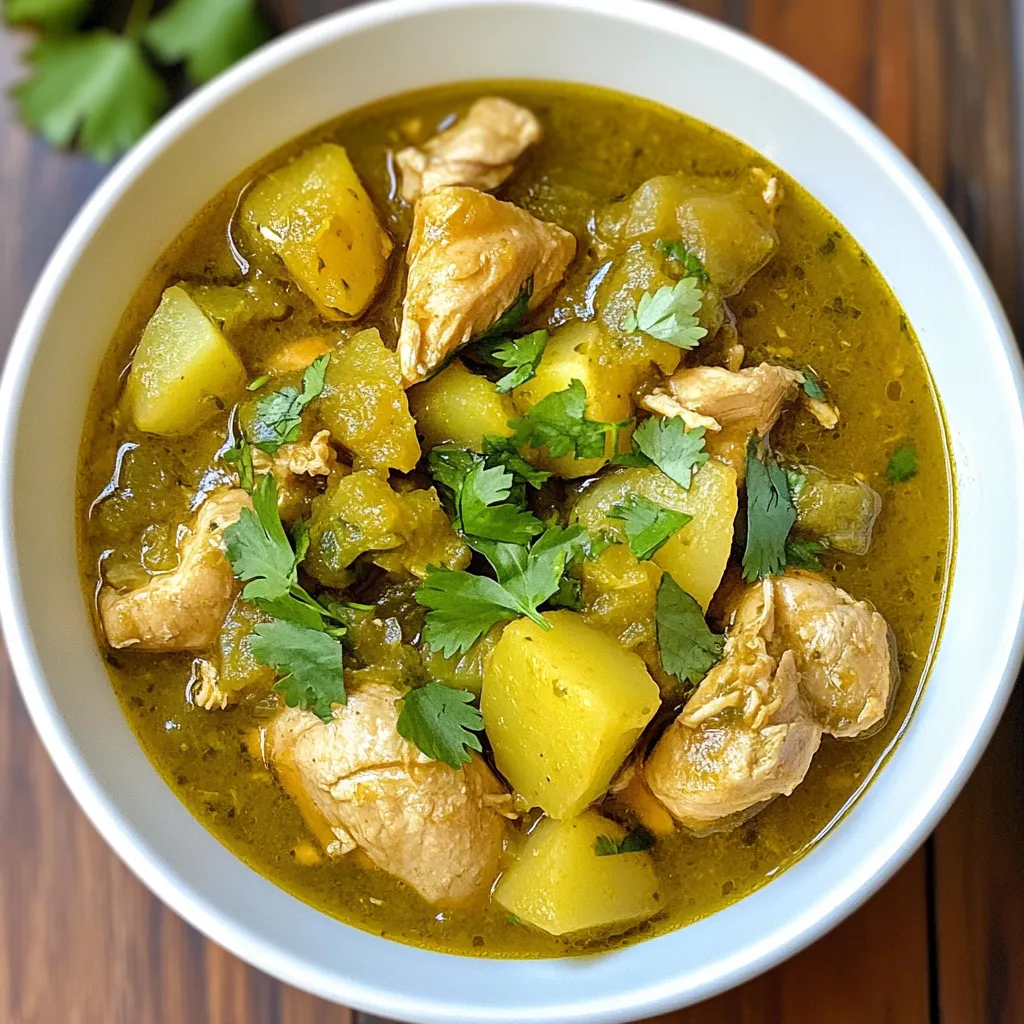 To make a great green chile stew, you need fresh and tasty ingredients. Here’s what you will need: - 1 lb chicken thighs, diced - 4 cups chicken broth - 2 cups tomatillos, husked and chopped - 1 cup green chiles (fresh or canned), chopped - 1 medium onion, diced - 3 garlic cloves, minced - 2 medium potatoes, peeled and diced - 1 tsp cumin - 1 tsp oregano - 1 tbsp olive oil - Salt and pepper to taste - Fresh cilantro for garnish These ingredients create a rich and flavorful stew. The chicken thighs add protein and a nice texture. Tomatillos give a tart flavor that balances the heat from the green chiles. While chicken is my go-to, you can try other meats too. Pork or beef works well if you prefer a different taste. Just remember, each meat brings its own flavor. You might need to adjust cooking times to make sure the meat is tender and juicy. If you can’t find some ingredients, don't worry! Here are some easy swaps: - Chicken broth: Use vegetable broth for a lighter taste or water if you have none. - Tomatillos: You can use canned tomatoes if tomatillos are hard to find. - Chicken thighs: Chicken breast works too, though it may be less juicy. - Fresh chiles: Canned green chiles are a good option if fresh ones aren’t available. These substitutes will keep your stew tasty and satisfying. Just remember to taste as you cook! {{ingredient_image_1}} Start by gathering all your ingredients. This makes cooking easy and fun. You will need: - 1 lb chicken thighs, diced - 4 cups chicken broth - 2 cups tomatillos, husked and chopped - 1 cup green chiles, chopped - 1 medium onion, diced - 3 garlic cloves, minced - 2 medium potatoes, peeled and diced - 1 tsp cumin - 1 tsp oregano - 1 tbsp olive oil - Salt and pepper to taste - Fresh cilantro for garnish First, peel and chop your tomatillos. Then, dice your potatoes and onion. Next, mince the garlic. Dice the chicken thighs into bite-sized pieces. This prep makes your cooking smooth and quick. Now, heat 1 tablespoon of olive oil in a large pot over medium heat. Add the diced onion and sauté for about 5 minutes. You want the onion to be soft and clear. Then, stir in the minced garlic. Cook for 1 more minute until it smells great. Next, add the chicken thighs to the pot. Season with salt, pepper, cumin, and oregano. Cook until the chicken turns brown on all sides. This should take about 5 to 7 minutes. After that, pour in the chicken broth. Add the chopped tomatillos, green chiles, and diced potatoes. Stir everything together. Bring the pot to a boil, then reduce the heat to low. Let it simmer for 30 to 35 minutes. The potatoes should be tender, and the flavors will blend well. Once the stew is done, taste it. You may want to add a pinch of salt or pepper. This is your chance to adjust the flavor. Serve the stew hot in bowls. Garnish each bowl with fresh cilantro. This adds a nice touch and fresh flavor. Enjoy your hearty green chile stew with crusty bread or rice. To adjust the heat, think about the type of green chiles you use. Fresh green chiles can be much hotter than canned ones. If you like spice, use more chiles or a hot variety. You can also add a pinch of cayenne pepper for an extra kick. For a milder stew, use fewer chiles or try sweet bell peppers instead. Always taste as you go. This way, you can find the right balance for your taste buds. Texture is key in making a great stew. Make sure to dice the potatoes into even pieces. This helps them cook at the same rate. You can also use waxy potatoes for a firmer bite. When you sauté the onions and garlic, wait until they are soft and fragrant. This builds a strong base for your stew. Let the stew simmer gently. This helps the chicken become tender and the flavors blend well. Serve your green chile stew hot, topped with fresh cilantro. It pairs well with warm tortillas or crusty bread. You can also add a dollop of sour cream for creaminess. For a complete meal, consider serving it with rice or a simple salad. If you want a drink, try a cold cerveza or a glass of agua fresca. Each bite will feel like a warm hug on a chilly day! Pro Tips Use Fresh Ingredients: Fresh tomatillos and green chiles will provide a vibrant flavor that enhances the stew. If possible, choose locally sourced produce for the best taste. Adjust the Heat: If you prefer a milder stew, opt for canned green chiles which are usually less spicy. Conversely, add more fresh chiles for an extra kick. Make it Ahead: This stew tastes even better the next day as the flavors continue to develop. Prepare it in advance for a more robust taste. Garnish Generously: Fresh cilantro adds a bright note to the stew. Consider adding lime wedges for an extra layer of flavor when serving. {{image_2}} You can easily make green chile stew vegetarian or vegan. Start by removing the chicken. Instead, use hearty vegetables. Good choices include mushrooms, zucchini, and bell peppers. Replace chicken broth with vegetable broth for flavor. You can still enjoy the spices and flavors. This stew will be rich and satisfying. If you want to switch up the protein, consider using turkey or pork. Both meats work well in this stew. For a plant-based option, try lentils or beans. They add protein and texture. Chickpeas are also a great choice. They soak up the flavors of the stew nicely. Green chile stew varies by region. In New Mexico, they often add potatoes and more spices. Some places use pork instead of chicken. In Texas, they may include beans. Each region brings its twist to this dish. You can customize it based on your taste and location. Try adding ingredients you love to make it your own. To store leftover green chile stew, first let it cool. Then, transfer it to an airtight container. Keep it in the fridge for up to three days. This helps maintain the stew's rich flavor. If you want to store it longer, freezing is a great option. Freezing green chile stew is easy. Place the cooled stew in freezer-safe bags. Remove as much air as you can before sealing. Label each bag with the date. You can freeze it for up to three months. When ready to eat, just thaw it in the fridge overnight. Reheating green chile stew is simple. Pour the stew into a pot over medium heat. Stir it often to warm it evenly. You can also use the microwave. Heat it in a microwave-safe bowl for two to three minutes, stirring halfway through. Make sure it's hot all the way through before serving. Enjoy the warm, hearty goodness! Green chiles are young peppers that are harvested before they fully ripen. They are commonly found in Southwestern cooking. Their flavor is bright and can be mild to hot. I love using both fresh and canned green chiles in my recipes. They add a nice kick to dishes like stews, salsas, and casseroles. Yes, you can use canned tomatillos instead of fresh ones. Canned tomatillos save time and still pack a punch of flavor. They also have a nice tangy taste that works well in green chile stew. Just make sure to drain and rinse them before adding to your dish. This helps reduce extra liquid in your stew. You can easily make this stew ahead of time. Just cook the stew as directed and let it cool. Once cool, store it in an airtight container in the fridge. It will stay fresh for up to three days. You can also freeze it for up to three months. When you're ready to eat, just reheat it on the stove or in the microwave. This makes meal prep super easy! Green Chile Stew blends fresh ingredients and flavorful meats into a comforting dish. I shared the steps, tips, and variations to fit your taste. Whether you're cooking for yourself or friends, you can adapt this stew easily. Remember to store leftovers well and reheat them for future meals. With a bit of practice, you'll master making this dish. Enjoy your cooking journey and share this tasty stew with loved ones!