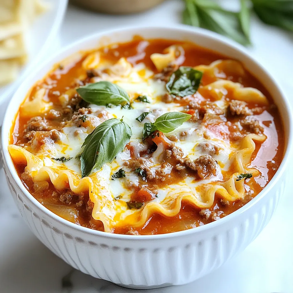 To make One-Pot Lasagna Soup, you need: - 1 tablespoon olive oil - 1 medium onion, diced - 4 cloves garlic, minced - 1 pound ground beef (or ground turkey) - 1 can (28 oz) crushed tomatoes - 4 cups chicken or vegetable broth - 1 tablespoon Italian seasoning - 8 lasagna noodles, broken into pieces - 1 cup ricotta cheese - 1 cup shredded mozzarella cheese - 1/2 cup grated Parmesan cheese - Fresh basil leaves, for garnish - Salt and pepper to taste These ingredients create a rich and hearty soup. The mix of flavors brings comfort to any meal. You can add or change some ingredients based on your taste: - 1 teaspoon red pepper flakes for a spicy kick - Fresh herbs like oregano or thyme for extra flavor These optional ingredients can make your soup unique. Feel free to experiment! You can swap ingredients easily: - Use ground turkey for a leaner option. - Try vegetable broth for a vegetarian version. - Replace ricotta with cottage cheese if needed. These substitutions keep the dish tasty while meeting different diets. Adjust based on what you have! {{ingredient_image_1}} Start by heating the olive oil in a large pot over medium heat. Add the diced onion and cook for 3-4 minutes until it softens. Then, stir in the minced garlic and cook for one more minute. This step fills your kitchen with lovely scents. Next, add the ground beef or turkey to the pot. Cook it for 5-6 minutes, breaking it up with a spatula. Season with salt and pepper to enhance the flavor. Make sure the meat is fully browned before moving on. Now, stir in the crushed tomatoes and your choice of broth. Add the Italian seasoning and red pepper flakes if you want a kick. Bring this mixture to a boil. The colors and smells will make you excited for the next steps. Once it reaches a boil, lower the heat to a simmer. Add the broken lasagna noodles and cook for about 10-12 minutes. Stir occasionally, so the noodles don’t stick together. They should become tender and soak up all the delicious flavors. After the noodles are cooked, take the pot off the heat. Stir in the ricotta cheese until it's mixed well. This adds a creamy texture that makes the soup rich and hearty. Next, sprinkle the shredded mozzarella and grated Parmesan cheese on top of the soup. Gently stir to combine. Allow the heat to melt the cheese for a few minutes, creating a gooey layer of goodness. Finally, taste the soup and add more salt and pepper if needed. Garnish with fresh basil leaves right before serving. This adds a pop of color and flavor, making your dish even more inviting. Enjoy your warm, comforting bowl of One-Pot Lasagna Soup! To boost the flavor of your One-Pot Lasagna Soup, start with good quality ingredients. Fresh garlic and onion add a rich taste. Use ripe crushed tomatoes for a sweet base. Italian seasoning is key, but don’t shy away from tweaking it. If you like spice, add more red pepper flakes. Fresh basil at the end brightens every bite. Taste as you go; this helps you adjust the seasoning just right. For a great texture, break the lasagna noodles into smaller pieces. This helps them cook evenly. Avoid overcooking the noodles; they should be tender but not mushy. Stir in the ricotta cheese off the heat. This keeps it creamy without clumping. Let the mozzarella melt a little before serving. This gives a lovely stretch and creaminess to the soup. Cleaning up after cooking can be a hassle. To make it easier, soak the pot right after serving. This helps loosen any stuck bits. Use a non-stick pot if you can; it reduces sticking. For any stubborn stains, a mix of baking soda and water works wonders. Just let it sit for a while, then scrub gently. Keeping your kitchen tools clean ensures they last longer and work better. Pro Tips Use Fresh Herbs: Fresh basil adds a vibrant flavor to your lasagna soup. Add it just before serving to maintain its freshness. Mix Cheeses: For a more complex flavor, consider mixing in different types of cheese like provolone or fontina along with the mozzarella and Parmesan. Texture Variation: For added texture, toss in some chopped spinach or kale during the last few minutes of cooking for a nutritious boost. Make It Ahead: This soup can be made ahead of time. Just reheat and add a splash of broth to loosen it up before serving. {{image_2}} You can make a tasty vegetarian version. Swap out the ground beef for lentils or mushrooms. Use vegetable broth instead of chicken broth. This keeps it hearty and delicious. Add chopped spinach for extra greens. You can also toss in zucchini or bell peppers. These veggies add great flavor and color. If you like heat, try the spicy version. Add more red pepper flakes to the mix. You can also include diced jalapeños for a kick. Another great idea is to use spicy sausage instead of ground beef. This adds a nice depth of flavor. Finish with a sprinkle of crushed red pepper on top before serving. For a gluten-free meal, choose gluten-free lasagna noodles. These noodles cook up just as well in the soup. Make sure to check the broth labels to ensure they are gluten-free. You can also add quinoa for a fun twist. It’s packed with protein and will fill you up! After you enjoy your One-Pot Lasagna Soup, let it cool first. Use an airtight container to keep it fresh. Store it in the fridge for up to three days. Make sure to label the container with the date. This helps you keep track of how long it has been stored. When you're ready to enjoy the soup again, pour it into a pot. Heat it over medium heat. Stir it often to warm it evenly. You can also use a microwave. Place the soup in a microwave-safe bowl. Heat it in short bursts, stirring in between, until it's hot. If you want to save some for later, freezing is a great option. Pour the cooled soup into freezer-safe bags or containers. Leave some space at the top, as soup expands when it freezes. It can last for up to three months in the freezer. When you're ready to eat it, thaw it in the fridge overnight. Reheat it on the stove or in the microwave, and enjoy! Yes, you can use different meats. Ground turkey or chicken works well. You can also use sausage for added flavor. If you prefer a meat-free option, try using lentils or mushrooms instead. To make it dairy-free, skip the ricotta and cheeses. Use a dairy-free cream cheese for the creamy texture. You can also add nutritional yeast for a cheesy flavor without dairy. This soup pairs well with crusty bread or garlic bread. A simple salad adds freshness. You can also serve it with a sprinkle of fresh herbs for more flavor. This soup takes about 30 minutes from start to finish. Prep time is around 10 minutes, and cooking time is about 20 minutes. It’s a quick meal for busy nights. Yes, you can use fresh lasagna noodles. Just break them into pieces and add them to the pot. They may cook faster, so keep an eye on them to avoid mushiness. In this post, we explored the key ingredients for One-Pot Lasagna Soup, from essential to optional. We walked through step-by-step instructions for making it, focused on flavor, texture, and easy cleanup. You learned about tasty variations, along with how to store and reheat leftovers. This dish offers fun ways to change up your meal. With a few simple swaps, you can adapt it to fit your needs. I hope you give it a try and enjoy every bite.