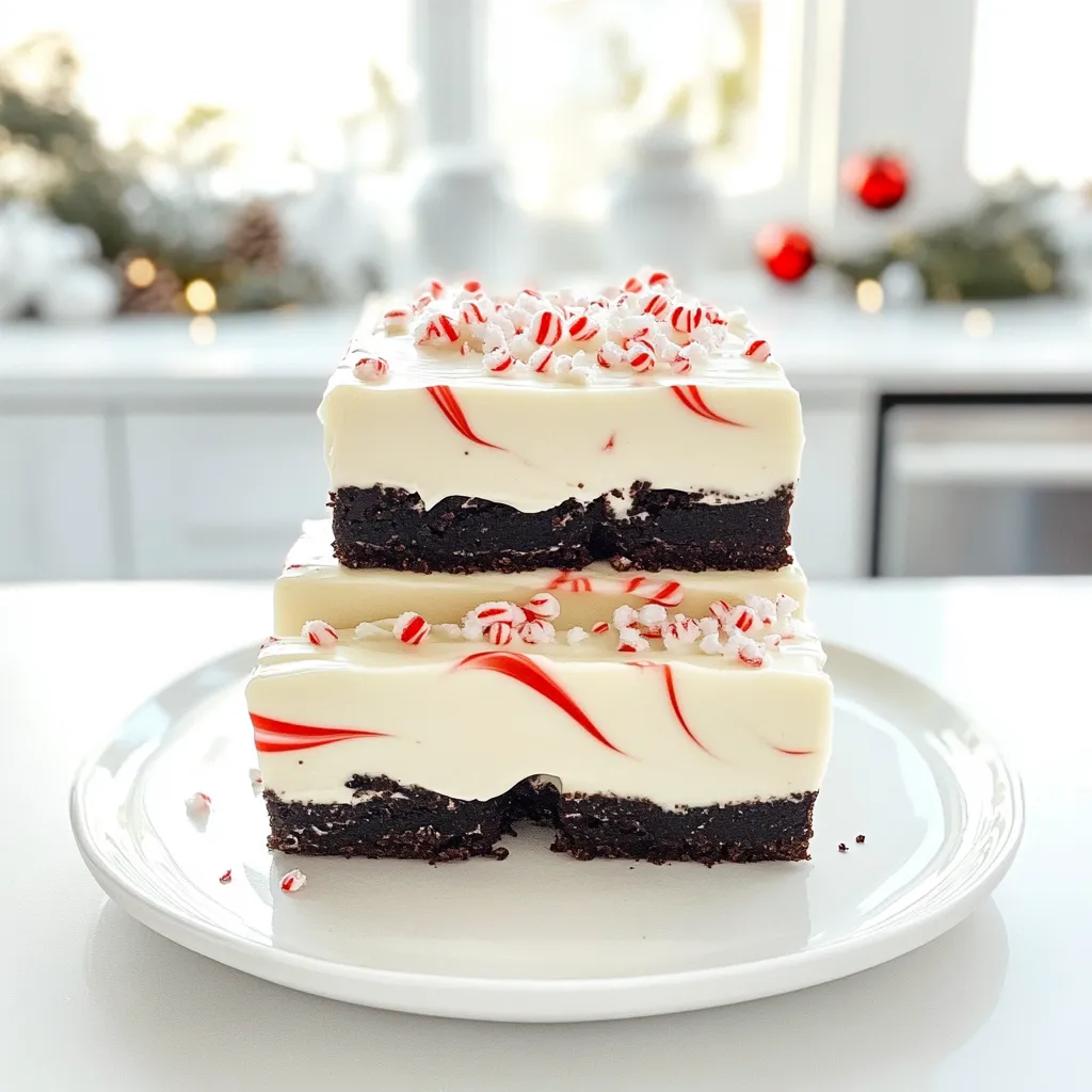 - 24 Oreos, crushed - ½ cup unsalted butter, melted - 8 oz cream cheese, softened - 1 cup powdered sugar - ½ teaspoon peppermint extract - 1 cup whipped topping (like Cool Whip) - 1 cup white chocolate chips, melted - 1 tablespoon crushed peppermint candies (for garnish) The main ingredients create the rich and festive flavor of these bars. The crushed Oreos form the base, giving a chocolate crunch. The melted butter helps bind the crumbs together, making a firm crust. Cream cheese adds a creamy texture, while powdered sugar sweetens the mix. Peppermint extract provides that classic holiday taste. Whipped topping adds lightness, and melted white chocolate gives a sweet finish. Finally, crushed peppermint candies add a pop of color and flavor. - Alternative cookies for base: You can use any chocolate cookie, like chocolate graham crackers or even gluten-free cookies for a gluten-free version. - Dairy-free options for cream cheese: Look for vegan cream cheese made from nuts or soy. - Sugar alternatives for powdered sugar: Use coconut sugar or a sugar replacement like erythritol for a lower-calorie option. These substitutions keep your recipe flexible. You can easily adjust it to fit dietary needs or personal preferences. Each swap can slightly change the taste but still yield a delicious treat. 1. In a medium bowl, I combine the crushed Oreos and melted butter. 2. I mix until all the crumbs are coated in butter. 3. Next, I press the Oreo mixture into the bottom of a lined 9x9 inch baking pan. 4. I make sure to create an even layer for the crust. 1. In a large bowl, I beat the softened cream cheese until it's smooth. 2. I gradually mix in the powdered sugar, making sure it blends well. 3. Then, I add the peppermint extract. 4. I fold in the whipped topping until the mixture is fluffy and well combined. 1. I spread the cream cheese mixture evenly over the Oreo crust in the baking pan. 2. I drizzle the melted white chocolate over the top. 3. Using a spatula, I swirl it to create a pretty marbled look. 4. I sprinkle crushed peppermint candies on top for a festive touch. 5. Finally, I refrigerate the bars for at least 4 hours until they set. 6. Once firm, I remove them from the pan and cut into squares. Softened cream cheese is key for this recipe. It helps to create a smooth filling. If your cream cheese is too cold, it can clump. Be sure to leave it out for a while before mixing. To keep the crust from being too crumbly, use enough melted butter. The butter helps bind the Oreos together. Mix the crushed Oreos and butter well. Press the mixture firmly into the pan. This will help hold the bars together when cut. When serving, use a festive platter. Place the bars neatly on it. You can add extra crushed peppermint around the edges for a nice touch. For a fun garnish, use mini candy canes. They add color and a sweet crunch. Just place one on each bar or scatter them around. This makes the dessert look even more special for the holidays. {{image_2}} You can play with flavors to make these bars unique. Start by using different extracts. Instead of peppermint, try vanilla or almond extract for a twist. Each extract brings its own charm. You can also add mix-ins. Chocolate chips can offer a rich taste. Nuts, like chopped pecans or walnuts, add crunch. Just stir them gently into the cream cheese mixture. These small changes create a new treat each time. Want to switch things up? Consider adding a chocolate layer. Just melt some chocolate and spread it over the Oreo crust before the cream cheese layer. This addition gives a rich chocolate taste. Another idea is to swap the white chocolate for dark chocolate. Melt dark chocolate and drizzle it on top. It adds depth and a slight bitterness that balances the sweetness. These options let you customize your bars, making them even more delightful. To keep your No Bake Peppermint Oreo Bars fresh, store them in the fridge. Use an airtight container. This method keeps the bars from drying out. You can also place parchment paper between layers to avoid sticking. If you want to save them longer, freezing is a great option. Wrap the bars in plastic wrap and then place them in a freezer-safe bag. This keeps them fresh for up to three months. These bars will stay fresh in the fridge for about a week. Check for any changes in texture or smell. Signs that the dessert has gone bad include a sour odor or mold. If you see any of these signs, it’s best to throw them away. Enjoy your festive treat while it's at its best! Yes, you can make these bars ahead of time. I recommend preparing them a day before you plan to serve. This gives them enough time to chill and set well in the fridge. Just cover the pan with plastic wrap after they cool. Keep them in the fridge until you're ready to serve. If you don’t have peppermint extract, try using vanilla or almond extract. Both options add a nice flavor. You can also use orange extract for a fun twist. Just remember to keep the amount the same so the balance stays right. To cut the bars neatly, use a sharp knife. First, remove the bars from the pan by lifting the liner. Place the bars on a cutting board. Wipe the knife with a damp cloth after each cut. This helps keep the edges clean and neat. Aim for even squares for a lovely presentation. These Oreo dessert bars are fun and easy to make. We covered the key ingredients, step-by-step instructions, and tips for the best results. You can even swap ingredients to fit your needs or try different flavors. Store them properly to keep them fresh. By following these simple steps, you'll impress everyone with your tasty creation. Enjoy every bite, and don’t hesitate to get creative with your own twists!