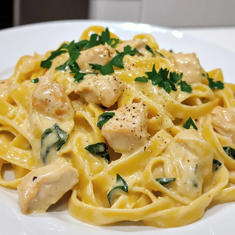 - 2 boneless, skinless chicken breasts, diced - 8 ounces fettuccine or pasta of choice - 4 cloves garlic, minced - 1 cup heavy cream - 3 tablespoons olive oil - 1 cup grated Parmesan cheese - 1 teaspoon Italian seasoning - Salt and pepper to taste - 1 cup baby spinach (for added color and nutrition) - Fresh parsley, chopped (for garnish) You need simple, fresh ingredients for this dish. The chicken adds protein, while the pasta gives you the base. Garlic brings a rich flavor, and cream makes everything smooth and rich. Olive oil helps cook the chicken and adds depth to the sauce. Parmesan cheese adds a salty, nutty taste. Italian seasoning gives it a warm, herby note. Salt and pepper balance the flavors. If you want to make it healthier, toss in some baby spinach. It adds color and nutrients. A sprinkle of fresh parsley on top brightens up the dish and looks beautiful. Using these ingredients, you can create a creamy garlic parmesan chicken pasta that everyone will love. Start by boiling a large pot of salted water. Add 8 ounces of fettuccine or your favorite pasta. Cook it until it's al dente. This usually takes about 8-10 minutes. Be sure to stir it occasionally. When it's ready, drain the pasta and save about 1 cup of the pasta water. This water will help you later on. While the pasta cooks, heat 2 tablespoons of olive oil in a large skillet over medium heat. Add 2 diced chicken breasts to the pan. Season the chicken with salt, pepper, and 1 teaspoon of Italian seasoning. Cook for about 5-7 minutes. You want the chicken to be golden brown and fully cooked. Once done, remove the chicken from the skillet and set it aside. In the same skillet, add 1 tablespoon of olive oil and 4 minced garlic cloves. Sauté the garlic for about 1 minute. Be careful not to burn it! Next, pour in 1 cup of heavy cream. Stir well to mix it with the garlic. Gradually add 1 cup of grated Parmesan cheese. Keep stirring until the cheese melts and the sauce thickens slightly. If the sauce is too thick, use some reserved pasta water to reach your desired consistency. Now, it’s time to mix everything. Add the cooked pasta and the sautéed chicken into the creamy sauce. If you want some color and nutrition, toss in 1 cup of baby spinach. Stir everything together until it’s evenly coated and heated throughout. Taste the dish and adjust the seasoning with salt and pepper, if needed. When serving, portion the creamy garlic Parmesan chicken pasta onto plates. For a nice touch, garnish each plate with chopped fresh parsley. This adds color and flavor to the dish. Enjoy your meal! To adjust the sauce's thickness, save some pasta water. Add it slowly until you reach the right consistency. If your sauce feels too thick, just a splash of water helps. To boost flavor, use fresh garlic and high-quality Parmesan. These ingredients make a big difference. You can also add a pinch of red pepper flakes for a little heat. Ensure the chicken stays juicy and flavorful by not overcooking it. Cook the chicken until it turns golden brown. This usually takes about 5-7 minutes. Use a meat thermometer to check for doneness. The internal temperature should reach 165°F. If you cook it too long, the chicken will dry out. You can use different types of pasta for this dish. Fettuccine works great, but penne and spaghetti are also tasty. If you need gluten-free options, look for rice or chickpea pasta. These choices hold the sauce well and keep the dish delicious. Experimenting with pasta shapes can add fun to your meal! {{image_2}} You can change the protein in this pasta dish. If you prefer seafood, shrimp works great. Cook shrimp until it's pink, just like the chicken. For a meaty twist, use steak. Slice it thin, season it well, and cook it until tender. If you want a vegetarian option, use tofu or mushrooms. Press and cube tofu, then sauté it until golden. For mushrooms, use a mix of shiitake and button for rich flavor. Both options add texture and taste. Adding veggies can brighten this dish. Broccoli adds crunch and color. Steam it lightly before mixing in. Bell peppers bring sweetness. Slice them thin, and add them to the pan with garlic. Experiment with herbs for new flavors. Fresh basil or thyme can lift the taste. You could also try crushed red pepper for heat. These small changes can make the dish unique every time. You can lighten this dish easily. Use reduced-fat cream for a lower-calorie option. It still tastes rich but saves some calories. For a dairy-free choice, use coconut cream or almond milk. Both options give a creamy texture without dairy. Make sure to check the labels for any added sugars. These simple swaps keep the dish delicious for everyone. To store your creamy garlic Parmesan chicken pasta, let it cool down first. This step helps avoid condensation in the container. Use an airtight container for best results. You can keep it in the fridge for about 3 to 4 days. Always label the container with the date. This way, you know when to eat it. When it comes to reheating, the best method is using a skillet. Heat it on low with a splash of water or cream. Stir gently to mix in any creaminess. This helps keep the sauce smooth. You can also use a microwave. Cover the bowl with a damp paper towel. This keeps moisture in and helps the dish heat evenly. If you want to save some for later, freezing is a great option. Make sure the pasta is completely cool before freezing. Use freezer-safe containers or bags. Remove as much air as you can. This helps prevent freezer burn. For thawing, place it in the fridge overnight. Reheat it in a skillet or microwave, adding a bit of cream or water to restore its creaminess. Yes, you can prepare parts of this dish in advance. Cook the pasta and store it in the fridge. You can also sauté the chicken and make the sauce ahead. Just reheat them when you are ready to serve. Keep the sauce separate until you mix everything together. This step helps prevent the pasta from getting too soft. To thicken the sauce, let it simmer longer. This reduces the cream and makes it richer. You can also add a bit more Parmesan cheese. If you want a quick fix, mix in some cornstarch with a little water. Stir this mixture into the sauce while it cooks. This dish pairs well with a fresh green salad. You can also serve garlic bread on the side for a tasty touch. Roasted vegetables or steamed broccoli make great additions too. They add color and nutrition to your meal. Yes, you can easily make this dish vegetarian. Replace chicken with diced tofu or mushrooms. You can also add extra vegetables like zucchini or bell peppers for flavor. Just sauté them along with the garlic. This way, you still get a creamy and delicious pasta. This blog covered the key ingredients, steps, and tips for making creamy garlic parmesan chicken pasta. You learned about different ingredients, cooking methods, and ways to customize your dish. Remember, experimentation can lead to tasty new flavors and textures. Whether you stick to the original recipe or try variations, this dish will impress anyone. Now, go ahead and enjoy cooking and sharing your meal!