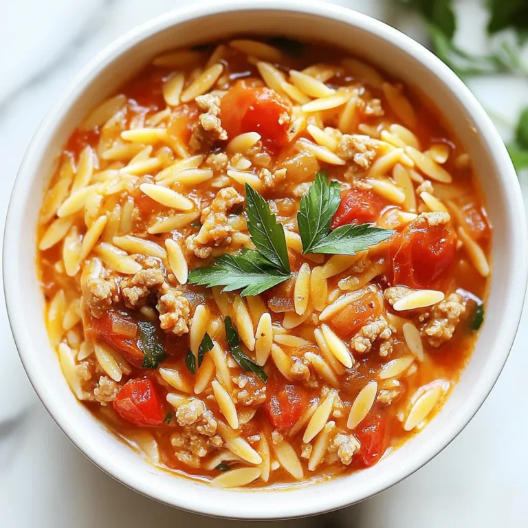 For a tasty Ground Turkey Tomato Orzo, gather these simple ingredients: - 1 pound ground turkey - 1 cup orzo pasta - 1 can (14.5 oz) diced tomatoes, with juices - 1 small onion, diced - 2 cloves garlic, minced - 1 cup vegetable broth - 1 teaspoon dried oregano - 1 teaspoon dried basil - 1/2 teaspoon red pepper flakes (optional for spice) - Salt and pepper to taste - 2 tablespoons olive oil - Fresh parsley, chopped for garnish These ingredients create a savory one-pot meal perfect for any night. Ground turkey offers lean protein, while orzo adds a delightful texture. Diced tomatoes bring a rich flavor, and herbs like oregano and basil enhance the dish beautifully. Don't forget the garlic and onion, which add depth to every bite. Feel free to adjust the spice level by adding or removing red pepper flakes. Fresh parsley at the end adds a burst of color and taste. Enjoy cooking this easy and satisfying dish! {{ingredient_image_1}} - Heat the olive oil in a large pot over medium heat. - Add the diced onion and sauté for about 3-4 minutes until it turns soft and clear. - Next, stir in the minced garlic. Cook for another 1-2 minutes. Be careful not to brown it. - Now, add the ground turkey to the pot. Break it apart with a wooden spoon. Cook until it is no longer pink, which takes about 5-6 minutes. - Incorporate the can of diced tomatoes, including their juices. Pour in the vegetable broth and sprinkle in the dried oregano and basil. If you like spice, add red pepper flakes too. Stir everything to mix well. - Bring the mixture to a gentle simmer. Then, add the orzo pasta. Stir well to make sure the pasta is under the liquid. - Cover the pot and reduce the heat to low. Let it cook for about 10-12 minutes. This allows the orzo to become tender and soak up most of the liquid. Stir occasionally to prevent sticking. - After cooking, season with salt and pepper to taste. Remove the pot from heat and let it sit for a couple of minutes to thicken slightly. - Serve warm and garnish with fresh parsley on top for a nice touch. To ensure even cooking for ground turkey, break it apart well with a spoon. This helps it cook evenly. I like to cook it until it's no longer pink, about 5-6 minutes. Stir often to check for any uncooked bits. To avoid clumping with orzo, stir the pasta into the pot as soon as you add it. Make sure the orzo gets submerged in the broth. Stir every few minutes while it cooks. This keeps the orzo from sticking together and helps it cook evenly. For pairing options, I recommend a fresh salad or warm crusty bread. A light green salad adds a nice crunch and freshness. Bread is perfect for soaking up the tasty sauce. For ideal garnishes, sprinkle fresh parsley on top before serving. It adds a pop of color and a fresh taste. You can also add grated cheese, like Parmesan, for extra flavor. Pro Tips Use Fresh Herbs: Fresh herbs like basil and parsley can elevate the flavor of your dish. Add them at the end of cooking to maintain their vibrant taste and color. Cook Orzo Al Dente: To ensure your orzo maintains a nice texture, cook it al dente. It will continue to soften as it sits in the sauce. Customize with Vegetables: Feel free to add chopped vegetables such as bell peppers or spinach for added nutrition and flavor. Just sauté them with the onions. Make it Ahead: This dish can be made ahead of time and reheated. Store leftovers in an airtight container in the fridge for up to 3 days. {{image_2}} You can easily swap the ground turkey for other meats. Chicken or beef work well here. Each option brings its own flavor. Just keep an eye on cooking times, as they can vary. If you need a gluten-free meal, look for gluten-free orzo. Many brands now offer this option. It acts just like regular orzo in this dish. You can enjoy the same taste without the gluten. To boost the flavor, adding spices can work wonders. Try using paprika for a smoky taste. Cumin adds a warm, earthy flavor that complements the tomatoes. Just a teaspoon of each can make a big difference. Adding vegetables can also enhance the meal. Spinach wilts nicely into the dish. Bell peppers add sweetness and crunch. Feel free to toss in your favorite veggies. This way, you can customize the meal to your taste. To store leftovers properly, let the dish cool first. Then, transfer it to an airtight container. This helps keep it fresh and tasty. You can store it in the fridge for about 3 to 4 days. Always check for any changes in smell or color before eating. For freezing, place the cooled meal in a freezer-safe container. Leave some space at the top because the food will expand. This dish can stay good in the freezer for up to 3 months. When you're ready to enjoy it again, thaw in the fridge overnight. To reheat, warm it on the stove over low heat. Add a splash of broth or water if it seems dry. Stir often to ensure even heating. Enjoy your savory ground turkey tomato orzo just like it was made fresh! Yes, you can! You can swap orzo for small pasta shapes like macaroni or ditalini. Just adjust the cooking time based on the pasta you choose. Keep an eye on it as it cooks. To boost the flavor, add fresh herbs like basil or thyme. You can also toss in some lemon juice for brightness. For a richer taste, use chicken broth instead of vegetable broth. If you like heat, add more red pepper flakes or even some diced jalapeño. Absolutely! This dish stores well. You can make a big batch and divide it into meal prep containers. It keeps in the fridge for about three days. Just reheat it in the microwave or on the stove when you're ready to eat. This blog post covered how to make a tasty dish with ground turkey and orzo. You learned the simple steps to prepare, cook, and serve it. I shared helpful tips to ensure the meat cooks evenly and avoid clumping. Variations let you explore different proteins and spices. Proper storage and reheating keep leftovers fresh. Remember, cooking is all about experimenting. Enjoy making this recipe your own, and don’t hesitate to try new ingredients. Happy cooking!