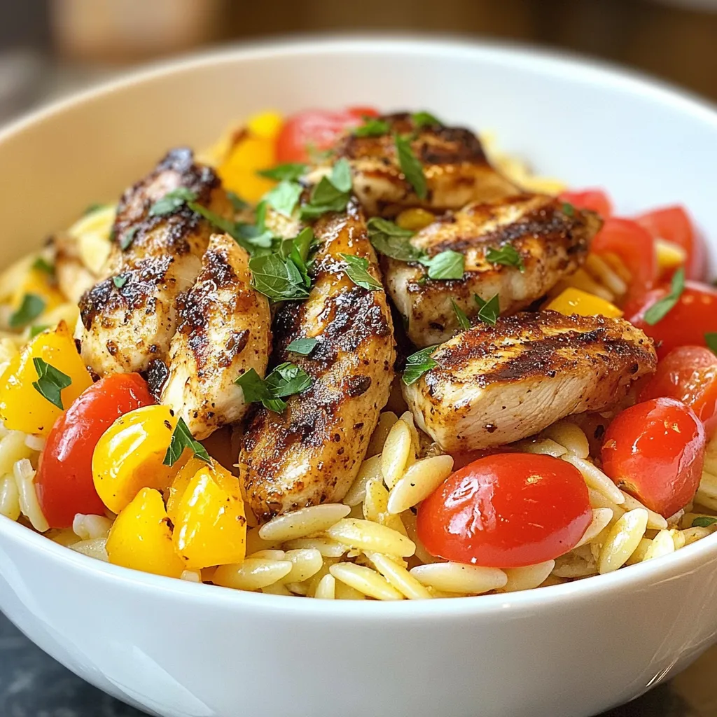 - Chicken breast and its preparation You will need 1 pound of chicken breast. Cut it into bite-sized pieces. This makes it cook evenly and helps it soak up all the great flavors. - Orzo pasta details Use 1 cup of orzo pasta. Orzo looks like rice but cooks quickly. It will absorb the chicken broth and become tasty. - Cajun seasoning specifics You need 1 tablespoon of Cajun seasoning. This spice mix adds heat and depth. It usually has paprika, garlic, and herbs. - Seasonal vegetables for added flavor You can add seasonal vegetables like zucchini, spinach, or corn. These will boost the taste and nutrition of the dish. - Suggested garnishes Fresh parsley is a great garnish. Chopped green onions or lemon wedges can also add a fresh touch. {{ingredient_image_1}} Initial skillet preparation Start by heating one tablespoon of olive oil in a large skillet over medium heat. This oil helps cook the veggies and chicken. You want the oil to shimmer but not smoke. Sautéing vegetables Next, add one diced onion and one diced bell pepper to the skillet. Stir them around for about five minutes until they soften. This step adds a great base of flavor. After that, toss in two minced garlic cloves and cook for one more minute. You want to smell that nice garlic aroma! Adding Cajun seasoning Now, it's time to add one pound of bite-sized chicken breast pieces to the skillet. Sprinkle one tablespoon of Cajun seasoning over the chicken. This spice mix is key to giving this dish its bold flavor. Season with salt and pepper to taste. Cook the chicken for about seven to eight minutes until it's nice and brown. Ensuring chicken is cooked through Make sure the chicken is cooked all the way through before moving on. You can cut a piece open to check if it’s no longer pink inside. Incorporating orzo and broth Once your chicken is ready, add one cup of halved cherry tomatoes to the skillet. Stir them for two minutes to mix the flavors. Then, pour in two cups of chicken broth and bring it to a boil. After that, stir in one cup of orzo pasta. Resting and serving Reduce the heat to a simmer and cover the skillet. Let it cook for ten to twelve minutes. Stir occasionally until the orzo is tender and absorbs most of the liquid. Remove the skillet from the heat and let it sit, covered, for two to three minutes. Fluff the dish with a fork and add more seasoning if you need. Finally, garnish with fresh parsley before serving. Enjoy your meal! - Best practices for sautéing: Use a large skillet. Heat olive oil over medium heat. Add onion and bell pepper first. Cook for about five minutes. This softens the veggies well. Stir often to avoid burning. Add garlic next for a tasty aroma. Cook just one minute for best flavor. - Timing for added ingredients: Add chicken pieces after the veggies. Sprinkle Cajun seasoning over the chicken. Cook until the chicken turns brown. This usually takes seven to eight minutes. Then, add cherry tomatoes and cook for two more minutes. This keeps them fresh and juicy. - Recommendations for additional spices: Try adding a pinch of smoked paprika. This gives a nice, smoky flavor. You can also add cayenne for heat. Start with a little, then taste it. - Using homemade Cajun seasoning: If you like, make your own seasoning. Mix paprika, onion powder, garlic powder, thyme, and oregano. Adjust the spices to fit your taste. This lets you control the heat and spice level. Pro Tips Marinate the chicken: For extra flavor, marinate the chicken pieces in Cajun seasoning, olive oil, and a splash of lemon juice for at least 30 minutes before cooking. Use homemade chicken broth: If possible, use homemade chicken broth for a richer flavor compared to store-bought options. Add veggies: Feel free to add other vegetables like zucchini or spinach for added nutrition and color in your dish. Adjust spice level: If you prefer less heat, reduce the amount of Cajun seasoning or use a milder blend to suit your taste. {{image_2}} You can swap out the chicken for shrimp or sausage. Shrimp cooks fast and adds a nice flavor. Sausage gives a smoky taste that pairs well with spices. For a gluten-free option, use rice or gluten-free orzo. These swaps keep the meal fun and fresh. Remember to adjust cooking times for different proteins. Mix up your spice game! Try different spice blends like Creole or jerk seasoning. These add unique flavors and heat. If you like it spicy, add jalapeños or hot sauce. Just a little can give your dish a nice kick. You can also add fresh herbs like thyme or basil for extra depth. To store leftover Cajun Chicken Orzo, first, let it cool. Place it in an airtight container. You can keep it in the fridge for up to three days. Make sure to label the container with the date. This way, you know when to eat it. Avoid leaving it out for more than two hours. Bacteria can grow if food sits too long. Reheating Cajun Chicken Orzo is easy. You can use the stove or microwave. For the stove, place it in a pan over low heat. Add a splash of chicken broth or water to prevent sticking. Stir often until it’s hot. In the microwave, use a microwave-safe dish. Cover it with a lid or plastic wrap. Heat in one-minute intervals, stirring in between. This helps it heat evenly. Enjoy your flavorful meal any time you want! How to make Cajun Chicken Orzo from scratch? To make Cajun Chicken Orzo from scratch, start by heating olive oil in a large skillet. Add diced onion and bell pepper, then sauté until soft. Stir in minced garlic for one minute. Add bite-sized chicken pieces, sprinkle with Cajun seasoning, salt, and pepper. Cook until the chicken is browned. Then, add halved cherry tomatoes and sauté for two more minutes. Pour in chicken broth and bring it to a boil. Stir in orzo and reduce the heat to simmer. Cover and cook until the orzo is tender. Garnish with fresh parsley before serving. Can I prepare Cajun Chicken Orzo ahead of time? Yes, you can prepare Cajun Chicken Orzo ahead of time. Cook it as directed and let it cool. Store it in an airtight container in the fridge. It will last for up to three days. When you are ready to eat, simply reheat it on the stove or in the microwave until heated through. What are some good side dishes to serve with Cajun Chicken Orzo? Many side dishes pair well with Cajun Chicken Orzo. Here are some tasty options: - A simple green salad with vinaigrette - Garlic bread for a crunchy contrast - Roasted vegetables for added nutrition - Coleslaw for a creamy side These sides will complement the spicy flavors of the orzo and chicken. This blog post explored how to make Cajun Chicken Orzo, using simple ingredients. You learned about preparing chicken, cooking orzo, and enhancing flavors with spices. I shared tips on ingredient swaps and storing leftovers, too. Cooking can be fun and rewarding. Don't be afraid to make this recipe your own. Try new flavors or add your favorite ingredients. Enjoy your cooking adventure!