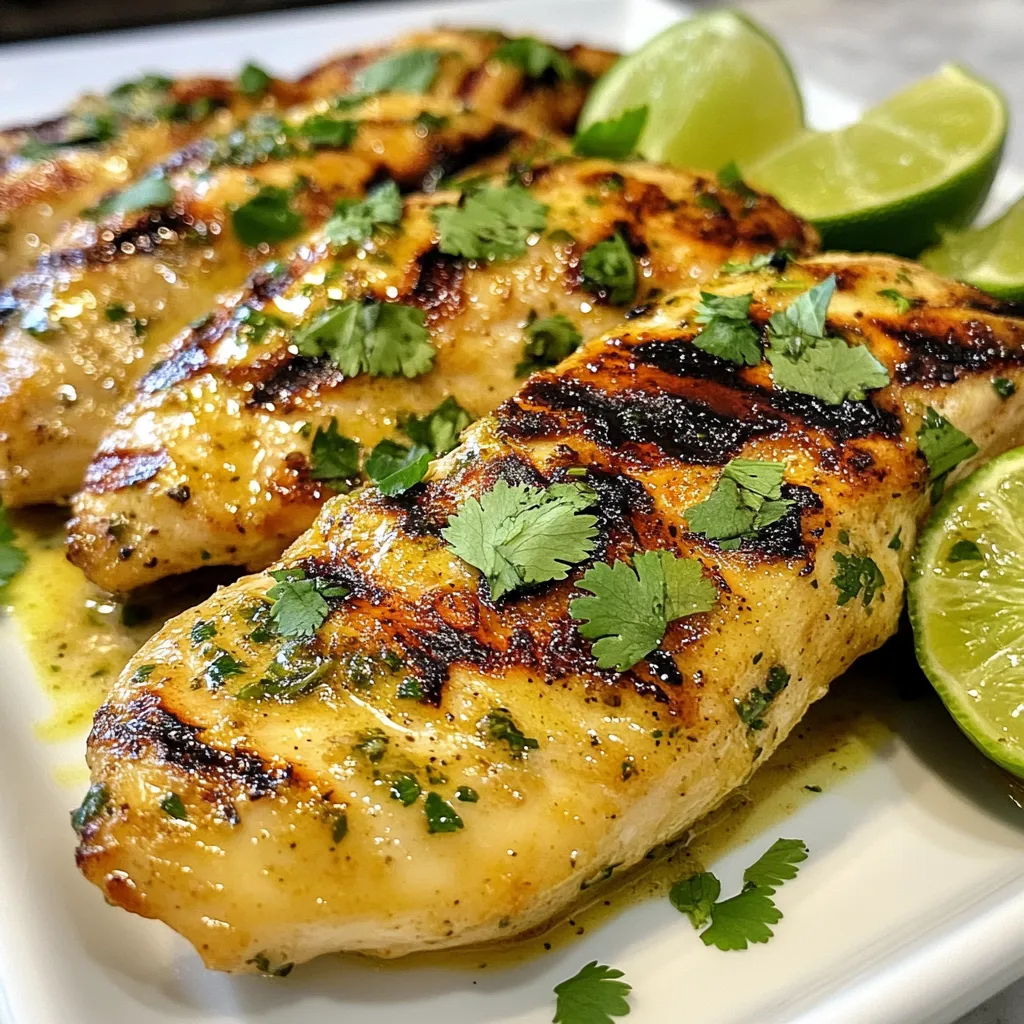 For Coconut Lime Chicken, you need these simple ingredients: - 4 boneless, skinless chicken breasts - 1 cup coconut milk - Zest and juice of 2 limes - 2 tablespoons honey - 3 cloves garlic, minced - 1 teaspoon ginger, grated - 1 tablespoon olive oil - Salt and pepper to taste - Fresh cilantro, for garnish - Lime wedges, for serving These ingredients create a tasty dish. Each one adds a special flavor. If you need to swap some items, here are a few ideas: - Chicken: You can use boneless thighs instead of breasts. - Coconut milk: Almond or soy milk works, but it will change the taste. - Honey: Maple syrup is a great swap. It will add a different sweetness. - Ginger: If you don’t have fresh ginger, use ground ginger. Use less, about 1/4 teaspoon. - Cilantro: Parsley is a good alternative if you dislike cilantro. These options can help you use what you have at home. Coconut Lime Chicken is not only delicious, but it can also be healthy. Here’s what you can expect per serving: - Calories: 290 - Protein: 30g - Fat: 15g - Carbohydrates: 10g - Fiber: 1g - Sugar: 5g This dish gives you good protein and healthy fats. It's a great choice for dinner! {{ingredient_image_1}} Start by mixing the marinade. In a bowl, whisk together these ingredients: - 1 cup coconut milk - Zest and juice of 2 limes - 2 tablespoons honey - 3 cloves garlic, minced - 1 teaspoon ginger, grated - Salt and pepper to taste Make sure everything blends well. This mix adds rich flavor to the chicken. Once mixed, place the chicken breasts in a large resealable bag or a shallow dish. Pour the marinade over the chicken, ensuring it coats each piece. Seal the bag or cover the dish. Refrigerate for at least 1 hour. For the best taste, let it sit overnight. When you're ready to cook, preheat your grill or a large skillet over medium-high heat. If using a skillet, add 1 tablespoon of olive oil. Remove the chicken from the marinade. Let any extra marinade drip off. Save the marinade for later. Grill the chicken for 6-7 minutes on each side. Check the internal temperature; it should be 165°F (75°C). The chicken should look golden and cooked through. While the chicken cooks, take the reserved marinade. Pour it into a saucepan and bring it to a boil over medium heat. Let it simmer for about 5 minutes until it thickens. This will create a tasty sauce to drizzle over the chicken. Once the chicken is done, serve it hot. Drizzle the thickened marinade over the chicken for added flavor. Garnish with fresh cilantro and lime wedges on the side. This dish pairs well with rice or a fresh salad. Enjoy the bright, zesty taste of coconut lime chicken! To get the best taste from your Coconut Lime Chicken, marinate the chicken longer. I recommend at least one hour. If you can, let it sit overnight. This gives the chicken time to soak in all the yummy flavors from the coconut milk, lime, and spices. The lime zest adds a bright touch. Don't skip this step! Grilling or pan-searing helps lock in the juices. Use a meat thermometer to check the chicken's internal temp. Aim for 165°F (75°C) for safety and juicy meat. Cooking time can vary based on the thickness of your chicken breasts. Thinner pieces will cook faster, about 5-6 minutes per side. Thicker ones may need a bit more time, around 7-8 minutes per side. Always check for doneness with a thermometer. If you use a grill, maintain a medium-high heat. For stovetop cooking, use medium heat and add olive oil to avoid sticking. If you see the chicken getting too dark, lower the heat slightly. Pair your Coconut Lime Chicken with fresh, bright sides. Here are a few great options: - Coconut Rice: This adds a creamy texture and complements the marinade. - Steamed Broccoli: The crunch balances the softness of the chicken. - Mango Salsa: This adds sweetness and a tropical twist. - Quinoa Salad: Packed with nutrients, it’s a healthy choice. - Grilled Corn: This brings a sweet, charred flavor. These sides enhance the meal and make it feel special. Enjoy mixing and matching! Pro Tips Marinate Longer for Depth: Allowing the chicken to marinate overnight will intensify the flavors, making every bite more delicious. Check Doneness with a Thermometer: To ensure perfect cooking, use a meat thermometer to check that the internal temperature reaches 165°F (75°C). Balance Sweetness with Acidity: Adjust the honey in the marinade according to your taste; if you prefer less sweetness, add more lime juice for a tangy kick. Serve with a Side: Pair this dish with a fresh salad or coconut rice to complement the flavors and create a complete meal. {{image_2}} You can add vegetables to your Coconut Lime Chicken for extra flavor and nutrition. Try bell peppers, zucchini, or snap peas. Toss the veggies in the marinade with the chicken. They will soak up the tasty coconut and lime flavors. Cook them along with the chicken, adding them to the grill or skillet. This way, you create a colorful dish that's both healthy and filling. You can cook Coconut Lime Chicken on the grill or in a skillet. Grilling gives a nice smoky flavor and beautiful grill marks. It adds a fun outdoor vibe to your meal. If you use a skillet, you can control the heat better and avoid flare-ups. Both methods work well. Choose what fits your kitchen setup or mood. If you like heat, make a spicy version of Coconut Lime Chicken. Add red pepper flakes or diced jalapeños to the marinade. This will give your dish a kick. You can also mix in some sriracha for extra flavor. The heat pairs well with the sweet coconut and tangy lime. It creates a balance that excites your taste buds. After you enjoy your Coconut Lime Chicken, store any leftovers properly. Let the chicken cool down first. Then, place it in an airtight container. This keeps it fresh. You can store it in the fridge for up to 3 days. Make sure to label the container with the date. This helps you remember when you made it. When you are ready to eat your leftovers, reheating is easy. You can use the microwave or the stove. If you use the microwave, put the chicken on a microwave-safe plate. Heat it in 30-second bursts until hot. If you prefer the stove, add a little olive oil to a pan. Heat the chicken on medium until warm. This helps keep it juicy and tasty. Freezing Coconut Lime Chicken is a great way to save it for later. First, let the chicken cool completely. Then, wrap each piece tightly in plastic wrap. Place the wrapped chicken in a freezer bag. You can store it in the freezer for up to 3 months. When you are ready to eat, thaw the chicken in the fridge overnight. Then, reheat it as mentioned above. Enjoy your delicious meal again! You can serve Coconut Lime Chicken with many tasty sides. Here are my favorites: - Steamed rice for a creamy base. - Quinoa for a healthy twist. - Grilled vegetables for added color. - A fresh salad to balance the meal. These sides enhance the chicken’s flavor and make a complete meal. Yes, you can use bone-in chicken. Just adjust the cooking time. Bone-in chicken takes longer to cook than boneless. Grill it for about 10-12 minutes on each side. Always check the internal temperature to ensure it reaches 165°F (75°C). This way, you keep the chicken juicy and full of flavor. To check if the chicken is done, use a meat thermometer. Insert it into the thickest part of the chicken. If it reads 165°F (75°C), it is fully cooked. Another way to check is by cutting the chicken. The juices should run clear, with no pink meat inside. This ensures you have safe and tasty chicken. In this blog post, we explored how to make Coconut Lime Chicken. We covered ingredients, substitutions, and even nutritional facts. The step-by-step instructions guide you from marinade to serving. I shared tips for more flavor and cooking adjustments. You can also try fun variations, like adding veggies or extra spice. Finally, I explained how to store and reheat leftovers. Enjoy cooking and savoring this flavorful dish!