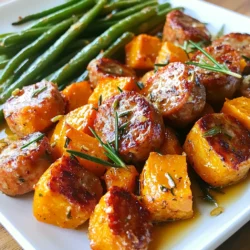 To make Honey Garlic Sausage Sweet Potatoes, you will need: - 4 medium sweet potatoes, diced - 1 pound chicken or turkey sausage, sliced - 3 tablespoons honey - 4 cloves garlic, minced - 1 tablespoon olive oil - 1 teaspoon smoked paprika - ½ teaspoon salt - ½ teaspoon black pepper - 1 tablespoon fresh rosemary, chopped (or 1 teaspoon dried) - 1 cup green beans, trimmed These ingredients create a dish that is sweet, savory, and packed with flavor. Sweet potatoes give a nice texture, while sausage adds heartiness. You can modify this dish based on what you have. Here are some ideas: - Sweet Potatoes: Use butternut squash for a different taste. - Sausage: Try pork or vegetarian sausage if you prefer. - Honey: Maple syrup works well if you want a different sweet flavor. - Garlic: Use garlic powder if fresh garlic is not handy. - Rosemary: Thyme or sage can replace rosemary for a unique twist. These swaps keep the dish tasty while allowing for flexibility. Each serving of Honey Garlic Sausage Sweet Potatoes offers: - Calories: 380 - Protein: 22g - Carbohydrates: 50g - Fat: 12g - Fiber: 7g - Sugar: 10g This meal is balanced and provides a good mix of nutrients. It is filling and suitable for a hearty dinner. {{ingredient_image_1}} Start by prepping your sweet potatoes. Use four medium sweet potatoes and dice them into even cubes. This helps them cook evenly. Next, take a large bowl. Add the diced sweet potatoes to the bowl. Drizzle in one tablespoon of olive oil. Sprinkle one teaspoon of smoked paprika, half a teaspoon of salt, and half a teaspoon of black pepper. Mix everything well, ensuring all the sweet potatoes get coated. Preheat your oven to 400°F (200°C). Once the oven is hot, spread the sweet potatoes on a baking sheet. Make sure they are in a single layer for even roasting. Roast them for 20 minutes, letting them get tender and slightly golden. While the sweet potatoes roast, take a large skillet. Heat it over medium heat. Add one pound of sliced chicken or turkey sausage. Cook it for about 5 to 7 minutes until it’s browned and heated through. After that, stir in four minced garlic cloves. Cook for one more minute until the garlic smells great. Then, add three tablespoons of honey and one tablespoon of chopped fresh rosemary. Mix it all together and heat through. After 20 minutes, pull the sweet potatoes from the oven. Add one cup of trimmed green beans to the baking sheet. Pour the sausage and honey garlic mixture over everything. Toss gently to coat the sweet potatoes and green beans evenly. Return the baking sheet to the oven and roast for another 15 to 20 minutes. You want the green beans tender and the sweet potatoes golden. For the best results, cut the sweet potatoes into uniform pieces. This ensures they cook at the same rate. Keep an eye on the roasting time. Ovens can vary, so check for doneness. If things look too dark, take them out early. You can also add more herbs if you like. Fresh herbs can boost flavor and make the dish pop. When picking sweet potatoes, look for firm, smooth skin. Avoid any with soft spots or blemishes. Choose medium-sized sweet potatoes for even cooking. For sausage, I prefer chicken or turkey for a lighter option. Check the label for quality ingredients and minimal additives. Fresh sausage adds bold flavor, while pre-cooked types save time. To save time, wash and peel sweet potatoes in advance. You can dice them and store in the fridge for up to a day. Slice the sausage while waiting for the oven to preheat. Pre-chop garlic and herbs, too. This way, everything is ready when you start cooking, making the process quick and easy. For added flavor, use fresh herbs like rosemary. They really boost the dish's taste. Try adding a splash of lemon juice just before serving. This brightens the overall flavor. To enhance texture, ensure even roasting. Spread sweet potatoes in a single layer on the baking sheet. This helps them get crispy and golden! Pro Tips Choose Your Sausage Wisely: Opt for a high-quality chicken or turkey sausage for the best flavor and texture. Perfectly Roasted Sweet Potatoes: Make sure to cut the sweet potatoes into uniform pieces to ensure even cooking. Fresh Herbs Make a Difference: Use fresh rosemary if possible, as it adds a vibrant flavor compared to dried herbs. Customize Your Veggies: Feel free to swap in other seasonal vegetables, like bell peppers or zucchini, for added variety. {{image_2}} You can easily adapt this dish for different diets. For a vegan version, use plant-based sausage made from soy or pea protein. Replace honey with maple syrup or agave nectar for sweetness. To make it gluten-free, ensure the sausage is labeled gluten-free. This allows everyone to enjoy the meal. Feel free to swap ingredients based on what you have. Instead of sweet potatoes, use butternut squash or carrots for a twist. If you want more veggies, add bell peppers, zucchini, or broccoli. For the sausage, try pork or beef sausage if you prefer. You can even use beans for added protein. This dish pairs well with many sides. A fresh salad adds a crisp contrast. You might also enjoy serving it with rice or quinoa for extra heartiness. Garlic bread or a light pasta dish can round out the meal nicely. Each option enhances the sweet and savory flavors of the main dish. After you enjoy your Honey Garlic Sausage Sweet Potatoes, store leftovers right away. Let the dish cool to room temperature. Transfer it into an airtight container. This keeps moisture in and prevents smells from mixing. You can store this meal in the fridge for up to three days. When you're ready to eat again, reheating is key. The oven works best for flavor. Preheat your oven to 350°F (175°C). Spread the leftovers on a baking sheet. Heat for about 15 minutes or until warm. This method keeps the sweet potatoes crispy. If you're in a hurry, use a microwave. Place on a microwave-safe plate. Cover it with a damp paper towel. Heat in short bursts, checking every 30 seconds. You can freeze this dish if you want to save it longer. Use a freezer-safe container. It's best to freeze before reheating. Divide the dish into single servings. Label each container with the date. This way, you can enjoy it for up to three months. When ready to eat, thaw it overnight in the fridge. Reheat in the oven or microwave as mentioned above. You can prepare Honey Garlic Sausage Sweet Potatoes ahead of time. First, chop the sweet potatoes and green beans and store them in the fridge. You can also slice the sausage and mix it with garlic, honey, and rosemary. Keep this mixture in a separate container. When you are ready to cook, just follow the roasting steps. This saves time and makes dinner easy. Yes, you can use other types of sausages. Options like pork, beef, or veggie sausage work well. Just make sure they are cooked through. Each sausage brings a unique flavor. Feel free to experiment to find your favorite combination. If you need a honey substitute, try maple syrup or agave nectar. These options add sweetness. You can also use brown sugar mixed with a bit of water for a similar effect. Adjust the amount to taste, as each sweetener varies in sweetness. Honey Garlic Sausage Sweet Potatoes are easy and fun to prepare. You learned about the ingredients, cooking steps, and tips to make it perfect. Don’t forget the variations to meet your needs and dietary choices. Proper storage means you can enjoy leftovers too. This dish is not only tasty but also flexible. Try it out and make it your own. Cooking can be simple and enjoyable!