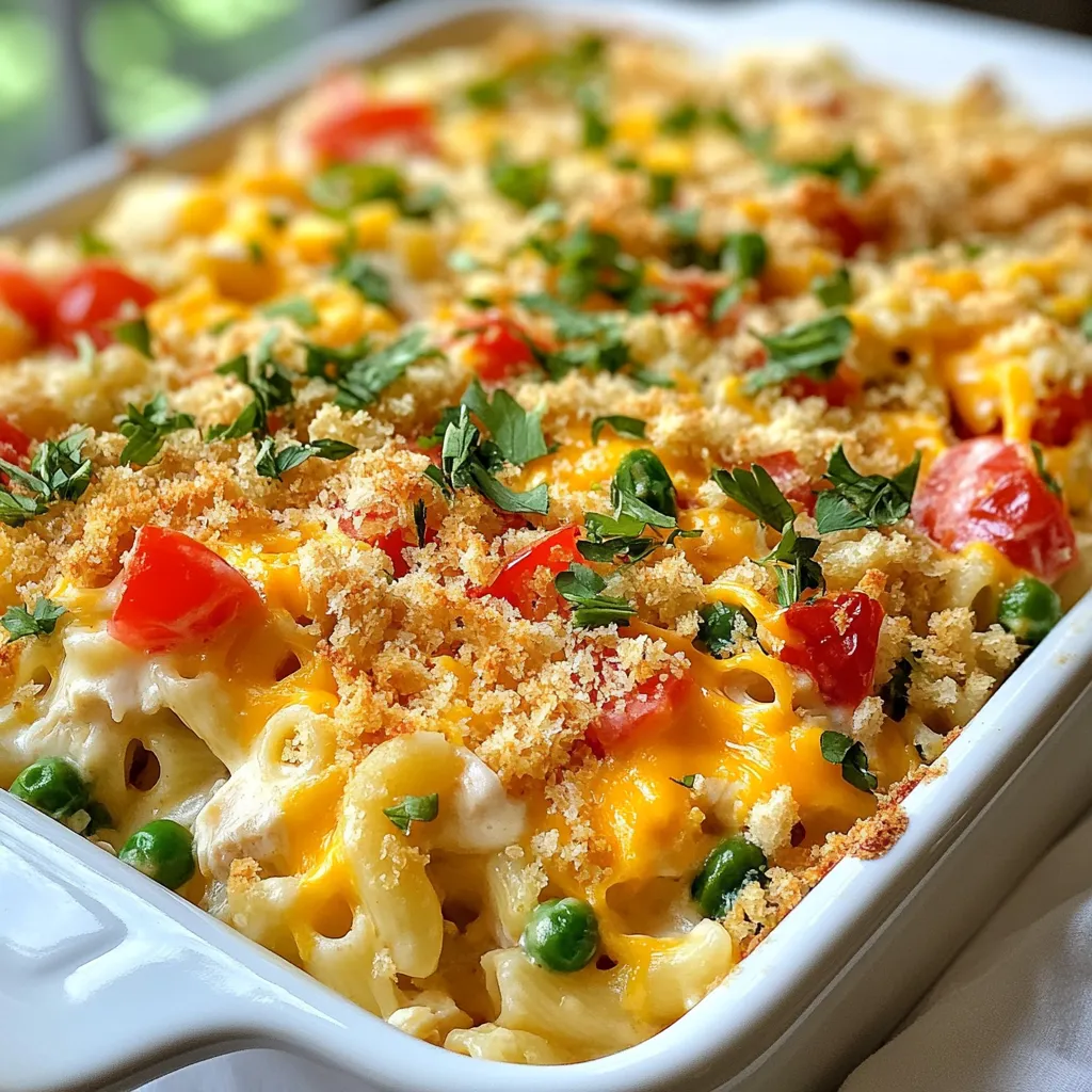 To make Husband Saver Casserole, you need simple and tasty ingredients. Here’s a list to gather: - 2 cups cooked macaroni pasta - 1 can (15 oz) diced tomatoes with green chilies - 1 cup shredded cheddar cheese - 1 cup cooked chicken, shredded - 1 cup frozen mixed vegetables (peas, carrots, corn) - 1 cup sour cream - 1 teaspoon garlic powder - 1 teaspoon onion powder - 1 teaspoon paprika - Salt and pepper to taste - ½ cup breadcrumbs Each of these ingredients plays a key role. The cooked macaroni serves as the base, giving you a hearty feel. Diced tomatoes add a zesty kick, while cheddar cheese makes it creamy and rich. Shredded chicken adds protein, making this dish filling. The mixed vegetables bring color and nutrients. Sour cream ties everything together, creating a smooth texture. Spices like garlic powder, onion powder, and paprika elevate the flavor. Finally, breadcrumbs add a crunchy topping, making every bite satisfying. Gather these ingredients, and you are ready to create a meal that pleases everyone! {{ingredient_image_1}} 1. Preheat your oven to 375°F (190°C). Grease a 9x13 inch baking dish. This step helps keep the casserole from sticking. 2. In a large bowl, mix these ingredients: - 2 cups cooked macaroni pasta - 1 can (15 oz) diced tomatoes with green chilies - 1 cup shredded cheddar cheese - 1 cup cooked chicken, shredded - 1 cup frozen mixed vegetables (peas, carrots, corn) - 1 cup sour cream Add garlic powder, onion powder, paprika, salt, and pepper to taste. Stir everything well. This helps the flavors blend together. 3. Once mixed, spread the mixture evenly into the prepared baking dish. Make sure it is flat and even. This helps it cook properly. 1. In a small bowl, mix ½ cup breadcrumbs with a drizzle of olive oil. About 1 tablespoon will do. This makes the topping crisp and tasty. 2. Sprinkle the breadcrumb mix over the top of the casserole. This adds a nice crunch. 3. Bake in the preheated oven for 25-30 minutes. Look for the top to become golden and crispy, and the casserole should be bubbly. 4. When done, take it out of the oven. Let it cool for 5 minutes before serving. This cooling time helps with cutting and serving. Enjoy the meal! - Best practices for boiling pasta: Start with a large pot of water. Add salt to the water before it boils. Bring it to a rolling boil. Add the macaroni and stir right away. Cook it until it's al dente. Drain it well and rinse with cold water. This stops the cooking and keeps it firm. - Ensuring even cooking of vegetables: Use frozen mixed veggies for this recipe. They cook fast and stay bright. Add them straight from the freezer to the mix. This helps keep their color and flavor. If using fresh veggies, chop them into small pieces. Cook them lightly before adding to the casserole. - Recommended spices and herbs: Use garlic powder, onion powder, and paprika for a tasty kick. These spices add depth to the dish. You can also add a pinch of oregano or thyme for extra flavor. Fresh herbs can really brighten the casserole. - Suggestions for cheese variations: Cheddar cheese is classic, but you can switch it up. Try mozzarella for a more gooey texture. Pepper jack adds a nice heat. If you want a sharper taste, use gouda or a mixture of different cheeses. Pro Tips Use Leftover Chicken: This casserole is a great way to use up leftover rotisserie chicken or any cooked chicken you have on hand for quick preparation. Customize Veggies: Feel free to swap out the frozen mixed vegetables for your favorite veggies or whatever you have in your fridge for a personal touch. Make Ahead: Prepare the casserole in advance and store it in the fridge before baking. Just add a few extra minutes to the baking time if it’s cold from the fridge. Cheese Varieties: Experiment with different types of cheese like mozzarella or pepper jack for added flavor and creaminess. {{image_2}} You can change the protein in this dish easily. Ground beef or turkey makes a great swap. Just cook it first, and then mix it in. If you want a vegetarian option, try using black beans or lentils. They add great protein and flavor. You can also use tofu for a plant-based twist. Both options keep the meal filling and satisfying. Mixing up the veggies can add fun flavors. Try bell peppers, broccoli, or spinach for a colorful twist. You can also stir in some fresh herbs like basil or parsley for freshness. If you want extra flavor, add sauces. A bit of hot sauce adds heat, while barbecue sauce gives a sweet touch. Experiment with your favorite flavors to make this casserole your own! To store leftover Husband Saver Casserole, let it cool first. Place it in an airtight container. This helps keep it fresh. It will last in the fridge for up to three days. When you are ready to eat, reheat it in the oven. Set the oven to 350°F (175°C). Cover the dish with foil to keep it from drying out. Heat for about 20 minutes. You can also use a microwave for quick reheating. Just cover it with a microwave-safe lid and heat in one-minute bursts. To freeze the casserole, make sure it is completely cool. Then, wrap it tightly in plastic wrap and place it in a freezer-safe bag. It can stay in the freezer for up to three months. When you want to cook it from frozen, take it out the night before. Place it in the fridge to thaw slowly. If you forget, you can bake it straight from frozen. Preheat the oven to 375°F (190°C) and add about 10-15 extra minutes to the cooking time. Make sure it is heated all the way through before serving. Yes, you can make this casserole ahead. Prepare it up to the baking step. Cover it well and store it in the fridge. When ready, bake it straight from the fridge. Just add a few extra minutes to the baking time. This makes weeknight dinners easy and fast. You can use Greek yogurt as a great substitute for sour cream. It gives a similar tangy taste. Another option is cream cheese, but thin it with a bit of milk. Both options keep the dish creamy and delicious. Absolutely! To make it vegetarian, skip the chicken. You can add more mixed vegetables or use beans for protein. Chickpeas or black beans work well. This way, you keep the meal hearty and filling. This casserole lasts about 3 to 4 days in the fridge. Store it in an airtight container to keep it fresh. If you want to keep it longer, consider freezing it instead. Yes, you can use different pasta types. Shells, rotini, or penne are great choices. Just make sure to cook them until al dente. This way, the pasta won’t get mushy while baking. Feel free to experiment with your favorite pasta! This blog post shared a simple, tasty casserole recipe that uses common ingredients. You learned how to prepare, bake, and serve a delicious dish everyone will enjoy. I also included tips for cooking, flavor ideas, and ways to store this meal. Remember, you can swap in different proteins and veggies to match your taste. So, gather your ingredients and start cooking. Enjoy each bite of your creation!