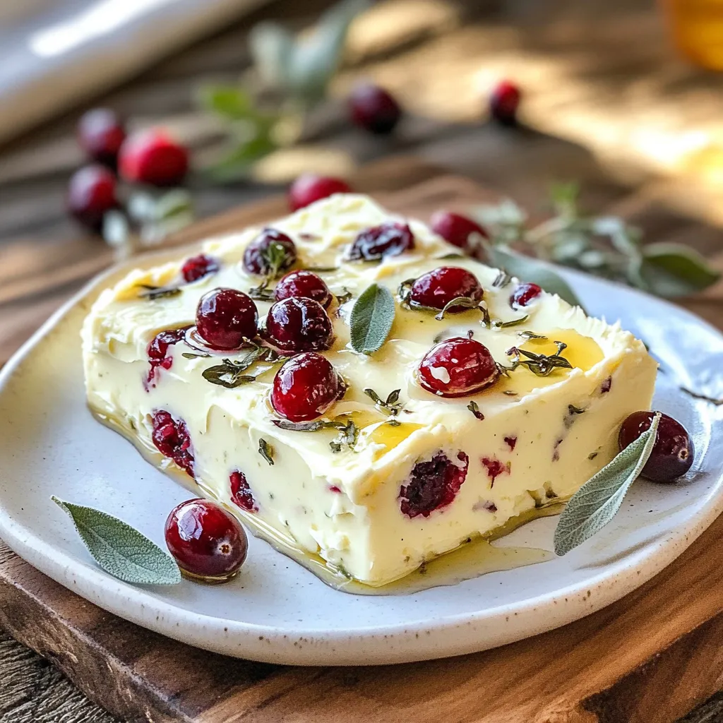 - 1 cup unsalted butter, softened - 1/2 cup fresh cranberries, chopped - 2 tablespoons fresh sage, finely chopped - 1 tablespoon honey - 1/2 teaspoon sea salt - Zest of 1 orange Gathering fresh ingredients is key here. I choose unsalted butter, as it gives me control over the saltiness. Softened butter mixes easily, helping to blend in the flavors. I chop fresh cranberries to add a tart kick. Their bright color makes the butter look pretty too. Fresh sage brings an earthy taste that pairs well with the sweet honey. I finely chop the sage to spread its flavor evenly. Adding honey balances the tartness. A small amount of sea salt enhances all the flavors without overpowering. Finally, I zest an orange for a bright, citrusy note. This zest adds a fresh aroma and a pop of flavor. With these ingredients ready, we can start crafting a delicious compound butter that will elevate any dish. {{ingredient_image_1}} - In a medium bowl, combine 1 cup of softened butter with 1/2 cup of chopped cranberries and 2 tablespoons of finely chopped sage. - Mix thoroughly with a fork or spatula until everything blends well. - Gently fold in the zest of 1 orange last. This keeps some texture from the cranberries. - Next, transfer the mixture to a sheet of parchment paper. - Spoon the butter mixture into the center and roll it into a log shape. - Twist the ends to seal it tight. - Now, refrigerate your butter log for at least 2 hours. This helps it firm up nicely. - Once it’s set, slice into rounds for serving. Enjoy the burst of flavors! To get the best texture, start with room-temperature butter. Cold butter will not mix well. When you combine the butter with the cranberries and sage, use a fork or spatula. This helps to break down the butter smoothly. Mix until you see no lumps. The goal is a creamy blend. Cranberry sage compound butter shines when served with warm bread or rolls. The heat will melt the butter and release its flavors. For a nice touch, display the butter on a wooden board. This adds a rustic feel to your table. You can use compound butter in many dishes. It adds flavor to veggies, meats, or pasta. For melting, place the butter on top of hot food. You can also stir it in while cooking. This way, you get a rich taste that enhances your meal. Pro Tips Use Room Temperature Butter: Ensure your butter is at room temperature for easy mixing and a smooth texture. Fresh Ingredients Matter: For the best flavor, use fresh cranberries and sage; dried herbs won't provide the same vibrant taste. Experiment with Flavors: Try adding different herbs or spices, like rosemary or cinnamon, to customize your compound butter. Gift-Worthy Presentation: Wrap the butter log in decorative parchment or wax paper and tie with a ribbon for a lovely homemade gift. {{image_2}} You can change the taste of your cranberry sage compound butter in fun ways. Try using different herbs like rosemary or thyme. These add a warm, earthy flavor. You can also mix in spices like cinnamon or nutmeg for a cozy twist. Adding fruits can create unique flavors too. Instead of cranberries, try diced apples or pears. These fruits give a sweet and juicy touch. You could even add dried fruits like apricots for a chewy texture. The options are endless! If you want a vegan version, use plant-based butter. This works well and keeps the flavor great. Many brands offer good vegan butter that is easy to find. For those who want less sugar, swap honey for maple syrup or a sugar-free sweetener. These options keep the taste yummy while being healthier. With these changes, you can enjoy this compound butter in many ways! To keep your cranberry sage compound butter fresh, wrap it well. Use plastic wrap or parchment paper. Make sure it is tightly sealed to keep out air. Store it in the fridge. This helps it stay firm and tasty. You can also freeze it for longer storage. Wrap the butter again in foil or a freezer bag. This keeps it safe from freezer burn. When you want to use it, just thaw it in the fridge overnight. In the fridge, your compound butter lasts about one to two weeks. If you freeze it, it can stay fresh for about three months. Watch for signs of spoilage. If you see discoloration or a strange smell, it’s best to toss it. Fresh butter should smell creamy and sweet. Keep an eye on it to enjoy the best flavor. Cranberry sage compound butter is very versatile. You can use it in many ways, such as: - Spread on warm bread or rolls: It melts beautifully and adds a sweet, herby flavor. - Topping for meats: Try it on turkey, chicken, or pork for a tasty twist. - Flavored in vegetables: Toss some into sautéed green beans or carrots for added flavor. - Pasta dish: Melt it into your favorite pasta for a quick, delicious meal. This butter can elevate your cooking and make any dish feel special. Yes, you can make cranberry sage compound butter ahead of time! Here are some tips for preparing in advance: - Chill and store: After shaping the butter, store it in the fridge for up to two weeks. - Freeze for later: Wrap the log in plastic wrap and freeze it. It can last for up to three months. - Slice before serving: You can slice it into rounds while still frozen. This makes serving easy. Preparing it in advance saves time and lets you enjoy it whenever you want. You can find pre-made versions of cranberry sage compound butter at various stores. Here are some recommendations: - Gourmet shops: Check local gourmet or specialty food stores for unique flavors. - Farmers markets: Local vendors may offer fresh, homemade compound butters. - Online retailers: Websites like Amazon or specialty food sites often have unique brands. When buying, look for high-quality ingredients for the best flavor. This blog post covered how to make and enjoy Cranberry Sage Compound Butter. You learned about the key ingredients, step-by-step mixing and chilling instructions, and useful tips for the best taste and texture. We also explored flavor variations, storage methods, and common questions. This compound butter can elevate many meals, from warm breads to savory dishes. With easy adjustments, you can customize it to suit your taste or dietary needs. Try it and enjoy the depth it brings to your meals!