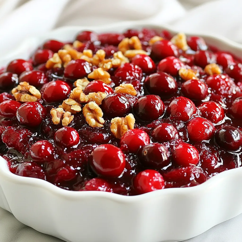 - 12 oz fresh or frozen cranberries - 1 cup orange juice - 3/4 cup granulated sugar - 1/2 teaspoon cinnamon - 1/4 teaspoon nutmeg - Zest of 1 orange - 1/2 cup chopped walnuts or pecans (optional) To make this easy and tasty cranberry sauce, you need a few simple ingredients. Fresh or frozen cranberries are the star of the show. They provide that classic tart flavor we love. The orange juice adds sweetness and a bright citrus kick. You’ll also need granulated sugar. This balances the tartness of the cranberries, making the sauce delicious. Spices play a big role, too. Just a bit of cinnamon and nutmeg adds warmth and depth. And don’t forget the zest of one orange. This little touch brings out the orange flavor even more. If you want some crunch, consider adding chopped walnuts or pecans. They make the sauce even more special! Gather these ingredients, and you’re ready to create a delightful cranberry sauce in your air fryer. {{ingredient_image_1}} First, preheat your air fryer to 320°F (160°C). Preheating helps the cranberries cook evenly. If you skip this step, the sauce may not thicken well. Next, choose a heatproof dish that fits your air fryer basket. It should be deep enough to hold the juices. This is important, as the cranberries will burst and release their liquid. In a medium bowl, combine the cranberries, orange juice, sugar, cinnamon, nutmeg, and orange zest. Mix well until the cranberries are coated with the sugar and spices. Use a spatula to ensure even distribution. This step is key for a balanced flavor. You want each cranberry to soak up the sweet and spicy goodness. Now, transfer the mixture into your heatproof dish. Place it carefully in the air fryer basket. Cook for 25 to 30 minutes, stirring halfway through. This helps the cranberries burst more evenly. Keep an eye on them; you want to see them soften and the sauce thicken. Look for the cranberries to burst open. When they do, that’s your sign it’s done. If you added nuts, stir them in during the last 5 minutes. Once finished, let the dish cool slightly before serving. To make the best cranberry sauce, you can easily adjust sweetness and spices. Some like it sweet, while others prefer it tart. If your sauce tastes too sour, add more sugar, one tablespoon at a time. You can also add a pinch of salt to balance flavors. For spices, cinnamon and nutmeg work well. Start with the amounts in the recipe, then taste and add more if you like. If you want a thicker sauce, there are a few techniques to try. Stir the sauce while it cooks to break down the cranberries. This helps to thicken the sauce faster. You can also let the sauce cool for a bit after cooking. It will thicken more as it cools. Both fresh and frozen cranberries have their benefits. Fresh cranberries give a bright taste and firm texture. They are great for a classic sauce. Frozen cranberries can save time and are often less expensive. They also work well in this recipe, but they may take longer to cook. When using frozen cranberries, you might need to add a couple of extra minutes to the cooking time. Check for doneness by looking for burst cranberries and a thick sauce. Cranberry sauce pairs well with many dishes. It is a classic choice for turkey and ham during the holidays. You can also serve it with roast chicken or pork. For a fun twist, try it on pancakes or waffles. It adds a burst of flavor to breakfast. Get creative with your leftover sauce, too. Use it in smoothies, yogurt, or oatmeal. You can even make a tart by spreading it on a pastry crust. The options are endless! Pro Tips Use Fresh Cranberries: Fresh cranberries provide a superior flavor and texture compared to frozen ones, resulting in a more vibrant sauce. Adjust Sweetness: Depending on your taste preference, feel free to adjust the amount of sugar to achieve the desired level of sweetness in your sauce. Add Vanilla: For a delightful twist, incorporate a teaspoon of vanilla extract for added depth and richness in flavor. Serve with Pairings: This sauce pairs beautifully with turkey, ham, or even as a topping for cheesecake or ice cream, making it versatile for holiday meals. {{image_2}} You can mix up your cranberry sauce with fun flavors. Adding fruits like apples or pears gives it a sweet twist. You could also try adding some berries, like blueberries or raspberries, for a tangy kick. Spices can change the taste as well. Besides cinnamon and nutmeg, you might enjoy ginger for warmth or allspice for depth. If you like a little heat, try a pinch of cayenne pepper. For sweeteners, you have choices beyond sugar. Maple syrup or honey can add a unique flavor. Agave nectar is another great option for a lighter touch. Making your cranberry sauce vegan is easy. Just use maple syrup instead of sugar. All the other ingredients work well without animal products. If you need it gluten-free, rest assured, all ingredients are safe. Just check the labels on any sweeteners and nuts. For nut-free options, skip the walnuts or pecans. You can still enjoy a rich flavor without nuts. Try adding seeds like pumpkin or sunflower for a crunchy bite. Refrigeration Tips You can store your cranberry sauce in the fridge. Use an airtight container to keep it fresh. It lasts about one week this way. Make sure to let it cool completely first. This helps avoid extra moisture inside the container. Freezing Options If you want to keep it longer, freezing is a great choice. Pour the sauce into freezer bags or containers. Leave some space at the top, as it expands when frozen. Your cranberry sauce can last up to three months in the freezer. When you're ready to use it, thaw it in the fridge overnight. Best Methods for Reheating To reheat, you can use a microwave or stovetop. If using the microwave, heat it in 30-second bursts. Stir between each burst to warm evenly. On the stovetop, use low heat and stir often. This helps avoid burning the sauce. How to Restore Consistency If your sauce becomes too thick, add a splash of water or orange juice. Stir well to mix it in. This will help bring back its smooth texture. Adjust until it reaches your desired consistency. Yes, you can make cranberry sauce ahead of time. It stores well in the fridge for about a week. To keep it fresh, place it in an airtight container. If you want to store it longer, you can freeze it. It will last in the freezer for up to three months. Just remember to let it cool completely before storing. When ready to use, thaw it in the fridge overnight. Absolutely! Other juices can add unique flavors to your cranberry sauce. Apple juice can add sweetness. Pineapple juice gives a tropical twist. Pomegranate juice adds a rich depth. Just keep in mind that each juice changes the taste. Start with the same amount as orange juice and adjust to your liking. If your cranberry sauce seems too thin, there are easy ways to thicken it. One way is to cook it longer. The sauce will thicken as it reduces. You can also mash some cranberries to help create a thicker texture. If you prefer, stir in a bit of cornstarch mixed with cold water. This will help thicken it quickly. Just remember to add it slowly until you reach your desired thickness. You learned how to make tasty cranberry sauce. We covered ingredients, steps, and tips for the best results. Fresh or frozen cranberries work well, and you can add various flavors. You can also adjust sweetness and thickness to your liking. Remember to store your sauce properly. With these tips, your cranberry sauce can be a hit at any meal. Enjoy experimenting with this classic recipe and impressing your friends and family!