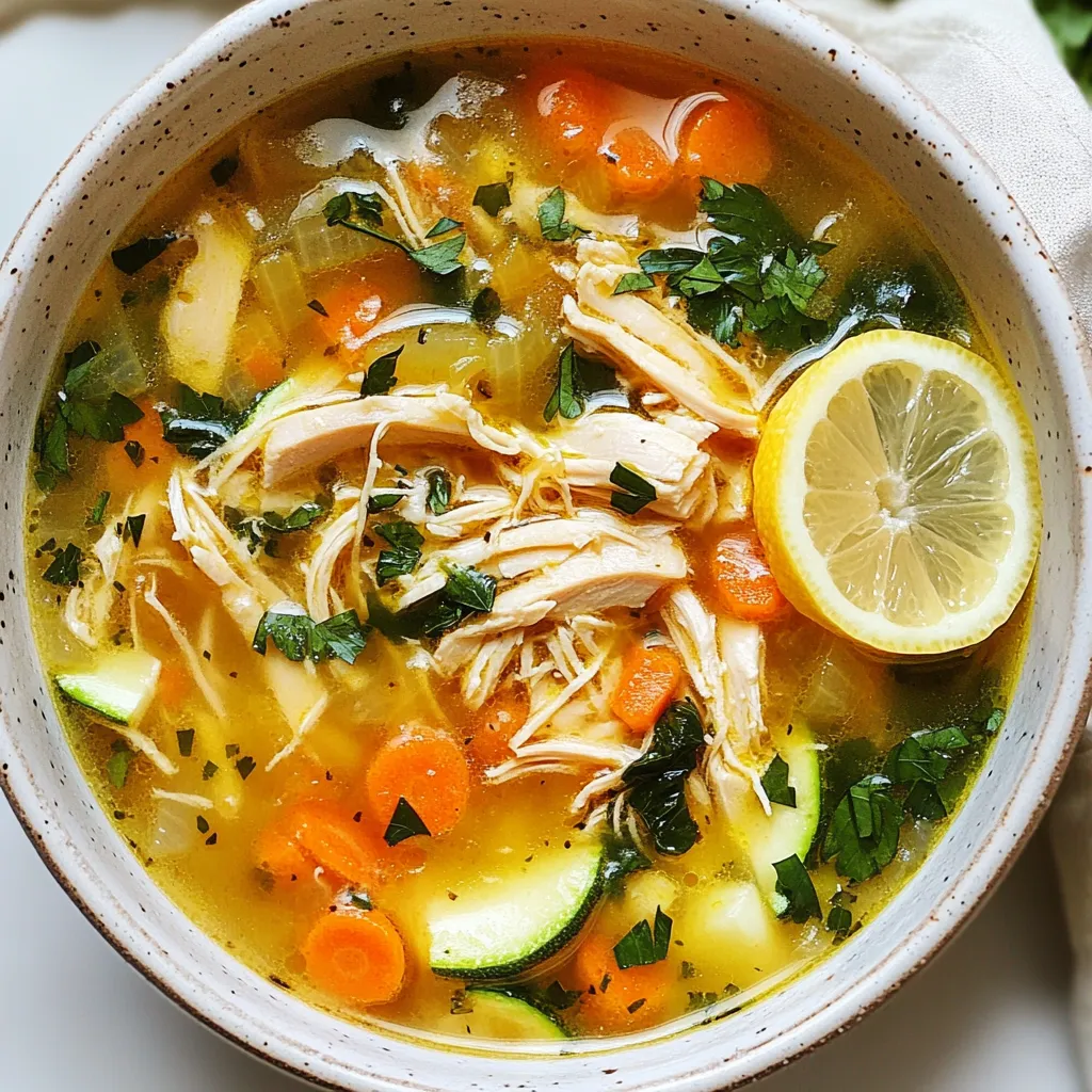 To make Italian Penicillin Chicken Soup, you need these key ingredients: - 1 lb (450g) boneless, skinless chicken thighs - 8 cups low-sodium chicken broth - 2 cups water - 1 medium onion, diced - 2 cloves garlic, minced - 2 medium carrots, sliced - 2 stalks celery, diced - 1 medium zucchini, diced - 1 cup spinach, packed - 1 tablespoon fresh thyme leaves - 1 tablespoon fresh parsley, chopped - 1 tablespoon olive oil - Salt and pepper to taste - 1 cup whole grain pasta (like ditalini or orzo) - Juice of 1 lemon These ingredients create a warm, hearty dish. Each one adds flavor and nutrition to the soup. You can swap some ingredients if needed: - Chicken thighs can be replaced with chicken breasts. Breasts are leaner but can dry out. - If you prefer less salt, use unsalted broth. You can always add salt later. - For a veggie twist, use mushrooms instead of chicken. This will still give you a tasty base. - If you don’t have zucchini, try yellow squash or even bell peppers. These swaps keep the soup delicious and flexible for your taste. Herbs can change the flavor of your soup. Fresh herbs offer vibrant taste. They brighten each spoonful. Use these amounts: - For thyme, use 1 tablespoon of fresh or 1 teaspoon of dried. - For parsley, 1 tablespoon fresh equals about 1 teaspoon dried. Dried herbs are strong, so add them early in cooking. Fresh herbs work best near the end. This helps keep their bright flavor and color. Choosing the right herbs can enhance your soup experience. {{ingredient_image_1}} To start, grab a large pot. Pour in one tablespoon of olive oil. Heat it over medium heat. Once hot, add one diced onion. Sauté the onion until it turns clear, about four to five minutes. Next, add two minced garlic cloves, two sliced carrots, and two diced stalks of celery. Cook these for another three to four minutes. You want the veggies to soften but not get too mushy. Now it's time for the chicken. Add one pound of boneless, skinless chicken thighs to the pot. Cook the chicken for about five to six minutes. Make sure it is browned on all sides. Once the chicken looks good, pour in eight cups of low-sodium chicken broth and two cups of water. Bring this mix to a gentle boil. After it boils, add one tablespoon of fresh thyme, salt, and pepper. Lower the heat and cover the pot. Let the soup simmer for twenty minutes. This helps the flavors blend well. After twenty minutes, take the chicken out. Use two forks to shred the chicken into bite-sized pieces. Then, add the shredded chicken back into the pot. Toss in one diced zucchini and one cup of whole grain pasta, like ditalini or orzo. Cook this for another ten to twelve minutes, or until the pasta is just right. To finish, stir in one cup of packed spinach and one tablespoon of chopped parsley. Let them wilt in the hot soup for about two minutes. Finally, squeeze the juice of one lemon into the pot. Taste your soup and adjust the salt and pepper if needed. Now, ladle the soup into warm bowls. For a nice touch, add a sprinkle of fresh parsley and a slice of lemon on the side. Enjoy this comforting Italian Penicillin Chicken Soup! To make your Italian Penicillin Chicken Soup truly shine, focus on fresh ingredients. Use fresh herbs like thyme and parsley. They add great taste and aroma. Sauté the onions until they are soft and sweet. This step builds a strong flavor base. Another tip is to add your lemon juice last. This keeps the soup bright and fresh. Don’t skip the salt and pepper. They enhance all the flavors in the soup. If you want a deeper taste, try adding a splash of white wine. It adds a nice zing! If you have leftovers, store them in an airtight container. The soup will stay fresh in the fridge for about three days. To keep the pasta from getting mushy, add it only to what you will eat. If you plan to freeze the soup, leave out the pasta. You can freeze the soup for up to three months. When ready to eat, thaw it in the fridge overnight. Then reheat on the stove until warm. If needed, add a little water or broth to thin it out. This soup pairs well with crusty bread. A slice of warm, toasted baguette can soak up the broth perfectly. You can also serve it with a simple green salad. A light lemon vinaigrette adds a fresh touch. For a heartier meal, consider a side of roasted vegetables. They add color and more nutrients to your dinner. If you want a drink, a glass of white wine complements the soup nicely. Enjoy your meal! Pro Tips Use Fresh Herbs: Adding fresh thyme and parsley just before serving enhances the soup's flavor and aroma, giving it a vibrant, fresh taste. Perfectly Cooked Pasta: To avoid overcooking, add the pasta to the soup only during the last 10-12 minutes of cooking, ensuring it remains al dente. Customize Your Veggies: Feel free to swap in your favorite vegetables, like green beans or peas, to make the soup your own and utilize what's in season. Make It Ahead: This soup stores well in the fridge for a few days. Reheat gently, adding a splash of broth if needed to loosen it up. {{image_2}} You can easily swap some ingredients in this soup. If you are gluten-free, use gluten-free pasta. Quinoa or rice works too. For a low-sodium option, choose low-sodium broth. This keeps the soup tasty without the extra salt. If you want more fiber, add beans or lentils. They work well with the chicken and veggies. To make this soup vegetarian, skip the chicken and broth. Use vegetable broth instead. Add extra veggies like mushrooms or bell peppers for more flavor. You can also use tofu for protein. If you want a vegan version, replace the chicken with chickpeas. They add great texture and taste. Top with fresh herbs for a tasty finish. For a spicy kick, add red pepper flakes or diced jalapeños. You can also use spicy Italian sausage instead of chicken. This gives the soup a nice heat. Experiment with different spices like cayenne or smoked paprika. These add depth and warmth. Just remember to balance the heat with lemon juice for brightness. Enjoy the heat while still keeping the comfort! After you make Italian Penicillin Chicken Soup, let it cool. Pour it into a container. Seal the container tightly. Store it in the fridge for up to three days. When you want a bowl, heat it on the stove or in the microwave. Stir it well to mix the flavors. If it seems thick, add a splash of water or broth. To freeze the soup, use a freezer-safe container. Leave some space at the top. The soup will expand when frozen. It can last up to three months in the freezer. When you are ready to eat it, move the soup to the fridge overnight. Reheat it on the stove or in the microwave. Make sure it is hot all the way through before serving. I recommend using glass or BPA-free plastic containers. Glass containers do not stain and keep the soup fresh. Choose containers with tight-fitting lids to avoid spills. If you use plastic, make sure it is safe for the freezer. Label your containers with the date. This way, you will know how long the soup has been stored. Italian Penicillin Chicken Soup is a warm and hearty dish. It features tender chicken, fresh veggies, and rich broth. The name comes from its comforting nature. Many people turn to this soup when they feel under the weather. Its simple ingredients create a nourishing meal for the soul. You can also add pasta for a filling touch. This soup is a blend of flavors that warms you inside and out. You can boost the nutrition of this soup easily. Here are some ideas: - Add leafy greens: Mix in kale or Swiss chard for extra vitamins. - Include beans: Chickpeas or white beans add protein and fiber. - Use whole grains: Choose brown rice or quinoa instead of pasta. - Add more veggies: Bell peppers, peas, or broccoli can up the health factor. Try to have a mix of colors for a variety of nutrients. These changes keep the soup delicious and healthy. Yes, you can use other types of chicken. Here are some options: - Bone-in chicken: This adds more flavor. Just remove the bones after cooking. - Chicken breasts: They are leaner but can dry out if overcooked. - Rotisserie chicken: This is a fast way to add cooked chicken. Just shred it and mix it in at the end. Feel free to choose what you like best. The soup will still taste great! In this blog post, we explored the essential ingredients and shared step-by-step cooking instructions for Italian Penicillin Chicken Soup. We covered easy ingredient swaps, the difference between fresh and dried herbs, and all the tips for storage and serving. You can adjust the recipe for dietary needs or add a spicy kick. I hope these insights inspire you in your kitchen. Remember, cooking is fun, and with these guidelines, you can make a tasty soup that warms the soul. Enjoy your cooking journey!