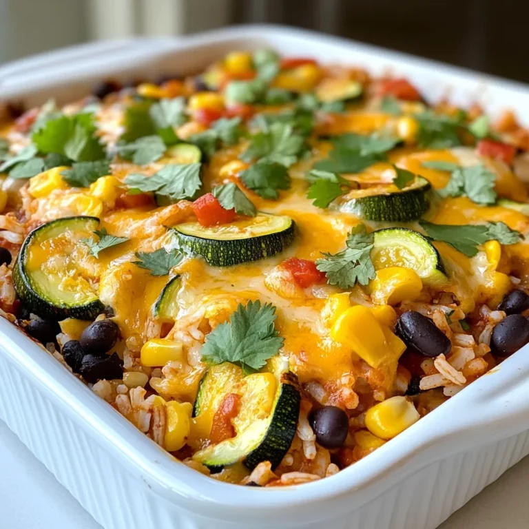 - 2 cups cooked rice (brown or white) - 1 can (15 oz) black beans, rinsed and drained - 1 can (15 oz) corn kernels, drained - 1 medium zucchini, diced - 1 bell pepper (red or yellow), diced - 1 small red onion, finely chopped - 2 cloves garlic, minced - 1 tablespoon taco seasoning - 1 cup salsa - 1 ½ cups shredded cheese (cheddar or Mexican blend) - 1 tablespoon olive oil - Fresh cilantro, chopped, for garnish - Salt and pepper to taste - Additional vegetables (e.g., spinach, mushrooms) - Alternative beans (e.g., pinto or kidney beans) - Different cheese blends The main ingredients in this casserole create a tasty and filling dish. I love using cooked rice as a base. It adds texture and makes the dish hearty. Black beans are my favorite protein source in this recipe. They are rich in fiber and very good for you. Corn adds sweetness and a lovely pop of color. Chopping up a medium zucchini and a bell pepper gives the casserole a fresh crunch. I often choose red for its bright color, but yellow works just as well. The small red onion and minced garlic bring a strong flavor. Taco seasoning makes everything taste like a fiesta! Salsa ties it all together, adding zest and moisture. Topping with cheese makes it a true comfort food. I like to use a mix of cheddar and Mexican cheese. Garnish with fresh cilantro for a burst of flavor. If you want to mix it up, try different vegetables or beans. Spinach or mushrooms can add more nutrition. You can also use pinto beans for a change. Mixing in different cheese blends can create a unique taste. {{ingredient_image_1}} 1. Heat your skillet over medium heat and add olive oil. 2. Sauté the chopped red onion and minced garlic. Cook until the onion is clear, about 3-4 minutes. 3. Now, add the diced zucchini and bell pepper to the skillet. Stir and cook for another 3-4 minutes until they are soft. 1. In a large bowl, combine the cooked rice, black beans, and corn. 2. Add the sautéed vegetables, taco seasoning, and half of the salsa. 3. Mix everything well and season with salt and pepper to taste. 1. Pour the mixture into a greased 9x13 inch baking dish. Spread it evenly. 2. Spoon the remaining salsa over the top and spread it out. 3. Generously sprinkle the shredded cheese over the casserole. 4. Cover the dish with aluminum foil and bake at 375°F for 20 minutes. 5. Remove the foil and bake for another 10-15 minutes until the cheese is melted and bubbly. 6. Let it cool for a few minutes before serving. Garnish with fresh cilantro. - Use homemade taco seasoning for freshness: This gives your dish a vibrant taste. You can mix cumin, chili powder, and paprika for a quick seasoning. - Precook or grill vegetables for added smokiness: Grilling or sautéing your veggies brings out their natural sugars and adds depth. Try this with bell peppers or zucchini for a tasty twist. - Substitute brown rice for white: Brown rice adds fiber and keeps you full longer. It also has a nutty flavor that enhances the dish. - Use low-fat cheese or dairy alternatives: This helps cut calories while still giving that cheesy goodness. You can try almond or soy cheese for a lighter option. - Ideal side dishes: Guacamole adds creaminess, and a fresh salad balances the meal. You can also serve it with some tortilla chips. - Best wines or beverages to pair: A crisp white wine like Sauvignon Blanc complements the flavors well. If you prefer non-alcoholic, try lime-infused sparkling water for a refreshing touch. Pro Tips Use Fresh Ingredients: For the best flavor, use fresh vegetables and herbs. Fresh cilantro adds a bright note to the casserole. Customize Your Beans: Feel free to swap black beans for pinto or kidney beans based on your preference. Spice it Up: If you like it spicy, add diced jalapeños or a sprinkle of red pepper flakes to the mix. Make Ahead: Prepare the casserole in advance and store it in the fridge. Just bake it when you're ready to serve! {{image_2}} You can easily make this casserole gluten-free. Simply swap the rice for quinoa or use cauliflower rice. Both options add great texture. Quinoa brings a nutty flavor, while cauliflower rice keeps it light and fresh. If you love heat, make it spicy! Add jalapeños or use a spicy salsa. You can also mix in hot sauce. This will give your casserole a nice kick. Adjust the amount based on your spice level preference. For a twist, swap black beans for lentils. Lentils add protein and a different taste. You can also include spices like cumin or coriander. These spices give the dish a deep, warm flavor. To store leftovers, put them in an airtight container. Place the container in the fridge. This keeps the casserole fresh for up to three days. If you want to keep it longer, freeze it. Use a freezer-safe container or wrap it tightly in plastic wrap. It can last for about three months in the freezer. To reheat your casserole, the oven is the best choice. Preheat your oven to 350°F (175°C). Cover the dish with foil to keep it moist. Heat for about 20 minutes or until it's hot throughout. You can also use the microwave. Place a single serving on a plate and heat for about two to three minutes. Check often to avoid overcooking. If your casserole has been in the fridge for more than three days, it's time to toss it. If you see any signs of mold or if it smells off, throw it away. Always trust your senses. When in doubt, it's safer to discard it. Yes, you can make this casserole ahead. Prepare it up to the baking step. Cover it with foil and store it in the fridge. This way, you save time on busy days. I suggest baking it within 1-2 days for best taste. If you want to prepare it even earlier, you can freeze it. Just make sure it is well-wrapped to avoid freezer burn. When you are ready to bake, thaw it overnight in the fridge before cooking. Absolutely! This casserole works great for meal prep. You can portion it into single servings. Use small containers for easy grab-and-go meals. Just make sure to cool it down before sealing the containers. It keeps well in the fridge for about 4-5 days. You can reheat each portion in the microwave or oven. This makes it easy to enjoy a healthy meal anytime. Want some heat? You can add jalapeños or diced green chilies. Mixing in spicy salsa can also give it a kick. If you like extra flavor, sprinkle in some cayenne pepper. Start with small amounts and taste as you go. You can adjust the spice level based on what you like. This way, the casserole can fit your taste perfectly. This blog post covered a tasty and simple casserole recipe. You saw the key ingredients, step-by-step instructions, and helpful tips. You can make it your own with variations and storage advice. Overall, this dish is great for meals or gatherings. It offers many options for flavor and spice. Whether you want something light or bold, you can make it fit your tastes. Enjoy cooking and sharing this fun recipe!