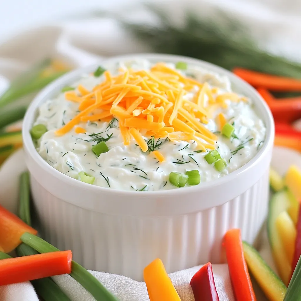 To make your Protein Packed Cottage Cheese Ranch Dip, gather the following ingredients: - 1 cup cottage cheese (low-fat or regular) - 1/2 cup Greek yogurt - 1 tablespoon ranch seasoning mix (store-bought or homemade) - 1/4 cup finely chopped green onions - 1/4 cup diced red bell pepper - 1 tablespoon fresh dill, chopped (or 1 teaspoon dried dill) - 1 tablespoon lemon juice - Salt and pepper to taste - Optional: 1/4 cup shredded cheddar cheese for garnish Each ingredient plays a key role in both flavor and nutrition. Cottage cheese gives a creamy base and packs protein. Greek yogurt adds tang and creaminess. Ranch seasoning brings that classic flavor we all love. Green onions and red bell pepper provide crunch and color. Fresh dill adds a nice herbal touch. Lemon juice brightens the dip, while salt and pepper enhance the overall taste. You can also top it with cheddar cheese for extra richness. This dip is not only tasty but also healthy! 1. Mixing the cottage cheese and Greek yogurt In a medium bowl, combine 1 cup of cottage cheese and 1/2 cup of Greek yogurt. Use a whisk or hand mixer. Blend until smooth and creamy. This mix is the base of your dip. 2. Incorporating ranch seasoning Next, add 1 tablespoon of ranch seasoning mix. Stir it well into the cottage cheese and yogurt blend. This gives the dip its tasty ranch flavor. 3. Adding vegetables and dill Now, fold in 1/4 cup of finely chopped green onions, 1/4 cup of diced red bell pepper, and 1 tablespoon of fresh dill. If you use dried dill, 1 teaspoon will work. Mix gently until everything is combined. 4. Adjusting seasoning to taste Add salt and pepper to your liking. Taste the dip after mixing to see if it needs more seasoning. Adjust as needed for the perfect flavor. 5. Chilling the dip Transfer the dip to a serving bowl. Cover it with plastic wrap and chill for at least 30 minutes. This helps all the flavors come together nicely. This Protein Packed Cottage Cheese Ranch Dip is now ready to enjoy! Serve it with veggie sticks, whole grain crackers, or pita chips. To get the right texture for your dip, use a hand mixer. This tool blends the cottage cheese and Greek yogurt very well. A whisk works too, but it may not get as smooth. For cottage cheese, both low-fat and regular options work great. Choose the one you like best. Chilling the dip for at least 30 minutes helps the flavors mix well. It also makes the dip creamier. You can play with the seasoning to make your dip unique. Try adding garlic powder or smoked paprika for a twist. If you want more texture, fold in diced cucumbers or shredded carrots. These extras add a nice crunch. Always taste your dip before serving. Adjust the flavors until they are just right for you. {{image_2}} You can tweak the flavor of your cottage cheese ranch dip to fit your taste. For a spicy ranch dip, add a dash of hot sauce or some cayenne pepper. This gives the dip a nice kick and makes it exciting. You can also mix in jalapeños for extra heat. If you prefer a milder taste, try adding sweet paprika instead. Herb-infused options are another great twist. Mix in fresh herbs like chives, parsley, or basil. This adds freshness and depth to the dip. You can even try using a ranch seasoning mix with added herbs for a unique flavor. If you need dairy-free substitutes, use silken tofu instead of cottage cheese. Blend it until smooth for a creamy base. You can swap Greek yogurt for dairy-free yogurt made from almond or coconut. This keeps the dip tasty while catering to your diet. For low-carb versions, try using cauliflower instead of cottage cheese. Cook and blend it until smooth. This makes a great base that's lower in carbs but still rich in flavor. You can also skip the Greek yogurt to reduce carbs further. Just remember to adjust your seasonings to keep the taste delicious. To keep your Protein Packed Cottage Cheese Ranch Dip fresh, use an airtight container. This helps lock in flavor and prevent spills. Glass or plastic containers both work well. Just make sure they seal tightly. You can store the dip in the fridge for up to five days. After that, the taste may change. Can you freeze the dip? Yes, you can freeze it! Freezing helps save extra dip for later. Make sure to use a freezer-safe container. Leave some space at the top. This allows the dip to expand as it freezes. To thaw and serve after freezing, move it to the fridge overnight. This helps it thaw slowly. Once thawed, stir it well before serving. If the dip seems too thick, add a little Greek yogurt or cottage cheese to get the right texture. Enjoy your dip as a snack or party treat! How long does Protein Packed Cottage Cheese Ranch Dip last? This dip lasts about 3 to 5 days in the fridge. Keep it in a sealed container to stay fresh longer. Always check for any changes in smell or texture before enjoying it. Can I make this dip ahead of time? Yes, you can! Making this dip a day ahead lets the flavors blend better. Just cover it and chill it in the fridge until you're ready to serve. What to serve with ranch dip? You can serve this dip with fresh veggie sticks like carrots, celery, and bell peppers. Whole grain crackers and pita chips also pair well for a tasty snack. Is this dip suitable for meal prep? Absolutely! This dip is great for meal prep. You can make a big batch and enjoy it throughout the week. Just store it in single servings for easy grab-and-go options. This blog post covered how to make a tasty cottage cheese ranch dip. You learned about the key ingredients, like cottage cheese, Greek yogurt, and ranch seasoning. I shared step-by-step instructions for easy preparation and tips for the best texture and flavor. There are also fun variations and storage tips to keep your dip fresh. In summary, this dip is simple and flexible, perfect for any occasion. Try making it your own and enjoy!