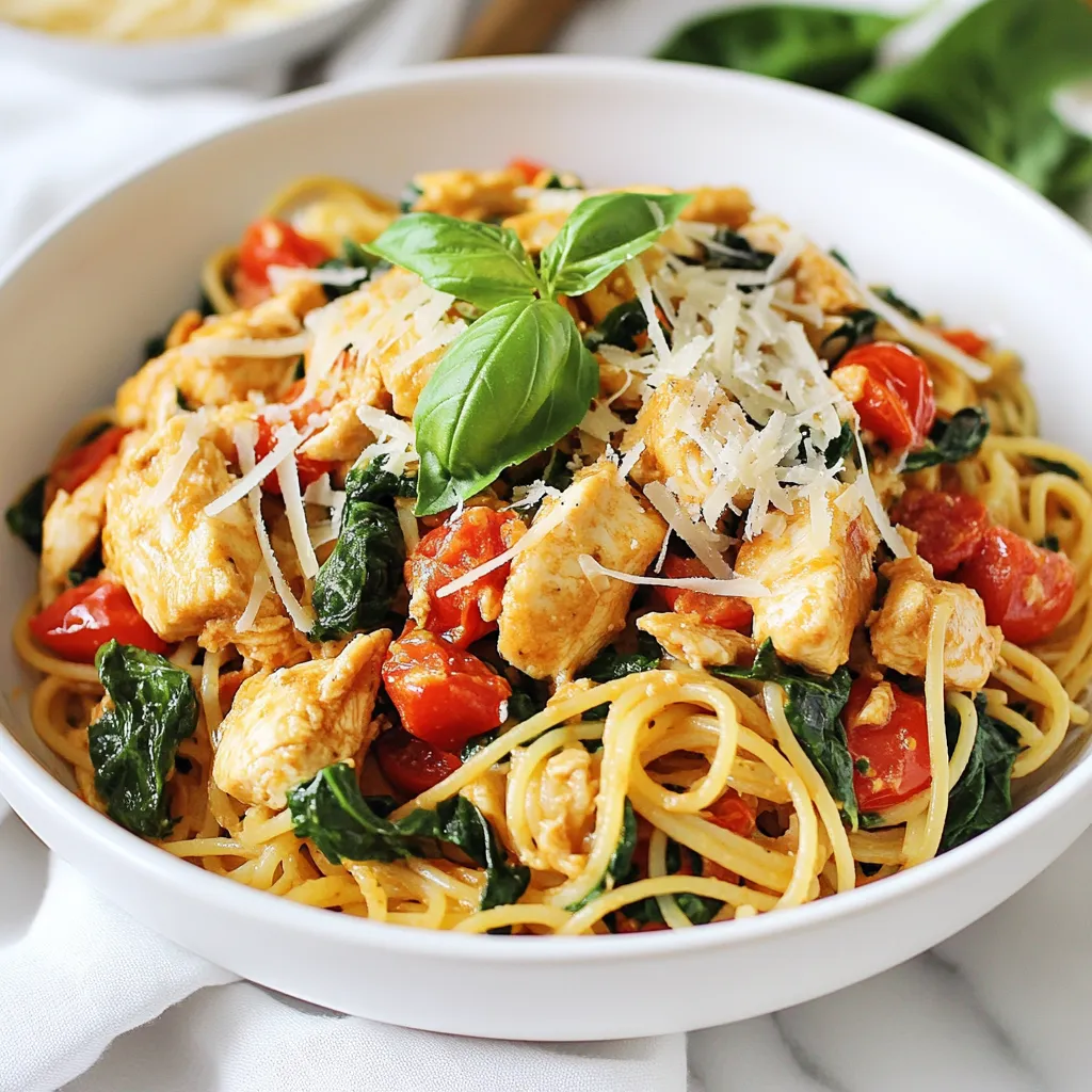 - 2 boneless, skinless chicken breasts, diced - 8 oz whole wheat pasta (your choice of shape) - 2 cups fresh spinach - 1 can (14 oz) diced tomatoes (drained) - 2 cloves garlic, minced - 1 small onion, finely chopped - 1 teaspoon dried oregano - 1 teaspoon dried basil - 2 tablespoons olive oil - Salt and pepper to taste - 1/4 cup grated Parmesan cheese (for serving) - Fresh basil leaves (for garnish, optional) When choosing chicken, go for fresh, high-quality breasts. Look for clear skin and no dark spots. For pasta, whole wheat is best. It adds fiber and a nice nutty taste. Use fresh spinach for its vibrant color and taste. Canned tomatoes should be ripe and juicy. Check the label for no added sugar. Fresh herbs give more flavor than dried ones. Always choose good-quality olive oil for cooking. You can swap chicken for tofu or chickpeas for a vegetarian dish. Use gluten-free pasta if you need to avoid gluten. Spinach can be replaced with kale or Swiss chard. If you dislike tomatoes, use bell peppers or zucchini. Nutritional yeast can replace Parmesan for a dairy-free option. Adjust seasonings to fit your taste, too. {{ingredient_image_1}} Start by boiling a large pot of salted water. Once it boils, add 8 ounces of whole wheat pasta. Cook it according to the package directions until it is al dente. This usually takes about 8 to 10 minutes. Drain the pasta and set it aside. This step is quick and easy but very important for great texture. In a large skillet, heat 1 tablespoon of olive oil over medium heat. Once hot, add 2 diced boneless, skinless chicken breasts. Season the chicken with salt, pepper, 1 teaspoon of dried oregano, and 1 teaspoon of dried basil. Cook the chicken for about 6 to 8 minutes. You want it browned and fully cooked. Once done, remove the chicken from the skillet and set it aside. Don’t skip this step; well-cooked chicken adds a lot of flavor. In the same skillet, add another tablespoon of olive oil. This helps build flavor. Sauté 1 finely chopped onion and 2 minced cloves of garlic until they are fragrant and golden. This should take about 3 to 4 minutes. The aroma will fill your kitchen with warmth. Now, add 1 can (14 oz) of drained diced tomatoes and 2 cups of fresh spinach to the skillet. Stir them in and cook until the spinach wilts, which takes about 2 to 3 minutes. Then, return the cooked chicken to the skillet. Add the drained pasta and toss everything together. Make sure the pasta is well-coated with the sauce. Cook for an additional 2 minutes. This allows all the flavors to blend nicely. To serve, plate the pasta in a large bowl or individual plates. Sprinkle 1/4 cup of grated Parmesan cheese on top. If you like, add fresh basil leaves for a nice garnish. This dish looks great and tastes even better. Enjoy your meal with extra Parmesan on the side for those who want more cheesy goodness! To cook pasta well, you need a big pot of water. Use plenty of salt in the water. This helps give the pasta flavor. Cook the pasta until it is al dente, which means firm to the bite. This usually takes about 8 to 10 minutes. Remember to stir it so it doesn’t stick together. After cooking, drain it right away. Rinse it with cold water to stop cooking. This keeps your pasta just right for the dish. To keep chicken juicy, cook it on medium heat. First, heat the oil in your skillet, then add the chicken. Season it well with salt, pepper, oregano, and basil. Cook it for 6 to 8 minutes. You want the outside to be golden brown and the inside to be fully cooked. Use a meat thermometer if you have one. The chicken should be 165°F. If you cut it and the juices run clear, it's perfect! Fresh herbs can really boost the taste of your meal. Basil is a great choice for this pasta dish. Add fresh basil leaves right before serving. This adds a bright and fresh touch. You can also use parsley or thyme for different flavors. Just chop them finely and sprinkle them on top. If you want more flavor, feel free to add herbs while cooking. This will make your dish pop with taste and color! Pro Tips Use Fresh Ingredients: Fresh spinach and ripe tomatoes will enhance the flavor of your pasta dish significantly. Always opt for the freshest produce you can find. Customize Your Pasta: Feel free to switch up the type of whole wheat pasta you use. Penne, fusilli, or spaghetti all work well with this sauce. Extra Flavor Boost: For a deeper flavor, consider adding a splash of white wine to the sauce after sautéing the garlic and onion. Let it simmer for a minute before adding the tomatoes and spinach. Meal Prep Friendly: This dish can be made in advance and stored in the refrigerator for up to three days. Reheat gently on the stovetop, adding a splash of water if needed to loosen the pasta. {{image_2}} You can easily make this dish vegetarian. Just skip the chicken. Replace it with extra vegetables. Try mushrooms, zucchini, or bell peppers. These add great flavor and texture. Use the same spices for taste. You can keep the rest of the recipe the same. It will still be delicious and satisfying. To make this recipe gluten-free, choose gluten-free pasta. Many options are available, such as rice or quinoa pasta. Follow the same cooking instructions. The sauce and chicken will pair well with these pasta types. This way, you still enjoy all those great flavors without gluten. You can boost the nutrition by adding more vegetables. Consider adding broccoli, peas, or carrots. These can add color and crunch. Sauté them with the onion and garlic for best results. This not only enhances the dish but also makes it healthier. Feel free to experiment and make it your own! After enjoying your Tomato Spinach Chicken Pasta, let it cool down. Place it in an airtight container. This helps keep the flavors fresh. Store it in the fridge for up to three days. If you want, you can separate the pasta from the sauce. This keeps everything better. When you're ready to eat, you can heat it in several ways. The best way is on the stove. Use a skillet over low heat. Add a splash of water or olive oil to keep it moist. Stir often until hot. You can also use the microwave. Place the pasta in a bowl and cover it. Heat in 30-second bursts, stirring in between. If you want to save some for later, freezing works great. First, divide it into individual portions. Use freezer-safe containers or bags. Squeeze out as much air as you can. This prevents freezer burn. You can freeze it for up to three months. When you want to eat it, thaw it in the fridge overnight. Then reheat as mentioned above. Enjoy your meal later with ease! Yes, you can use frozen spinach. Just make sure to thaw and drain it first. Frozen spinach will work well in this dish. It might be softer than fresh, but it still adds great flavor. To add some heat, try adding red pepper flakes. Start with a pinch and taste as you go. You can also use spicy sausage instead of chicken for a different flavor. Hot sauce is another easy way to spice things up. You can use shrimp, turkey, or tofu. Each protein will change the taste slightly. Shrimp cooks quickly and adds a nice touch. Turkey is lean and works well, while tofu gives a vegetarian option. Yes, you can prepare this dish ahead of time. Cook the pasta and chicken, then store them separately. Combine them just before serving for the best taste. This makes it easy to heat and serve on busy nights. This article covered key components of a delicious dish, from ingredients to storage. We looked at quality ingredients, cooking steps, and helpful tips. We also explored variations like vegetarian and gluten-free options. In the end, remember that this dish is flexible. You can adapt it to fit your tastes and needs. Cooking should be fun and easy, so enjoy the process and your meal. Make it your own!