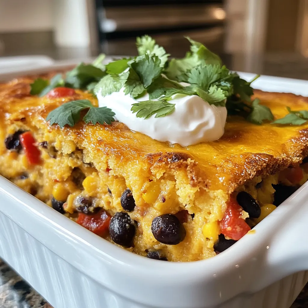 To make this cornbread casserole, you need a few key ingredients. These ingredients create a warm and tasty dish. Here is what you need: - 1 cup cornmeal - 1 cup milk - 1 can (15 oz) creamed corn - 1 can (15 oz) black beans, rinsed and drained - 1 cup shredded cheddar cheese - 1 teaspoon baking powder - 1 tablespoon sugar - 1 teaspoon salt - 2 tablespoons melted butter - 2 sliced jalapeños (optional for heat) Each ingredient plays a role. The cornmeal gives it a nice texture. The creamed corn adds moisture and sweetness. Black beans add protein. Cheddar brings flavor and creaminess. You can make this dish even better by adding some fun extras. Here are some ideas: - Chopped bell peppers for crunch - Diced onion for a savory taste - Fresh corn for a sweet bite - Cooked sausage or ground turkey for more protein - Spices like cumin or paprika for warmth Feel free to get creative. These add-ins can make your casserole unique. If you have dietary needs, there are easy swaps you can try. For a gluten-free option, use gluten-free cornmeal. You can replace milk with almond or oat milk for a dairy-free choice. If you want a lower-calorie dish, use low-fat cheese and less butter. Always check labels for safety if you have allergies. This dish can fit many diets with simple changes. {{ingredient_image_1}} To start, gather all your ingredients. You need cornmeal, milk, creamed corn, black beans, shredded cheddar cheese, baking powder, sugar, salt, melted butter, and jalapeños if you want some heat. In a large mixing bowl, combine the cornmeal, milk, creamed corn, black beans, cheddar cheese, baking powder, sugar, and salt. Mix everything together well. It should be smooth and creamy. Then, pour in the melted butter and stir again. If you enjoy spice, fold in the sliced jalapeños now. This step adds a nice kick! Now, preheat your oven to 400°F (200°C). This temperature helps the casserole rise and brown nicely. Next, take a greased 9x9-inch baking dish or an oven-safe skillet. Pour your cornbread mixture into the dish. Spread it evenly. Bake it in the oven for about 25 to 30 minutes. You want the top to be golden brown. It should look inviting and smell great! To check if your cornbread casserole is done, use a toothpick. Insert it into the center of the casserole. If it comes out clean, it is ready. If you see wet batter on the toothpick, bake it a bit longer. Let it cool for a few minutes before slicing. Enjoy your warm, delicious cornbread casserole! To make the best cornbread casserole, mix your dry and wet ingredients well. Start by combining the cornmeal, baking powder, sugar, and salt in a bowl. Then, whisk in the milk and creamed corn. This step helps avoid lumps. After that, add the black beans and cheese. Finally, stir in the melted butter. Mix until everything is smooth. This ensures even flavor throughout. A few common mistakes can ruin your casserole. One big error is overmixing the batter. This can make your casserole dense. Instead, mix just until combined. Another mistake is not greasing the baking dish. Always grease your dish well to avoid sticking. Lastly, don’t skip the cooling time. Letting it sit for a few minutes helps the casserole set up nicely. You can boost the flavor with spices and herbs. Try adding cumin or chili powder for a warm kick. Fresh herbs like cilantro or parsley add freshness. If you enjoy heat, fold in sliced jalapeños. They add a nice zing. Remember, start with small amounts and taste as you go. This way, you can find the perfect balance for your dish. Pro Tips Use Fresh Ingredients: Fresh ingredients can significantly enhance the flavor of your cornbread casserole. Opt for fresh jalapeños if you enjoy a spicy kick! Experiment with Cheeses: While cheddar cheese is a classic choice, try mixing in other cheeses like Monterey Jack or pepper jack for a unique flavor profile. Make It Ahead: This casserole can be prepared in advance and stored in the fridge. Just reheat it before serving for a quick meal option. Pair with Sides: Serve your cornbread casserole with a side salad or some grilled vegetables to create a balanced meal that everyone will enjoy. {{image_2}} You can easily make this casserole vegetarian. Just skip the cheese or use a plant-based cheese. Use almond or soy milk instead of regular milk. This keeps it creamy and tasty. You can also swap black beans with chickpeas for a different flavor. These changes keep the dish hearty and filling. Add jalapeños for a spicy kick. They bring warmth without being too hot. If you love spice, try adding diced green chilies. You can also mix in a bit of hot sauce. Just a few drops can make a big difference. Adjust the heat to your taste. This way, you control how spicy you want it. Change the veggies based on the season. In summer, add corn or zucchini for freshness. In fall, try diced pumpkin or squash for warmth. You can mix in spinach or kale for greens all year round. These options keep your casserole exciting. It also helps use up what you have at home. To store leftover cornbread casserole, let it cool first. Once it cools, cover the dish with plastic wrap or foil. You can also transfer it to an airtight container. This keeps the casserole fresh. Store it in the fridge for up to three days. When you want to enjoy the leftovers, preheat your oven to 350°F (175°C). Place the casserole in an oven-safe dish. Cover it with foil to keep it moist. Heat for about 15-20 minutes, or until it's warm. You can also use a microwave. Heat individual portions for about one to two minutes. If you have more casserole than you can eat, freezing works well. Cut the casserole into squares and place them in freezer-safe containers. Make sure to label them with the date. You can freeze it for up to three months. To thaw, move it to the fridge overnight. Then, reheat it as described above for best taste. Yes, you can prepare the cornbread casserole ahead of time. Mix the ingredients and store them in the fridge. You can bake it the next day. Just remember to let it sit at room temperature for about 15 minutes before baking. This helps it to cook evenly. If you don't have black beans, you can use pinto beans or kidney beans. You can also add corn or diced bell peppers for extra flavor. Both options will keep the dish tasty and filling. Feel free to experiment with what you have on hand. To check if the casserole is done, look for a golden top. Insert a toothpick into the center. If it comes out clean, the casserole is ready. If it has wet batter on it, bake it a bit longer. This will give you the perfect texture. This blog post covered how to make a quick and tasty cornbread casserole. We looked at the key ingredients, easy steps, and tips for great results. I shared options for diets and fun variations to keep it fresh. You can store, freeze, and reheat leftovers easily, too. Remember, this dish is quick to make and full of flavor. Try it today for a satisfying meal that you can customize any way you like!