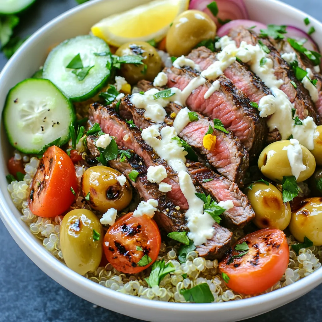 - 1 lb flank steak - 2 tablespoons olive oil - Spices and Seasonings: smoked paprika, garlic powder, ground cumin, salt, and pepper - Fresh Ingredients: cherry tomatoes, cucumber, red onion, Kalamata olives, feta cheese, fresh parsley, lemon In my Mediterranean Steak Power Bowls, I focus on fresh, vibrant flavors. Each ingredient plays a role in creating a balanced meal. The flank steak shines with its rich taste. I start with 1 lb flank steak. This cut is tender and full of flavor. Marinating it makes all the difference. Next, I use 2 tablespoons olive oil to help the spices stick and add healthy fat. For the spices, I mix smoked paprika, garlic powder, ground cumin, salt, and pepper. These spices bring warmth and depth. They make the steak flavorful and aromatic. Fresh ingredients are key to this bowl. Cherry tomatoes add sweetness. Cucumber brings crunch. Red onion adds a sharp bite. Kalamata olives give a briny touch, while feta cheese adds creaminess. I sprinkle on fresh parsley for a pop of color and freshness. Finally, I squeeze in the juice of 1 lemon for brightness. The zest of the lemon enhances the dish’s aroma. Each component contributes to a colorful, tasty power bowl that is both healthy and satisfying. {{ingredient_image_1}} To start, we need to prepare the marinade. In a small bowl, mix 2 tablespoons of olive oil, 2 teaspoons of smoked paprika, 1 teaspoon of garlic powder, 1 teaspoon of ground cumin, salt, and pepper. This blend gives the steak a great flavor kick. Next, rub this marinade all over 1 pound of flank steak. Make sure every bit of the steak gets coated. Let it marinate for at least 30 minutes at room temperature. If you have more time, marinate it for 1-2 hours in the fridge. This step makes the steak even tastier. Now, let’s cook the steak. Preheat your grill or skillet over high heat. Once it's hot, take the steak out of the marinade and throw away the leftover marinade. Grill or sear the steak for about 4-6 minutes on each side to reach medium-rare. If you like it more well-done, cook it a bit longer. After cooking, it’s important to let the steak rest for 5-10 minutes. This helps keep it juicy. When ready, slice the steak against the grain into thin strips. This keeps it tender and easy to chew. Now comes the fun part—assembling your power bowl! Start by layering 2 cups of cooked quinoa as the base in a serving bowl. This grain adds a nice texture and protein. Next, add your fresh ingredients. Top the quinoa with 1 cup of halved cherry tomatoes, 1 diced cucumber, and 1 thinly sliced red onion. Don’t forget to include 1 cup of pitted Kalamata olives and 1 cup of crumbled feta cheese. Arrange these ingredients nicely to make your bowl look colorful and inviting. Finally, place the sliced steak on top of the fresh ingredients in each bowl. Make sure to distribute it evenly for a balanced bite. To finish, drizzle 4 tablespoons of tahini sauce over the bowl. Squeeze fresh lemon juice on top and sprinkle lemon zest for that extra zing. Garnish with chopped fresh parsley to add a pop of color. Enjoy your delicious Mediterranean steak power bowl! To make your steak shine, marinate it well. Mix olive oil, smoked paprika, garlic powder, ground cumin, salt, and pepper. Rub this mix over the flank steak. Let it sit for 30 minutes at room temperature or up to 2 hours in the fridge. This gives it great flavor. When cooking, heat your grill or skillet until it's very hot. Remove the steak from the marinade and throw that away. Cook the steak for about 4-6 minutes on each side for medium-rare. Rest the steak for 5-10 minutes after cooking. This keeps it juicy and tender. Slice it against the grain to enhance tenderness. For a stunning bowl, layer your ingredients in a large, shallow dish. Start with a base of cooked quinoa. Then, add halved cherry tomatoes, diced cucumber, sliced red onion, Kalamata olives, and crumbled feta cheese. Arrange them in a way that shows off each color. This makes the dish more appealing. To boost flavor, drizzle tahini sauce over the top. Squeeze fresh lemon juice on each bowl for a zesty touch. A sprinkle of lemon zest adds a fresh kick. Top everything with chopped parsley for color and freshness. For a gluten-free option, use quinoa as your base. It’s naturally gluten-free and full of protein. If you want a lower-carb meal, swap quinoa for cauliflower rice. This keeps the dish light but still filling. Always check labels on ingredients like feta cheese and tahini. Some brands may add gluten or carbs. Adjust your toppings to fit your dietary needs. Enjoy your Mediterranean Steak Power Bowl while keeping it healthy! Pro Tips Marinate for Maximum Flavor: Allow the steak to marinate for at least 1-2 hours to enhance its flavor profile. If time allows, marinating overnight is even better. Perfectly Cooked Steak: Use a meat thermometer to check for doneness. Aim for 130°F for medium-rare, adjusting the cooking time accordingly to ensure optimal tenderness. Layer Ingredients for Visual Appeal: Arrange each ingredient in separate sections over the quinoa base. This not only looks beautiful but allows for customizable bites with every spoonful. Fresh Herbs for Brightness: Add a variety of fresh herbs, like mint or dill, in addition to parsley for an extra layer of freshness and flavor complexity. {{image_2}} You can switch the flank steak for chicken or tofu. Chicken gives a lighter taste, while tofu is great for a plant-based option. For toppings, try avocado for creaminess or nuts for crunch. Dressings like yogurt sauce or balsamic vinaigrette add a new twist. Add toppings like avocado or nuts to boost flavor and texture. Nuts like almonds or walnuts add crunch. You can also explore Mediterranean sauces. Try tzatziki for a cool and refreshing taste. Harissa sauce adds a spicy kick for those who love heat. You can change the grain base from quinoa to farro, couscous, or rice. Farro is chewy and nutty, while couscous cooks quickly for busy days. Rice, whether white or brown, offers a classic base. Each choice gives a different texture and taste to your power bowl. To keep your Mediterranean steak power bowls fresh, store leftovers in airtight containers. Refrigerate them right away to avoid spoilage. The cooked steak stays good for about 3 to 4 days. Quinoa can last up to a week when stored properly. Fresh veggies, like tomatoes and cucumbers, are best used within 2 days. When reheating, aim to keep the steak juicy and the veggies crisp. Use a skillet over medium heat to warm the steak. Add a splash of water to help steam it. For quinoa, toss it in the microwave for a quick heat-up. This method keeps the texture and flavor intact. For easy meal prep, marinate the steak the night before. Cook a large batch of quinoa to use throughout the week. Chop veggies and store them in separate containers to keep them fresh. Layer everything in bowls right before serving for the best look and taste. To check if the flank steak is done, use a meat thermometer. For medium-rare, aim for 130-135°F. If you don’t have a thermometer, press the meat with your finger. If it feels firm but springs back, it’s likely cooked. Let the steak rest for 5-10 minutes after cooking. This keeps the juices in and makes it juicy. Yes, you can prepare parts of this recipe ahead of time. Marinate the steak a day before cooking. You can also cook the quinoa and chop the veggies ahead. Store them in the fridge. Just assemble the bowls when you are ready to eat. This saves time and makes meal prep easy. If you want a substitute for tahini, try almond butter or sunflower seed butter. You can also make a quick yogurt sauce with plain yogurt, lemon juice, and garlic. These options keep the dish creamy and tasty without tahini. Yes, this recipe is great for meal prep. You can divide the ingredients into individual containers. Keep the steak and veggies separate to keep them fresh. This way, you can grab a bowl for lunch or dinner throughout the week. This blog post covered how to create a delicious power bowl with flank steak. We explored the key ingredients, marinating tips, and cooking techniques. I also shared ideas for presentation and variations to suit your taste. Remember, you can customize this dish for dietary needs or meal prep. Whether you use quinoa or another grain, the goal is to enjoy your meal. Have fun experimenting, and enjoy your tasty creation!