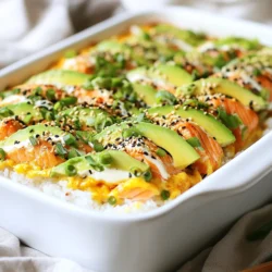 - 2 cups sushi rice - 2 ½ cups water - 1 tablespoon rice vinegar - 1 tablespoon sugar - ½ teaspoon salt - 1 pound cooked salmon, flaked - ½ cup mayonnaise - 2 tablespoons sriracha - 1 avocado, sliced - ¼ cup green onions, chopped - 1 sheet nori, cut into strips - Sesame seeds for garnish If you don't have sushi rice, you can use short-grain rice. It will give a similar texture. For the salmon, canned salmon works great if you want to save time. If you dislike mayonnaise, try Greek yogurt for a tangy twist. You can skip sriracha if you prefer a milder taste. Instead, add a dash of soy sauce for flavor. If you need a vegan option, substitute the salmon with marinated tofu or chickpeas. Fresh ingredients make a big difference. Use high-quality sushi rice for the best results. Rinse it well to remove excess starch. Choose fresh salmon or good-quality canned salmon for flavor. The avocado should be ripe but not mushy. Check green onions for crispness. Fresh nori adds a nice crunch. Finally, sesame seeds should be fresh for the best taste. {{ingredient_image_1}} First, we need to preheat the oven. Set it to 375°F (190°C). While that heats up, let’s make the sushi rice. Rinse 2 cups of sushi rice under cold water until the water runs clear. This step helps remove excess starch. Next, combine the rinsed rice with 2 ½ cups of water in a pot. Bring it to a boil. After boiling, cover the pot and lower the heat. Cook the rice on low for 20 minutes. Once done, remove it from heat and keep it covered for another 10 minutes. This helps the rice get fluffy. Now, let’s season the rice. In a small bowl, mix 1 tablespoon of rice vinegar, 1 tablespoon of sugar, and ½ teaspoon of salt. Stir until everything dissolves. After the rice has rested, fluff it with a fork. Gently fold in the vinegar mixture. This gives the rice its classic sushi flavor. Next, we prepare the salmon. In a bowl, combine 1 pound of flaked cooked salmon, ½ cup of mayonnaise, and 2 tablespoons of sriracha. Mix well until it’s all combined. Adjust the sriracha to your spice level. Now it's time to layer. In a baking dish, spread half of the seasoned sushi rice evenly on the bottom. Then, top it with the salmon mixture, spreading it gently. Finally, add the remaining rice on top, smoothing it out. Once layered, place the dish in the preheated oven. Bake for about 15 minutes. You want it heated through and a bit golden on top. When done, take it out and let it cool for a few minutes. Top with sliced avocado, chopped green onions, and sprinkle sesame seeds for that perfect crunch. Enjoy your sushi bake! To make the best sushi rice, rinse it well. Wash the rice until the water runs clear. This removes excess starch. Next, use the right water ratio. For 2 cups of sushi rice, use 2 ½ cups of water. This helps the rice cook evenly. After cooking, let it rest for ten minutes. This step makes the rice fluffier. You can boost the flavor of your sushi bake. Try adding more sriracha for heat. If you like a creamy texture, mix in more mayonnaise. You can also add diced cucumbers for a fresh crunch. Consider using fresh herbs like cilantro or basil for unique tastes. They add freshness that brightens your dish. Presentation matters! After baking, let your dish cool slightly. Then, top it with sliced avocado and chopped green onions. Sprinkle sesame seeds for a nice finish. Use nori strips as scoops. This makes eating fun and easy. Arrange everything on a colorful plate to impress your guests. A visually appealing dish makes every bite more enjoyable. Pro Tips Use Short Grain Sushi Rice: This type of rice is stickier and will hold together better, giving your sushi bake that authentic texture. Adjust Sriracha for Spice Level: If you prefer a milder flavor, start with less sriracha and add more to taste after baking. Let the Bake Rest: After baking, allow the dish to cool for a few minutes to help the layers set, making it easier to scoop. Garnish Just Before Serving: For the freshest taste and texture, add avocado and green onions right before serving. {{image_2}} To make a gluten-free version of this dish, choose gluten-free soy sauce instead of regular soy sauce. You can also use coconut aminos as a soy sauce substitute. For the sushi rice, just ensure it is labeled gluten-free. The other ingredients in the recipe are naturally gluten-free, making it easy to enjoy. While salmon is the star of this dish, you can switch up the protein. Try canned tuna or cooked shrimp for a new flavor. You can even use crab meat or tofu for a vegetarian option. Just keep the ratios similar to the salmon for the best taste. Want to boost the nutrition? Add vegetables like diced cucumber, shredded carrots, or bell peppers. These add crunch and color. You could also top your bake with pickled ginger or wasabi for an extra kick. Feel free to get creative with your favorite toppings to make it your own! Store leftovers in an airtight container. Let the dish cool down first. Place it in the fridge. It should stay fresh for up to three days. If you want to keep it longer, consider freezing it. To reheat, take the sushi bake out of the fridge. Preheat your oven to 350°F (175°C). Place the sushi bake in the oven for about 10 to 15 minutes. Cover it with foil to keep it moist. You can also use the microwave for quick reheating. Just heat it in short bursts, checking often. If you freeze the sushi bake, wrap it tightly in plastic wrap. Then, cover it with aluminum foil to prevent freezer burn. It can last for about three months in the freezer. To thaw, move it to the fridge overnight. Once thawed, reheat it in the oven or microwave. Enjoy your tasty leftovers! You can use Greek yogurt instead of mayonnaise. It adds creaminess and a tangy flavor. Another option is avocado. Mash it up and spread it over the salmon. You can also try vegan mayo for a plant-based choice. Just pick what you like best! Yes, you can prepare it ahead of time! Cook the rice and mix the salmon. Layer everything in the dish, then cover it tightly. Store it in the fridge for up to a day. When you're ready, just bake it. This saves time and makes serving easier. Check for a golden top. The edges should be bubbling, and it should feel warm in the center. If it's heated through and has a slight crisp, it's ready! Let it cool for a few minutes before serving. Enjoy the tasty meal! In this article, we covered key ingredients, step-by-step instructions, and useful tips for making sushi bake. We explored ingredient alternatives and how to enhance flavor. You learned about different variations and how to store leftovers. As you dive into this fun dish, remember to experiment and make it your own. Each step adds to the tasty experience. Enjoy the process and share the joy of sushi bake with others!