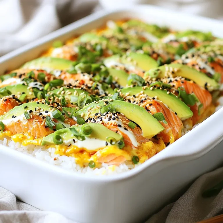 - 2 cups sushi rice - 2 ½ cups water - 1 tablespoon rice vinegar - 1 tablespoon sugar - ½ teaspoon salt - 1 pound cooked salmon, flaked - ½ cup mayonnaise - 2 tablespoons sriracha - 1 avocado, sliced - ¼ cup green onions, chopped - 1 sheet nori, cut into strips - Sesame seeds for garnish If you don't have sushi rice, you can use short-grain rice. It will give a similar texture. For the salmon, canned salmon works great if you want to save time. If you dislike mayonnaise, try Greek yogurt for a tangy twist. You can skip sriracha if you prefer a milder taste. Instead, add a dash of soy sauce for flavor. If you need a vegan option, substitute the salmon with marinated tofu or chickpeas. Fresh ingredients make a big difference. Use high-quality sushi rice for the best results. Rinse it well to remove excess starch. Choose fresh salmon or good-quality canned salmon for flavor. The avocado should be ripe but not mushy. Check green onions for crispness. Fresh nori adds a nice crunch. Finally, sesame seeds should be fresh for the best taste. {{ingredient_image_1}} First, we need to preheat the oven. Set it to 375°F (190°C). While that heats up, let’s make the sushi rice. Rinse 2 cups of sushi rice under cold water until the water runs clear. This step helps remove excess starch. Next, combine the rinsed rice with 2 ½ cups of water in a pot. Bring it to a boil. After boiling, cover the pot and lower the heat. Cook the rice on low for 20 minutes. Once done, remove it from heat and keep it covered for another 10 minutes. This helps the rice get fluffy. Now, let’s season the rice. In a small bowl, mix 1 tablespoon of rice vinegar, 1 tablespoon of sugar, and ½ teaspoon of salt. Stir until everything dissolves. After the rice has rested, fluff it with a fork. Gently fold in the vinegar mixture. This gives the rice its classic sushi flavor. Next, we prepare the salmon. In a bowl, combine 1 pound of flaked cooked salmon, ½ cup of mayonnaise, and 2 tablespoons of sriracha. Mix well until it’s all combined. Adjust the sriracha to your spice level. Now it's time to layer. In a baking dish, spread half of the seasoned sushi rice evenly on the bottom. Then, top it with the salmon mixture, spreading it gently. Finally, add the remaining rice on top, smoothing it out. Once layered, place the dish in the preheated oven. Bake for about 15 minutes. You want it heated through and a bit golden on top. When done, take it out and let it cool for a few minutes. Top with sliced avocado, chopped green onions, and sprinkle sesame seeds for that perfect crunch. Enjoy your sushi bake! To make the best sushi rice, rinse it well. Wash the rice until the water runs clear. This removes excess starch. Next, use the right water ratio. For 2 cups of sushi rice, use 2 ½ cups of water. This helps the rice cook evenly. After cooking, let it rest for ten minutes. This step makes the rice fluffier. You can boost the flavor of your sushi bake. Try adding more sriracha for heat. If you like a creamy texture, mix in more mayonnaise. You can also add diced cucumbers for a fresh crunch. Consider using fresh herbs like cilantro or basil for unique tastes. They add freshness that brightens your dish. Presentation matters! After baking, let your dish cool slightly. Then, top it with sliced avocado and chopped green onions. Sprinkle sesame seeds for a nice finish. Use nori strips as scoops. This makes eating fun and easy. Arrange everything on a colorful plate to impress your guests. A visually appealing dish makes every bite more enjoyable. Pro Tips Use Short Grain Sushi Rice: This type of rice is stickier and will hold together better, giving your sushi bake that authentic texture. Adjust Sriracha for Spice Level: If you prefer a milder flavor, start with less sriracha and add more to taste after baking. Let the Bake Rest: After baking, allow the dish to cool for a few minutes to help the layers set, making it easier to scoop. Garnish Just Before Serving: For the freshest taste and texture, add avocado and green onions right before serving. {{image_2}} To make a gluten-free version of this dish, choose gluten-free soy sauce instead of regular soy sauce. You can also use coconut aminos as a soy sauce substitute. For the sushi rice, just ensure it is labeled gluten-free. The other ingredients in the recipe are naturally gluten-free, making it easy to enjoy. While salmon is the star of this dish, you can switch up the protein. Try canned tuna or cooked shrimp for a new flavor. You can even use crab meat or tofu for a vegetarian option. Just keep the ratios similar to the salmon for the best taste. Want to boost the nutrition? Add vegetables like diced cucumber, shredded carrots, or bell peppers. These add crunch and color. You could also top your bake with pickled ginger or wasabi for an extra kick. Feel free to get creative with your favorite toppings to make it your own! Store leftovers in an airtight container. Let the dish cool down first. Place it in the fridge. It should stay fresh for up to three days. If you want to keep it longer, consider freezing it. To reheat, take the sushi bake out of the fridge. Preheat your oven to 350°F (175°C). Place the sushi bake in the oven for about 10 to 15 minutes. Cover it with foil to keep it moist. You can also use the microwave for quick reheating. Just heat it in short bursts, checking often. If you freeze the sushi bake, wrap it tightly in plastic wrap. Then, cover it with aluminum foil to prevent freezer burn. It can last for about three months in the freezer. To thaw, move it to the fridge overnight. Once thawed, reheat it in the oven or microwave. Enjoy your tasty leftovers! You can use Greek yogurt instead of mayonnaise. It adds creaminess and a tangy flavor. Another option is avocado. Mash it up and spread it over the salmon. You can also try vegan mayo for a plant-based choice. Just pick what you like best! Yes, you can prepare it ahead of time! Cook the rice and mix the salmon. Layer everything in the dish, then cover it tightly. Store it in the fridge for up to a day. When you're ready, just bake it. This saves time and makes serving easier. Check for a golden top. The edges should be bubbling, and it should feel warm in the center. If it's heated through and has a slight crisp, it's ready! Let it cool for a few minutes before serving. Enjoy the tasty meal! In this article, we covered key ingredients, step-by-step instructions, and useful tips for making sushi bake. We explored ingredient alternatives and how to enhance flavor. You learned about different variations and how to store leftovers. As you dive into this fun dish, remember to experiment and make it your own. Each step adds to the tasty experience. Enjoy the process and share the joy of sushi bake with others!