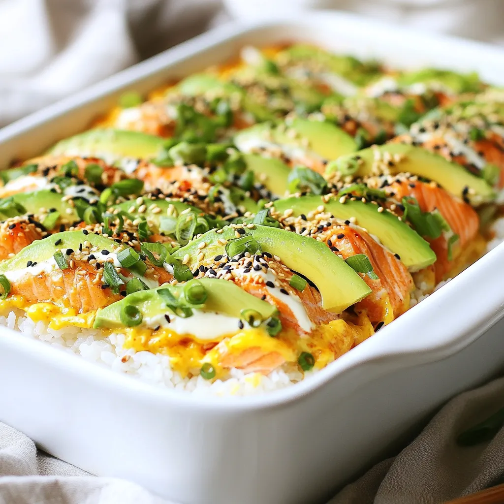 - 2 cups sushi rice - 2 ½ cups water - 1 tablespoon rice vinegar - 1 tablespoon sugar - ½ teaspoon salt - 1 pound cooked salmon, flaked - ½ cup mayonnaise - 2 tablespoons sriracha - 1 avocado, sliced - ¼ cup green onions, chopped - 1 sheet nori, cut into strips - Sesame seeds for garnish If you don't have sushi rice, you can use short-grain rice. It will give a similar texture. For the salmon, canned salmon works great if you want to save time. If you dislike mayonnaise, try Greek yogurt for a tangy twist. You can skip sriracha if you prefer a milder taste. Instead, add a dash of soy sauce for flavor. If you need a vegan option, substitute the salmon with marinated tofu or chickpeas. Fresh ingredients make a big difference. Use high-quality sushi rice for the best results. Rinse it well to remove excess starch. Choose fresh salmon or good-quality canned salmon for flavor. The avocado should be ripe but not mushy. Check green onions for crispness. Fresh nori adds a nice crunch. Finally, sesame seeds should be fresh for the best taste. {{ingredient_image_1}} First, we need to preheat the oven. Set it to 375°F (190°C). While that heats up, let’s make the sushi rice. Rinse 2 cups of sushi rice under cold water until the water runs clear. This step helps remove excess starch. Next, combine the rinsed rice with 2 ½ cups of water in a pot. Bring it to a boil. After boiling, cover the pot and lower the heat. Cook the rice on low for 20 minutes. Once done, remove it from heat and keep it covered for another 10 minutes. This helps the rice get fluffy. Now, let’s season the rice. In a small bowl, mix 1 tablespoon of rice vinegar, 1 tablespoon of sugar, and ½ teaspoon of salt. Stir until everything dissolves. After the rice has rested, fluff it with a fork. Gently fold in the vinegar mixture. This gives the rice its classic sushi flavor. Next, we prepare the salmon. In a bowl, combine 1 pound of flaked cooked salmon, ½ cup of mayonnaise, and 2 tablespoons of sriracha. Mix well until it’s all combined. Adjust the sriracha to your spice level. Now it's time to layer. In a baking dish, spread half of the seasoned sushi rice evenly on the bottom. Then, top it with the salmon mixture, spreading it gently. Finally, add the remaining rice on top, smoothing it out. Once layered, place the dish in the preheated oven. Bake for about 15 minutes. You want it heated through and a bit golden on top. When done, take it out and let it cool for a few minutes. Top with sliced avocado, chopped green onions, and sprinkle sesame seeds for that perfect crunch. Enjoy your sushi bake! To make the best sushi rice, rinse it well. Wash the rice until the water runs clear. This removes excess starch. Next, use the right water ratio. For 2 cups of sushi rice, use 2 ½ cups of water. This helps the rice cook evenly. After cooking, let it rest for ten minutes. This step makes the rice fluffier. You can boost the flavor of your sushi bake. Try adding more sriracha for heat. If you like a creamy texture, mix in more mayonnaise. You can also add diced cucumbers for a fresh crunch. Consider using fresh herbs like cilantro or basil for unique tastes. They add freshness that brightens your dish. Presentation matters! After baking, let your dish cool slightly. Then, top it with sliced avocado and chopped green onions. Sprinkle sesame seeds for a nice finish. Use nori strips as scoops. This makes eating fun and easy. Arrange everything on a colorful plate to impress your guests. A visually appealing dish makes every bite more enjoyable. Pro Tips Use Short Grain Sushi Rice: This type of rice is stickier and will hold together better, giving your sushi bake that authentic texture. Adjust Sriracha for Spice Level: If you prefer a milder flavor, start with less sriracha and add more to taste after baking. Let the Bake Rest: After baking, allow the dish to cool for a few minutes to help the layers set, making it easier to scoop. Garnish Just Before Serving: For the freshest taste and texture, add avocado and green onions right before serving. {{image_2}} To make a gluten-free version of this dish, choose gluten-free soy sauce instead of regular soy sauce. You can also use coconut aminos as a soy sauce substitute. For the sushi rice, just ensure it is labeled gluten-free. The other ingredients in the recipe are naturally gluten-free, making it easy to enjoy. While salmon is the star of this dish, you can switch up the protein. Try canned tuna or cooked shrimp for a new flavor. You can even use crab meat or tofu for a vegetarian option. Just keep the ratios similar to the salmon for the best taste. Want to boost the nutrition? Add vegetables like diced cucumber, shredded carrots, or bell peppers. These add crunch and color. You could also top your bake with pickled ginger or wasabi for an extra kick. Feel free to get creative with your favorite toppings to make it your own! Store leftovers in an airtight container. Let the dish cool down first. Place it in the fridge. It should stay fresh for up to three days. If you want to keep it longer, consider freezing it. To reheat, take the sushi bake out of the fridge. Preheat your oven to 350°F (175°C). Place the sushi bake in the oven for about 10 to 15 minutes. Cover it with foil to keep it moist. You can also use the microwave for quick reheating. Just heat it in short bursts, checking often. If you freeze the sushi bake, wrap it tightly in plastic wrap. Then, cover it with aluminum foil to prevent freezer burn. It can last for about three months in the freezer. To thaw, move it to the fridge overnight. Once thawed, reheat it in the oven or microwave. Enjoy your tasty leftovers! You can use Greek yogurt instead of mayonnaise. It adds creaminess and a tangy flavor. Another option is avocado. Mash it up and spread it over the salmon. You can also try vegan mayo for a plant-based choice. Just pick what you like best! Yes, you can prepare it ahead of time! Cook the rice and mix the salmon. Layer everything in the dish, then cover it tightly. Store it in the fridge for up to a day. When you're ready, just bake it. This saves time and makes serving easier. Check for a golden top. The edges should be bubbling, and it should feel warm in the center. If it's heated through and has a slight crisp, it's ready! Let it cool for a few minutes before serving. Enjoy the tasty meal! In this article, we covered key ingredients, step-by-step instructions, and useful tips for making sushi bake. We explored ingredient alternatives and how to enhance flavor. You learned about different variations and how to store leftovers. As you dive into this fun dish, remember to experiment and make it your own. Each step adds to the tasty experience. Enjoy the process and share the joy of sushi bake with others!