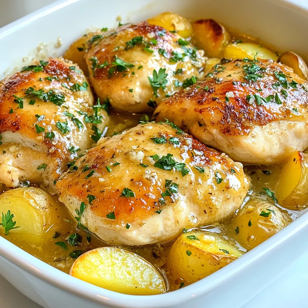 To make Garlic Parmesan Crockpot Chicken and Potatoes, you need some simple ingredients. Each one plays a big role in creating this tasty dish. Here’s what you will need: - 4 boneless, skinless chicken breasts - 1.5 lbs baby potatoes, halved - 5 cloves garlic, minced - 1 teaspoon Italian seasoning - 1/2 teaspoon black pepper - 1/2 teaspoon salt - 1 tablespoon olive oil - 1 cup grated Parmesan cheese - 1 cup chicken broth - Chopped fresh parsley for garnish These ingredients work together to give your meal a rich flavor. The garlic adds a nice kick, while the Parmesan gives it a creamy texture. The baby potatoes soak up all the broth, making them soft and delicious. This dish is not only filling but also full of taste. When you combine all these items, you create a warm, comforting meal that everyone will love. {{ingredient_image_1}} To start, grab a large mixing bowl. In it, combine 5 cloves of minced garlic, 1 cup of grated Parmesan cheese, 1 teaspoon of Italian seasoning, 1/2 teaspoon of black pepper, and 1/2 teaspoon of salt. Mix these ingredients well until they form a thick paste. This mixture will add great flavor to your chicken. Next, take your crockpot and drizzle 1 tablespoon of olive oil at the bottom. This will help prevent sticking. Add 1.5 pounds of halved baby potatoes to the bottom. Now, take your chicken breasts and rub the garlic-Parmesan mixture all over them. Place the chicken on top of the potatoes. Pour 1 cup of chicken broth around the edges of the crockpot. Be careful not to wash off the garlic-Parmesan mixture. Cover the crockpot with its lid. You can cook the chicken on low for 6 to 7 hours or on high for 3 to 4 hours. Make sure the chicken is cooked through and the potatoes are tender before serving. After cooking, check the seasoning. Adjust salt and pepper if needed. Serve hot, and don’t forget to add some chopped fresh parsley on top for a lovely finish! To keep your chicken juicy, always add enough broth. The liquid helps steam the chicken and potatoes, making them tender. I like to pour the broth around the edges. This way, it does not wash off the tasty garlic-Parmesan mix. You can also try adding a bit of lemon juice for extra flavor. Taste is key! After cooking, check how it tastes. If you want more flavor, add a little more salt or pepper. You can also mix in more garlic if you love its taste. Every kitchen is different, so feel free to adjust the seasonings. Layering is important. Always put the potatoes at the bottom of the crockpot. This keeps them from getting too mushy. Place the chicken on top so it cooks evenly. If you have large chicken breasts, try cutting them in half. This helps them cook faster and stay moist. Pro Tips Choose the Right Chicken: Using boneless, skinless chicken breasts ensures even cooking and tenderness. If you prefer dark meat, thighs can be used for a richer flavor. Enhance the Flavor: Marinating the chicken for a few hours or overnight with the garlic-Parmesan mixture can deepen the flavors and make your dish even more delicious. Potato Variations: Feel free to experiment with different types of potatoes, such as Yukon Gold or red potatoes, for varying textures and flavors. Garnish for Freshness: Adding chopped fresh parsley not only adds color but also brightens the dish with a fresh flavor. Consider using other herbs like thyme or rosemary for a twist. {{image_2}} You can boost your dish by adding vegetables. Carrots, green beans, and bell peppers work great. Slice them into small pieces for even cooking. Add them to the crockpot with the potatoes. This not only adds color but also extra vitamins. While Parmesan shines in this recipe, you can try other cheeses. Mozzarella gives a nice stretch. Cheddar adds a rich, sharp taste. Feel free to mix cheeses for more flavor. Just remember to adjust the amount to keep the balance right. You can cook this dish in the oven too. Preheat the oven to 375°F. Place the ingredients in a baking dish and cover with foil. Bake for about 45 minutes or until the chicken is done. This method gives a nice crispy top while keeping everything juicy. After you enjoy your meal, let leftovers cool. Place them in a tight container. Store them in the fridge for up to three days. This keeps your chicken and potatoes fresh and tasty. If you want to save some for later, freezing is a great option. Allow the dish to cool completely. Use freezer-safe bags or containers. Remove as much air as you can. You can freeze the leftovers for up to three months. When ready to eat, just thaw in the fridge overnight. To reheat, use a microwave or oven. If using a microwave, warm it in short bursts. Stir occasionally to heat evenly. If using an oven, set it to 350°F. Cover your dish to keep it moist. Heat for about 20 minutes or until hot. Enjoy your flavorful meal again! Yes, you can use frozen chicken. Just add about an hour to the cooking time. Make sure to check the chicken's temperature to ensure it's fully cooked. The chicken should reach 165°F in the thickest part. Using frozen chicken may change the sauce's texture slightly, but the flavor will still be great. This dish goes well with many sides. Here are a few ideas: - Fresh green salad - Steamed broccoli - Garlic bread - Rice or quinoa - Roasted vegetables These sides add color and nutrition to your meal. They also balance the rich flavors of the chicken and potatoes. You can tell the chicken is done by checking its temperature. Use a meat thermometer to check the thickest part of the chicken. If it reads 165°F, it’s safe to eat. You can also cut into the chicken. It should be white inside, with no pink. If it is still pink, cook it for a little longer. This blog post covered everything you need to know about Garlic Parmesan Crockpot Chicken and Potatoes. We discussed the key ingredients, step-by-step instructions, and helpful tips to ensure a tasty meal. You learned how to store leftovers and even explored some fun variations. Try this easy recipe, and enjoy the flavors. It’s perfect for busy days and will impress everyone at the table! Cooking should be fun and satisfying. Enjoy your time in the kitchen!