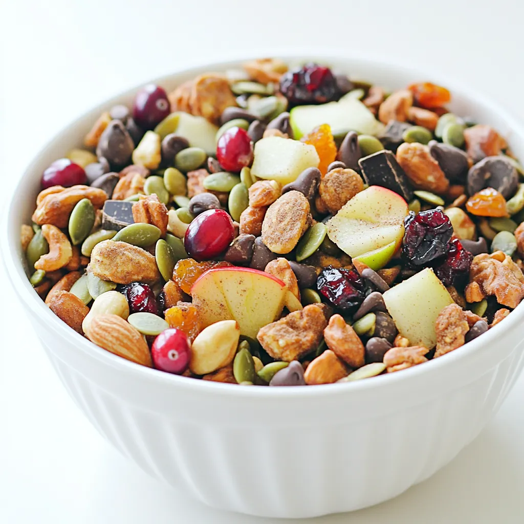 To create this tasty Fall Snack Mix, gather these simple ingredients: - 2 cups mixed nuts (almonds, pecans, walnuts) - 1 cup pumpkin seeds (pepitas) - 1 cup dried cranberries - 1 cup apple chips, chopped - 1 cup dark chocolate chips - 2 teaspoons ground cinnamon - 1 tablespoon maple syrup - 1/2 teaspoon sea salt - 1/2 cup puffed quinoa (optional for crunch) These ingredients blend well to give you a mix of flavors and textures. The nuts add crunch and protein, while pumpkin seeds bring a nice pop. Dried cranberries and apple chips give sweetness and chewiness. Dark chocolate chips add a rich flavor that kids love. The cinnamon and maple syrup bring warmth and sweetness, making this snack mix perfect for fall. You can also choose the puffed quinoa for a fun crunch. It makes the mix light and airy. Keep in mind that you can customize this mix. Add your favorite nuts or dried fruits. Enjoy making this simple and tasty snack! - Preheat your oven to 350°F (175°C). - In a large bowl, combine 2 cups of mixed nuts, 1 cup of pumpkin seeds, and 1/2 cup of puffed quinoa, if you want extra crunch. - Spread the nut and seed mix evenly on a baking tray lined with parchment paper. - Toast in the oven for 10 minutes. Stir the mix every few minutes to cook it evenly. - In a small bowl, mix 2 teaspoons of ground cinnamon, 1 tablespoon of maple syrup, and 1/2 teaspoon of sea salt. - Drizzle this cinnamon mix over the toasted nuts and seeds. Toss it well so everything gets coated. - Add 1 cup of chopped apple chips and 1 cup of dried cranberries to the bowl. Mix gently to combine. - Finally, stir in 1 cup of dark chocolate chips for a sweet touch. Mix well until every piece is coated. - Let the snack mix cool completely before you serve it. This helps the flavors meld together. To make your Fall Snack Mix even better, focus on a few key tips. - Ensuring even toasting: Stir the nuts and seeds often while toasting. This helps them brown evenly and prevents burning. Aim for a golden color, which adds great flavor. - Customizing flavors with spices: Feel free to play with spices! Add more cinnamon, or try nutmeg or ginger. You can even include a pinch of cayenne for heat. This makes your mix unique to your taste. Serving your snack mix well can make it more enjoyable. - Mason jars for presentation: Use small mason jars to hold your mix. This looks cute and makes it easy to grab a snack. You can even label each jar with fun names. - Packaging as gifts: Package the mix in clear bags tied with twine. These make great gifts for friends or family. Add a note with serving ideas or a fun recipe to share. {{image_2}} You can customize your fall snack mix to match your taste. Try using different nuts or seeds. Instead of almonds, pecans, or walnuts, you might like cashews or hazelnuts. Each nut brings its own flavor and texture. Adding dried fruits can elevate your mix. Instead of cranberries, consider raisins or figs for a sweet twist. These fruits not only add flavor but also provide extra nutrients. If you need gluten-free options, this snack mix is already a great choice. All the ingredients are naturally gluten-free. Just make sure your chocolate chips are also gluten-free. For nut-free substitutes, use seeds instead of nuts. Sunflower seeds work well and still give that crunch. You can replace chocolate chips with carob chips for a different flavor. This way, everyone can enjoy your fall snack mix! To keep your Fall Snack Mix fresh, use airtight containers. Glass jars or plastic bins work great. Make sure the containers are clean and dry before adding the mix. Store the snack mix in a cool, dark place, like a pantry or cupboard. The snack mix stays good for about two weeks at room temperature. If you want it to last longer, consider freezing it. Freezing is an easy way to keep your snack mix fresh for months. First, pack it in freezer-safe bags or containers. Remove as much air as possible before sealing. This helps prevent freezer burn. When you're ready to eat, take out the amount you want. Let it sit at room temperature for about 30 minutes. This will help it thaw evenly. Enjoy your snack mix at its best! This snack mix lasts about two weeks if stored well. Keep it in an airtight container. Store it in a cool, dry place. For best taste, avoid heat and moisture. If you want it to last longer, you can freeze it. Just remember to use a freezer-safe container. Yes, you can make this snack mix a few days in advance. It tastes great after the flavors mix. Just follow the recipe and let it cool completely. Then, store it in an airtight container. This keeps it fresh and tasty. You can swap out nuts based on what you have. Use cashews or peanuts instead of the mixed nuts. If you don’t have pumpkin seeds, sunflower seeds work well. Dried cherries or raisins can replace cranberries. For a crunch, you can skip the puffed quinoa if needed. This blog post covered how to make a delicious fall snack mix. You learned about the ingredients and steps for making it, from toasting nuts to mixing in treats like chocolate and cranberries. We also shared tips for serving your mix and suggested tasty variations to try. Enjoy this healthy snack anytime. With these easy steps, you can make it just right for you! Keep it fresh, share it with friends, and have fun experimenting. Happy snacking!