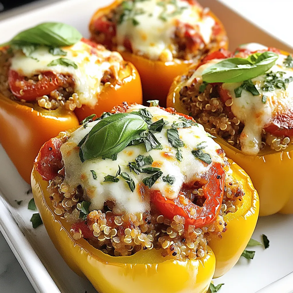 - 4 large bell peppers (any color) - 1 cup cooked quinoa or rice - 1 pound ground turkey or lean ground beef - 1 can (14 oz) diced tomatoes, drained - 1 small onion, diced - 2 cloves garlic, minced - 1 teaspoon Italian seasoning - ½ teaspoon red pepper flakes (optional) - Salt and pepper to taste - 1 cup shredded mozzarella cheese - Fresh basil for garnish - Olive oil, salt, and pepper When I start making Italian stuffed bell peppers, I gather all the ingredients first. The large bell peppers are the star of the dish. They add color and crunch. I love using a mix of colors, like red, yellow, and green, for a vibrant look. Next, I prepare the filling. I use cooked quinoa or rice to make it hearty and filling. Ground turkey or beef adds protein, making it a complete meal. The diced tomatoes bring a juicy sweetness. Onions and garlic are key for flavor. They add depth and aroma to the filling. Italian seasoning blends all the flavors together. I sometimes add red pepper flakes for a bit of heat, but that’s optional. Garnishing is just as important. Shredded mozzarella cheese melts beautifully on top. Fresh basil adds a pop of color and a fresh taste. A drizzle of olive oil, along with salt and pepper, brings it all together. These ingredients make the dish not just tasty but also fun to eat. {{ingredient_image_1}} 1. Preheat your oven to 375°F (190°C). This step ensures even cooking for your stuffed bell peppers. 2. Trim and season the bell peppers. Slice the tops off four large bell peppers. Remove the seeds and membranes. Drizzle with olive oil and sprinkle with salt. This adds flavor and helps them roast well. 3. Prepare the baking dish. Place the bell peppers upright in a baking dish. This will hold them steady while they bake. 1. Sauté onions and garlic. In a large skillet, heat one tablespoon of olive oil over medium heat. Add the diced onion and cook until soft, about five minutes. Then, add two minced garlic cloves and cook for one more minute. This mix creates a flavorful base. 2. Brown the meat. Add one pound of ground turkey or beef to the skillet. Cook until it’s browned, breaking it apart with a spatula. This process takes around seven to ten minutes. 3. Combine fillings and cheese. Stir in one can of drained diced tomatoes, one cup of cooked quinoa or rice, and one teaspoon of Italian seasoning. Mix well and cook for another two to three minutes. Finally, remove the skillet from heat, and stir in half a cup of shredded mozzarella cheese. This makes the filling creamy and delicious. 1. Stuff the peppers. Spoon the meat and quinoa mixture into each bell pepper. Press down gently to fit in all the filling. 2. Top with cheese. Sprinkle the remaining mozzarella cheese over the stuffed peppers. This will create a gooey, cheesy layer on top. 3. Baking and finishing touches. Cover the baking dish with foil and bake for 25 minutes. Then, remove the foil and bake for another 10 to 15 minutes. The peppers should be tender, and the cheese should be bubbly and golden. Let them cool slightly, then garnish with fresh basil leaves before serving. - Adding herbs and spices: Fresh herbs like basil or parsley boost flavor. You can also try oregano and thyme for a more robust taste. Just sprinkle them in while cooking the meat. - Using different meats or vegetarian options: Ground turkey is great, but you can use chicken, beef, or even lentils for a plant-based option. This keeps the dish flexible for any diet. - Oven vs. air fryer adaptations: You can cook these stuffed peppers in an air fryer for a quicker meal. Set the air fryer to 350°F and cook for about 20 minutes. The peppers will be tender and the cheese melty. - Pre-cooking methods for quicker prep: To save time, cook the quinoa or rice in advance. You can also sauté the meat and veggies ahead of time. This makes assembly fast and easy. - Creative serving suggestions: Serve the stuffed peppers on a wooden board or a colorful platter. This makes the dish pop and looks more inviting. - Enhancing dish aesthetics with garnishes: Fresh basil leaves add color and taste. A drizzle of balsamic glaze also makes the dish look fancy. Just a little goes a long way! Pro Tips Choose Colorful Peppers: Using a mix of bell pepper colors not only makes the dish visually appealing but also adds a variety of flavors. Seasoning is Key: Don't shy away from adjusting the seasoning. Taste your filling before stuffing the peppers to ensure it’s perfectly flavored. Make Ahead: You can prepare the filling in advance and stuff the peppers just before baking. This saves time on busy nights! Experiment with Fillings: Feel free to swap in other proteins like chicken or add vegetables such as spinach or mushrooms for added nutrition. {{image_2}} You can easily switch the protein in these stuffed peppers. Try using ground chicken or even tofu for a lighter dish. Ground turkey is lean and tasty, but ground beef works too. Each option gives a different flavor and texture, so feel free to experiment. Using different grains can change the dish entirely. Instead of quinoa or rice, try farro, barley, or even couscous. Each grain offers a unique taste and texture. You can also play with the color of the bell peppers. Red, yellow, and green peppers not only look pretty but also add different flavors. For those needing gluten-free options, simply use gluten-free grains. Quinoa is a great choice. If you're on a keto or low-carb diet, skip the grains altogether. You can stuff the peppers with just meat, cheese, and veggies. This keeps them low in carbs but full of flavor. Store any leftovers in airtight containers. This keeps them fresh and tasty. The stuffed peppers last about 3 to 4 days in the fridge. Make sure to let them cool down before sealing them. Check for any signs of spoilage before eating. To freeze stuffed peppers, wrap them tightly in plastic wrap. Place them in a freezer bag or container. They can last up to 3 months in the freezer. When you are ready to eat, thaw them overnight in the fridge. Reheat in the oven at 350°F until heated through, about 20-30 minutes. Preparing these peppers ahead makes weeknight meals easy. You can stuff and freeze them for quick dinners. When you’re ready to eat, just reheat them in the oven. For quick reheating, you can use the microwave for about 5-7 minutes on high. This keeps them moist and warm. You know stuffed peppers are done when they are soft and tender. The cheese should be melted and bubbly. Look for a nice golden color on top. This browning adds flavor and texture to the dish. You can check the peppers by poking them with a fork. If they feel soft, they are ready to eat. Yes, you can make stuffed peppers in advance. Prepare the filling and stuff the peppers a day ahead. Keep them in the fridge until you are ready to bake. For best storage, cover them tightly with foil or plastic wrap. This keeps them fresh and prevents drying out. You can serve many side dishes with stuffed peppers. A simple green salad pairs well. Garlic bread is also a great choice. For drinks, try a light white wine or sparkling water. These flavors complement the spices in the peppers nicely. Stuffed bell peppers are delicious and fun to make. You learned about the main ingredients, cooking steps, and how to enhance flavors. Storing tips help keep your meal fresh, while variations let you customize each dish. Try using different proteins or grains to match your taste. This dish is great for meal prep and can fit many diets. Enjoy the process and share this recipe with others. Cooking should be a tasty adventure!