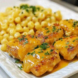 - 2 boneless, skinless chicken breasts - 1/4 cup honey - 3 tablespoons soy sauce - 3 cloves garlic, minced - 4 tablespoons unsalted butter - 8 oz elbow macaroni - 1 cup shredded sharp cheddar cheese - 1/2 cup milk - Salt and pepper - 1/4 teaspoon paprika - Fresh parsley, chopped First, season the chicken breasts. Sprinkle salt and pepper on both sides. This step adds flavor. Next, heat a skillet over medium-high heat. Melt 2 tablespoons of butter in the skillet. Once hot, place the chicken in the skillet. Cook for about 6-7 minutes per side. The chicken should turn golden brown. Check that it's fully cooked through. Remove the chicken from the skillet and set it aside. In the same skillet, add the remaining butter and minced garlic. Sauté for about 1 minute. The garlic should smell great. Then, add honey and soy sauce to the skillet. Stir to mix well. Let this sauce simmer for about 2-3 minutes. This makes the sauce thicken slightly. After that, return the chicken to the skillet. Coat each piece well with the honey garlic sauce. Simmer for an extra 2 minutes to soak in the flavor. While the chicken simmers, boil a pot of salted water. Add elbow macaroni and cook according to the package. It should be al dente. Drain the macaroni when done and set aside. In the same pot, pour in the milk. Add the drained macaroni back in. Stir in the cheddar cheese and paprika. Mix until the cheese melts and turns creamy. If it’s too thick, add a splash of milk to reach the right creaminess. Slice the honey garlic butter chicken. Serve it next to the cheesy macaroni. Drizzle with extra honey garlic sauce. Don’t forget to sprinkle chopped parsley on top. It adds a nice touch! {{ingredient_image_1}} To ensure juicy chicken, start by seasoning it well. Use salt and pepper to enhance flavor. Cook the chicken over medium-high heat for the right texture. Aim for about 6-7 minutes on each side. Check for doneness with a meat thermometer. The internal temperature should reach 165°F. If you don’t have a thermometer, cut into the chicken. The meat should be white with no pink inside. Let the chicken rest for a few minutes after cooking. This helps keep it moist. For creamy mac and cheese, you can adjust the milk amount. Start with 1/2 cup and add more if needed. Use shredded cheese for easy melting. Sharp cheddar works best for flavor. When cooking the cheese, keep the heat low. Stir often to prevent burning. If the cheese does not melt completely, add a splash of milk. This will help create that perfect creamy texture. To store leftover Honey Garlic Butter Chicken with Mac, follow these tips: - Let the dish cool down first. - Use an airtight container to keep it fresh. - Store it in the fridge for up to three days. This keeps the chicken moist and the macaroni creamy. Freezing this dish is easy if you do it right: - Cut the chicken into smaller pieces. This helps it freeze well. - Place the chicken and macaroni in a freezer-safe bag or container. - Be sure to remove as much air as possible before sealing. To reheat, follow these steps for the best texture: - Thaw in the fridge overnight. - Warm it in a pan over medium-low heat. - Add a splash of milk to keep it creamy. This way, you can enjoy your delicious meal later! Pro Tips Use Fresh Garlic: Freshly minced garlic enhances the flavor of the sauce, making it more aromatic and delicious. Adjust Sweetness: Feel free to adjust the amount of honey based on your sweetness preference. You can also use maple syrup for a different flavor. Cheese Variations: Experiment with different types of cheese like mozzarella or gouda for unique flavors in your mac and cheese. Rest the Chicken: Let the chicken rest for a few minutes after cooking for juicier meat before slicing. {{image_2}} Can I use chicken thighs instead of breasts? Yes, you can use chicken thighs. They add more flavor and stay juicy. Just cook them until they reach 165°F. This usually takes about 7-9 minutes per side. How long should I cook the chicken for? Cook the chicken breasts for about 6-7 minutes on each side. Look for a golden brown color. The chicken needs to be fully cooked to 165°F for safety. Is the recipe gluten-free? No, this recipe is not gluten-free. The soy sauce contains gluten. You can use gluten-free soy sauce as a substitute. This change makes the dish safe for those with gluten allergies. Can I make this dish dairy-free? Yes, you can make it dairy-free. Use dairy-free butter and a plant-based milk. This swap keeps the dish tasty while meeting dietary needs. What side dishes pair well with Honey Garlic Butter Chicken? This dish pairs well with simple sides like steamed broccoli or a fresh salad. You can also serve it with crusty bread to soak up the sauce. How to serve for a dinner party? For a dinner party, slice the chicken and arrange it on a platter. Serve the macaroni and cheese in a separate bowl. This makes it easy for guests to serve themselves. Garnish with parsley for a nice touch. This blog post covered a tasty recipe for Honey Garlic Butter Chicken with macaroni and cheese. You learned about key ingredients, seasoning tips, and step-by-step instructions for cooking. We also explored variations to suit your taste and smart storage practices to keep leftovers fresh. My final thought: this dish is easy, fun, and perfect for family meals. Enjoy the cooking process and make this your go-to recipe!