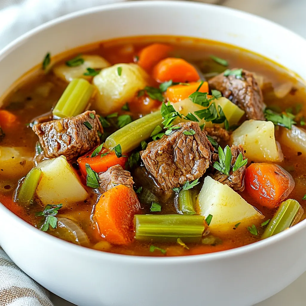 To make Old Fashioned Vegetable Beef Soup, gather these key ingredients: - 1 lb beef stew meat, cut into 1-inch cubes - 2 tablespoons olive oil - 1 large onion, diced - 3 cloves garlic, minced - 4 medium carrots, sliced - 3 stalks celery, sliced - 2 medium potatoes, diced - 1 cup green beans, trimmed and cut into 1-inch pieces - 1 can (14.5 oz) diced tomatoes, undrained - 6 cups beef broth - 1 bay leaf - 1 teaspoon dried thyme - Salt and pepper to taste - Fresh parsley, chopped (for garnish) You can swap some of these items based on what you have. For the beef stew meat, use chuck roast or even ground beef. If you need a lighter option, try chicken. Instead of beef broth, vegetable broth works well too. You can also mix in other veggies, like peas or corn. If you do not have fresh parsley, dried herbs can add flavor too, but use less. Fresh ingredients usually taste better in soup. Fresh carrots and celery give crunch and flavor. However, canned tomatoes are fine. They add richness and save time. When using canned goods, rinse them to reduce sodium. Both fresh and canned can work, so use what you prefer. Remember, fresh herbs can boost flavor, but dried will still do the job. Use what you have on hand. {{ingredient_image_1}} To start, gather all your ingredients. You will need: - 1 lb beef stew meat, cut into 1-inch cubes - 2 tablespoons olive oil - 1 large onion, diced - 3 cloves garlic, minced - 4 medium carrots, sliced - 3 stalks celery, sliced - 2 medium potatoes, diced - 1 cup green beans, trimmed and cut into 1-inch pieces - 1 can (14.5 oz) diced tomatoes, undrained - 6 cups beef broth - 1 bay leaf - 1 teaspoon dried thyme - Salt and pepper to taste - Fresh parsley, chopped (for garnish) This is important for a smooth cooking process. 1. Heat the olive oil in a large soup pot over medium-high heat. 2. Add the beef stew meat. Brown it on all sides for about 5-7 minutes. 3. Remove the beef and set it aside. 4. In the same pot, add the diced onion and minced garlic. Sauté until the onion turns translucent, about 3-4 minutes. 5. Next, add the sliced carrots, celery, and diced potatoes. Cook these for about 5 minutes, stirring often. 6. Return the browned beef to the pot. Add the green beans, diced tomatoes (with their juice), beef broth, bay leaf, dried thyme, salt, and pepper. 7. Bring everything to a boil. Once it boils, reduce the heat to low. Cover the pot and let it simmer for 1.5 to 2 hours. Stir occasionally and adjust the seasoning as needed. 8. When the soup is ready, remove the bay leaf. Stir in fresh parsley just before serving. Browning the meat adds deep flavor. Here are some tips: - Use a wide pot for better heat distribution. - Don’t crowd the pot; brown in batches if needed. - Let the meat sit without stirring for a few minutes. This helps it brown better. - Ensure the oil is hot enough before adding the meat. You can test it by adding a small piece of beef; it should sizzle right away. These steps will help you create a rich and flavorful soup, perfect for any meal. To make your soup really shine, use fresh herbs. Fresh parsley adds a bright touch. You can also try adding a splash of Worcestershire sauce. This adds depth and richness. If you like a kick, a dash of hot sauce works well too. For extra umami, toss in a bit of soy sauce. Remember, balance is key. Tasting as you go helps you find the right mix. Using a slow cooker is a great option. Just brown the meat first, then add all the ingredients. Set it on low for 6-8 hours. The flavors meld beautifully over time. If you're short on time, the Instant Pot is perfect. After browning the meat, add all the ingredients. Cook on high pressure for 35 minutes. Quick and tasty! Seasoning is where your soup can really pop. Start with the basics: salt and pepper. Taste after the soup simmers for a while. You can adjust the salt to your liking. If you want more flavor, add extra thyme or even rosemary. A squeeze of lemon juice at the end brightens everything up. Don’t forget, seasoning can change based on your taste, so experiment! Pro Tips Brown the Meat: Ensure you brown the beef stew meat well to enhance the flavor of the soup. This step adds a rich depth to the final dish. Use Fresh Herbs: For a brighter flavor, consider adding fresh thyme or parsley instead of dried. Fresh herbs can elevate the taste of your soup. Adjust the Vegetables: Feel free to customize the vegetable mix based on what you have on hand or prefer. Peas, corn, or bell peppers are great additions! Let it Rest: Allow the soup to cool before refrigerating. The flavors will meld together even more, making it taste even better the next day! {{image_2}} You can change the veggies in this soup to fit your tastes. If you want to go lighter, use zucchini or bell peppers. Both add great flavor and color. For a heartier twist, add butternut squash or sweet potatoes. You can also swap out green beans for peas or corn. Be brave and mix different veggies from your fridge! If you prefer chicken or turkey, this soup works great with them. Use boneless, skinless chicken thighs or breasts. Just cut them into bite-sized pieces. Brown them the same way as beef. This gives you a lighter soup but keeps it just as hearty. Ground turkey is another option. It cooks quickly and fits well in this dish. To make this soup gluten-free, use gluten-free beef broth. Check labels to make sure it’s safe. You can also skip the bay leaf if you are unsure. This soup is already packed with flavor from the meat and veggies. Enjoy it with gluten-free bread or crackers to keep things simple and tasty. After making your Old Fashioned Vegetable Beef Soup, let it cool down. Once cool, place the soup in a tight container. It will stay fresh in the fridge for about three to four days. Always check for signs of spoilage before eating. If you see mold or smell something off, toss it. To freeze your soup, follow the same cooling process. Use freezer-safe containers or bags. Leave some space at the top, as soup expands when it freezes. This soup can last in the freezer for up to three months. When you're ready to enjoy it again, just pull it out and thaw in the fridge overnight. Reheat your soup on the stove for the best taste. Heat it over medium heat, stirring often. You can also use a microwave. Pour the soup into a bowl and heat it in short bursts, stirring in between. Make sure it’s hot all the way through before serving. If it thickens too much, add a bit of broth or water to get your desired consistency. Old Fashioned Vegetable Beef Soup lasts about 3 to 4 days in the fridge. Store it in an airtight container. This helps keep it fresh and tasty. The flavors often deepen over time, making it even better the next day. Yes, you can make this soup ahead of time. It freezes well too. Prepare it on a weekend, then freeze portions. This is a great way to have a quick meal ready for busy days. Just thaw and reheat when you need it. Serve this soup with crusty bread or crackers. A fresh salad also pairs well. You might enjoy a slice of cornbread on the side for a warm touch. Each option enhances the meal and makes it more filling. This blog post covers everything needed to make Old Fashioned Vegetable Beef Soup. We explored key ingredients, substitutions, and differences between fresh and canned items. You learned step-by-step cooking methods and tips for browning meat. Flavor enhancements, cooking variations, and seasoning adjustments help you personalize your dish. Storage tips ensure your soup stays fresh and tasty for longer. With answers to common questions, you're now ready to create a delicious soup that suits your taste. Enjoy making your own tasty version of this classic recipe!