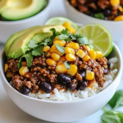 - 1 lb ground beef - 1 tablespoon olive oil - 1 small onion, diced - 2 cloves garlic, minced - 1 tablespoon soy sauce - 2 tablespoons hot honey - 1 teaspoon smoked paprika - 1 teaspoon ground cumin - 2 cups cooked jasmine rice - 1 cup corn kernels (fresh or frozen) - 1 cup black beans, drained and rinsed - 1 avocado, sliced - Fresh cilantro, for garnish - Lime wedges, for serving The heart of the Hot Honey Ground Beef Bowl lies in its simple yet vibrant flavors. First, I choose ground beef for its rich taste and easy cooking. I like using olive oil to sauté the onion and garlic, adding depth to the dish. For flavor enhancers, I blend soy sauce, hot honey, smoked paprika, and ground cumin. The hot honey gives a sweet kick, while paprika adds a smoky touch. The bowl's base is cooked jasmine rice, which pairs well with the beef and toppings. I then heap corn and black beans on top for color and nutrition. Finally, I add sliced avocado, fresh cilantro, and lime wedges for a burst of freshness. This combination makes each bite exciting and satisfying. {{ingredient_image_1}} 1. Sautéing onions and garlic: Start by heating one tablespoon of olive oil in a large skillet over medium-high heat. Add the diced onion. Cook for about 3-4 minutes until it is soft. Next, add two cloves of minced garlic. Cook for 30 seconds more until you smell that lovely garlic aroma. 2. Browning the ground beef: Now it’s time to add one pound of ground beef to the skillet. Break it up with a spatula as it cooks. Keep stirring until it turns brown and is fully cooked. This should take about 5-7 minutes. If there is too much fat, drain it off. 1. Adding soy sauce and hot honey: Once the beef is browned, stir in one tablespoon of soy sauce and two tablespoons of hot honey. The sweet and spicy combo really makes this dish pop! 2. Simmering to enhance flavors: Next, add one teaspoon of smoked paprika, one teaspoon of ground cumin, and some salt and pepper to taste. Mix it all well. Let it simmer for 2-3 minutes. This step helps the flavors meld together and create a delicious sauce. 1. Layering jasmine rice: For the base, take 2 cups of cooked jasmine rice. Place one cup in each serving bowl. This rice will soak up all the flavors from the beef. 2. Adding toppings and garnishes: Top the rice with the hot honey ground beef mixture. Add a scoop of corn and black beans on top. Then, arrange sliced avocado and sprinkle fresh cilantro for a nice touch. Serve with lime wedges on the side. Just a squeeze of lime adds a bright zing! Browning ground beef perfectly To get that nice brown color, heat your skillet to medium-high. Add olive oil first, then the ground beef. Break it up gently but wait a bit before stirring. This helps the beef brown well. Look for a rich brown color, not gray. It takes about 5 to 7 minutes. Importance of simmering After adding hot honey and other spices, let the mixture simmer. Simmering helps the flavors mix well. It also makes the beef more juicy and tasty. Just 2 to 3 minutes can make a big difference in taste. Adjusting spice levels with hot honey Hot honey gives a sweet and spicy kick. If you want it hotter, add more hot honey a little at a time. Taste your beef mixture as you go. This way, you find the right heat level for you. Using fresh ingredients Fresh ingredients make a big impact on flavor. Use fresh garlic and real corn if you can. Fresh cilantro also adds a burst of flavor. These ingredients help your dish taste bright and clean. Choosing the right rice I love jasmine rice for this bowl. It's soft and fragrant. You can also use brown rice if you want something healthier. Just make sure the rice is cooked well to hold the beef and toppings. Ideal garnishes for flavor Add sliced avocado and fresh cilantro on top. The creamy avocado pairs nicely with the spicy beef. Lime wedges are a must for squeezing on top. The lime adds a nice zing and balances the dish perfectly. Pro Tips Use Lean Ground Beef: Opt for lean ground beef (90% or 93% lean) to reduce excess grease and make the dish healthier without sacrificing flavor. Customize the Heat: Adjust the amount of hot honey based on your spice preference. Add a splash of sriracha or chili flakes for an extra kick! Fresh Ingredients Matter: Use fresh garlic and onion for the best flavor. Fresh herbs like cilantro can elevate the dish even more. Perfect Rice: Ensure your jasmine rice is fluffy and perfectly cooked. Rinse it before cooking to remove excess starch, which prevents it from becoming gummy. {{image_2}} You can switch out ground beef for ground turkey or chicken. Both options are leaner and still tasty. If you want a vegan meal, try plant-based beef. It mimics the texture and flavor of meat well, making it a great choice. The type of hot honey you use can change the dish. Sweet hot honey gives a mild kick, while spicy hot honey adds a serious bite. You can also play with spices. Try adding garlic powder or onion powder for depth. Fresh herbs like basil or oregano can also brighten the dish. Feel free to add seasonal vegetables to your bowl. Bell peppers, zucchini, or spinach can add color and nutrients. If you like, you can turn this bowl into a taco or burrito. Just wrap the beef mixture and toppings in a tortilla for a fun twist. To keep your hot honey ground beef bowl fresh, store it in an airtight container. Let it cool down first to avoid steam buildup. Place the bowl in the fridge. It stays good for about 3 to 4 days. When it's time to reheat, the microwave works well. Use a microwave-safe dish and cover it with a lid or wrap. Heat in short bursts, stirring often. This helps keep the rice from getting soggy. You can also use a skillet on low heat for even heating. Freezing is a great way to save leftovers. First, cool the beef mixture. Then, portion it into freezer bags. Squeeze out as much air as possible before sealing. To thaw, place it in the fridge overnight. Reheat it gently on the stove to keep the texture nice. Yes, you can make this recipe ahead of time. It is great for meal prep. Here are some tips: - Cook the beef mixture: Make the beef mixture and store it in the fridge. It lasts up to three days. - Prepare the rice: Cook jasmine rice in advance. Store it separately to keep it fresh. - Pack toppings: Slice the avocado just before serving to keep it green. Store all other toppings in containers. - Reheat easily: When ready to eat, warm the beef and rice in the microwave. Assemble your bowl with toppings. If you don't have hot honey, don’t worry! There are great alternatives: - Regular honey: Mix it with a bit of hot sauce for spice. - Maple syrup: Add some chili flakes for heat. - Agave nectar: This works well too; just add a dash of sriracha. - Barbecue sauce: It gives a sweet and spicy flavor. Yes, you can easily make this recipe gluten-free. Here’s how: - Soy sauce: Use gluten-free soy sauce or tamari. - Check other ingredients: Make sure your hot honey and any sauces are gluten-free. - Rice and beans: Both are naturally gluten-free, so you’re all set there. With these swaps, you can enjoy this dish without worry! This blog shared a simple beef bowl recipe that’s easy and tasty. You learned about key ingredients like ground beef, jasmine rice, and fresh toppings. We went through step-by-step instructions to make cooking simple. I also offered tips for enhancing flavors, making swaps, and storing leftovers. Cooking should be fun and stress-free. Try these tweaks to fit your taste. Enjoy your delicious beef bowls!