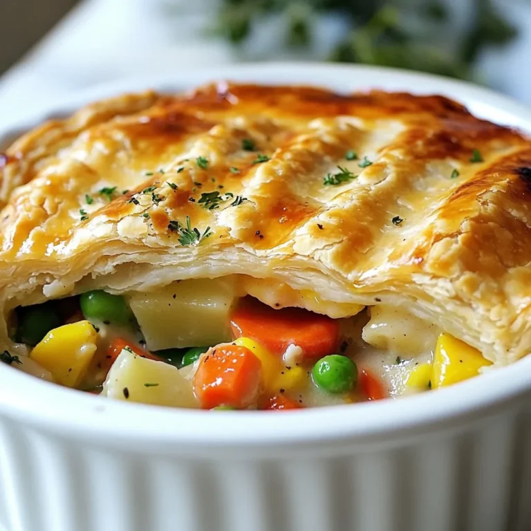 - 2 cups cooked chicken, shredded - 1 cup frozen mixed vegetables (peas, carrots, corn) - 1/2 cup diced potatoes, boiled until tender - 1/2 cup onion, chopped - 1/2 cup celery, chopped - 1/4 cup butter - 1/4 cup all-purpose flour - 1 cup chicken broth - 1 cup milk - 1 teaspoon garlic powder - 1 teaspoon thyme - Salt and pepper to taste - 2 pre-made pie crusts (store-bought or homemade) - 1 egg, beaten (for egg wash) Each item plays a key role in making the pot pie warm and tasty. The cooked chicken brings protein. The mixed vegetables add color and nutrients. Diced potatoes give it heartiness. Onions and celery create a great flavor base. Butter and flour make a smooth sauce. Chicken broth and milk help bind it all together. Seasonings like garlic powder and thyme boost the taste. The pie crust wraps everything in a flaky hug. Lastly, the egg wash gives a shiny look. {{ingredient_image_1}} 1. Start by melting the butter in a large skillet over medium heat. 2. Add the chopped onion and celery. Sauté them for about 5 to 7 minutes. They should be soft and clear. 3. Next, stir in the flour and cook for one minute. This forms a roux. 4. Slowly whisk in the chicken broth and milk. Make sure there are no lumps. 5. Add garlic powder, thyme, salt, and pepper to taste. 6. Bring this mix to a gentle simmer. Let it thicken for about 5 minutes. 7. Once thick, stir in the cooked chicken, mixed vegetables, and boiled potatoes. Remove from heat and set aside. 1. Roll out one pie crust on a clean surface. Fit it into a 9-inch pie dish. 2. Pour the chicken filling into the bottom crust. 3. Roll out the second pie crust. Place it over the filling. 4. Crimp the edges to seal the pie. Make slits in the top for steam to escape. 1. Brush the top crust with the beaten egg for a nice golden finish. 2. Bake in the preheated oven at 425°F (220°C) for 30 to 35 minutes. 3. Look for a golden brown crust and bubbly filling to know it's ready. 4. Once done, let the pie cool for 10 minutes before slicing. - How to achieve a flaky crust To get a flaky crust, keep your ingredients cold. Use chilled butter and cold water. When mixing, work quickly. Don’t over-knead the dough. Use a light touch to keep air pockets. - Adjusting seasonings to taste Taste your filling before baking. Add more salt, pepper, or herbs if needed. Garlic powder and thyme bring great flavor. Adjust these based on your preference. A little extra spice can make a big difference. - Ensuring even cooking Preheat your oven to 425°F (220°C). This helps the crust bake evenly. Make sure to cut slits in the top crust. This allows steam to escape and stops sogginess. - Using store-bought ingredients To save time, use pre-made pie crusts. You can also buy rotisserie chicken. This cuts down on cooking and prep time. Frozen mixed veggies make it quick and easy. - Preparing filling ahead of time You can make the filling a day ahead. Store it in the fridge. When you're ready to bake, just pour it into the crust. This makes your meal prep much easier. Pro Tips Use Rotisserie Chicken: For a quicker prep time, consider using store-bought rotisserie chicken. It adds great flavor and saves you the step of cooking the chicken yourself. Thicken the Filling: If you prefer a thicker filling, allow it to simmer a bit longer before pouring it into the crust. Just be careful not to let it get too thick to pour. Egg Wash for Shine: Brushing the top crust with beaten egg not only gives it a beautiful golden color but also adds a slight sheen that makes your pie look professional. Let it Rest: Allow the pie to cool for at least 10 minutes after baking. This resting period helps the filling set, making it easier to slice and serve. {{image_2}} You can easily change up the veggies in your pot pie. Try using fresh spinach, green beans, or even mushrooms. Each vegetable brings a new taste. Adding herbs and spices can make your pie even better. Try rosemary or basil for a fresh kick. A pinch of paprika can also add warmth. If you need a gluten-free option, look for gluten-free pie crusts. Many stores sell them now. You can also make your own crust with almond flour or rice flour. For a dairy-free filling, use almond milk or coconut milk instead of regular milk. You can also swap butter for olive oil or vegan butter. These changes keep the pie tasty for everyone. After you enjoy your double crust chicken pot pie, store any leftovers properly. Keep the pie in the fridge if you plan to eat it soon. Use an airtight container or cover it tightly with plastic wrap. This helps the pie stay fresh and tasty. Consume the leftovers within three days for the best flavor. If you want to keep it longer, freezing is a great option. First, let the pie cool completely. Then wrap it tightly in plastic wrap. After that, place it in a freezer-safe bag or container. This will keep it safe for up to three months. When you're ready to eat, you can thaw it in the fridge overnight. When it’s time to enjoy your leftover chicken pot pie, reheating is key. The best method is to use the oven. Preheat your oven to 350°F (175°C). Place the pie on a baking sheet to catch any drips. Heat it for about 20-30 minutes. This will warm the filling and crisp the crust. If you're short on time, a microwave works too. Just be sure to cover the pie with a damp paper towel. This keeps the moisture in and prevents the crust from getting too hard. Microwaving might not make the crust crisp, but it will be quick and easy. No matter how you reheat it, check that the filling is hot. This ensures the pie stays delicious and safe to eat. It takes about one hour to make this pot pie. You will spend 20 minutes prepping and 30 to 35 minutes baking. This quick time makes it a great meal for busy days. Yes, you can use leftover chicken! It is a great way to use what you have. Just shred the chicken into small pieces. This will save you time and add extra flavor to your pot pie. Some great side dishes are: - Simple green salad - Steamed vegetables - Garlic bread - Mashed potatoes These sides balance the meal and add freshness. Your pot pie is done when the crust is golden brown. The filling should bubble around the edges. You can check by inserting a knife into the filling. If it is hot, it is ready to eat! In this article, we covered all you need for a great chicken pot pie. We discussed essential ingredients, from cooked chicken to pie crusts. The step-by-step instructions guide you through making the filling, assembling, and baking. We also shared helpful tips, variations, and storage info to keep your pie fresh. Making this dish is fun and rewarding. With your new skills, your pot pie will impress everyone. Enjoy sharing this classic meal and the joy it brings!